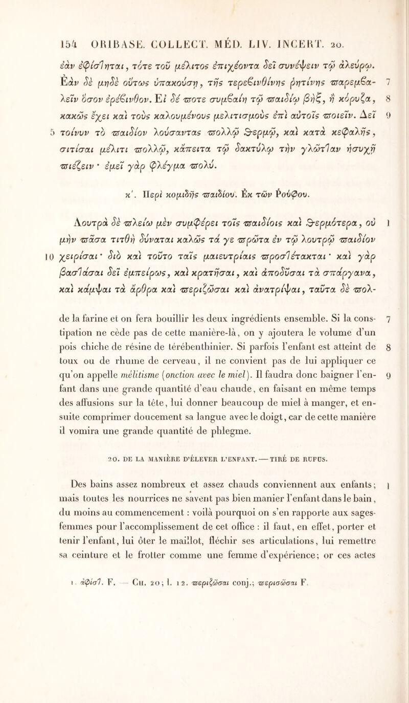 éoLv ε(ρίσ1ηται, τότε τον μελιτο$ έτίιγέοντα ^εΐ συνέ'^ειν τω άΧεύρω. Εάι^ ^ε μη^ε οϋτωζ ύττακουσγ, της τερεβινθίνης ρητίνης 'δταρεμβα- 7 λείν όσον ερέβινθον. E/ Sé τίποτε συμ^αίη τω τΰαώίω βη^, η κόρυζα, 8 κακώς εγει κα\ τούς καλούμενους μελιτισμούς εττ) αύτοίς τ^ίοιείν. ΔεΤ 9 5 τοίνυν το τ^αώίον λούσαντας τΰολλώ Β-ερμώ, καί κατά κεφαλής ^ σιτίσαι μελιτι τ^ολλώ, καπειτα τω ^ακτύλω την γλώτΙαν ησυγβ 'ΰτιεζειν · εμεί γάρ φλέγμα τιτολύ. κ'. Περί κομώης τιταώίον. Éw των Ρούφον. Αουτρά ^ε τι^λείω μύν συμφέρει το7ς τΰαι^ίοις κα) Β-ερμότερα, ού 1 μην τΰασα τιτθη ^ύναται καλώς τα γε τΰρώτα εν τφ λουτρώ TSaiSiov 0 γειρίσαι * Sio και τούτο ταΐς μαιευτρίαις τΰροσΊετακται * κα) γάρ βασίάσαι Sεί εμττείρως, κα) κρατησαι, κα) ά'πoSύσaι τά σπάργανα, κα) κάμ^αι τά άρθρα κα) τπεριζώσαι κα) άνατρί^αι, ταύτα Sè πίολ- de la farine et on fera bouillir les deux ingrédients ensemble. Si la cons- 7 tipation ne cède pas de cette manière-là, on y ajoutera le volume d’un pois cbicbe de résine de térébentbinier. Si parfois l’enfant est atteint de 8 toux ou de rhume de cerveau, il ne convient pas de lui appliquer ce qu’on appelle mélitisme [onction avec le miel). Il faudra donc baigner l’en- 9 fant dans une grande quantité d’eau chaude, en faisant en même temps des allusions sur la tête, lui donner beaucoup de miel à manger, et en- suite comprimer doucement sa langue avec le doigt, car de cette manière il vomira une grande quantité de pblegme. 20. DE LA MANIÈRE D’ELEVER L’ENFANT. TIRÉ DE RÜFOS. Des bains assez nombreux et assez chauds conviennent aux enfants; i 4 mais toutes les nourrices ne savent pas bien manier l’enfant dans le bain, du moins au commencement : voilà pourquoi on s’en rapporte aux sages- femmes pour l’accomplissement de cet office ; il faut, en effet, porter et tenir l’enfant, lui ôter le maillot, fléchir ses articulations, lui remettre sa ceinture et le frotter comme une femme d’expérience; or ces actes i. άφίσΙ. F. — Ch. 20; 1. 12. conj.; τχεριαώσαι F.