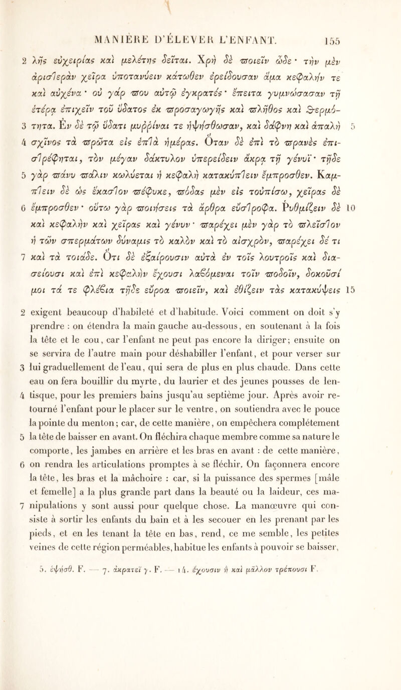 2 ληζ εύχειρίαζ κα) μελέτη? ^εϊται. Χρη Sè τΰοιείίν ώ^ε * την μèv άρισίεραν χεϊρσ. ύττοτανυειν κάτωθεν έρεί^ουσαν άμα κεφαλήν τε κα\ αύγενα * ού yap τΰου αύτω έγκρατέ? * έπειτα γυμνώσασαν τγ ετέρα επιγ^εΐν του ϋ^ατο? εκ 'ϋίροσαγωγη? κα\ τΰληθο? κα) ^ερμό- 3 τητα. Ér ^ε τω ΰ^ατι μυρρίναι τε η·>1^ησθωσαν, και ^ά(ρνη κα\ άτταλη 5 </ 4 σγμνοζ τά τΰρώτα εΐ? έπίά ημέρα?. Οταν Sè επ) το τ^ρανε? επι- σίρέφηται, τον μέγαν Sάκτvλov ύ7ΓερείSειv άκρα τγ γένυϊ* τ^<5'ε 5 γάρ τΰάνυ τΰάλιν κωλύεται η κε(ραλη κατακύττίειν έμπροσθεν. Καμ- πΊειν Sk ώ? έκασίον πτέ^ρυκε, τΰό^α? μέν εί? τούττίσω, χ^είρα? 6 έμπροσθεν ' ούτω γάρ πτοιη'σει? τά άρθρα ενσ1ρο(ρα. Ρνθμιζειν Sè 10 και κεφαλήν κα] χείρα? κα] γένυν' πίαρέχει μέν γάρ το πτλεΊσΊον η των σπερμάτων ^ύναμι? το καλόν κα] το αισχρόν, τπαρέχει ^έ τι 7 κα] τά τοιά^ε. Οτί Sè έζαίρουσιν αυτά εν τοΪ? λουτρο'ϊ? κα] Sia- σείουσι κα] επ] κεφαλήν έχουσι λα^όμεναι το7ν nsoSo'ïv, ^οκοΰσί μοι τά τε φλέ^ια τ^έε εύροα πτοιεΪν, κα] εθίζειν τά? κατακύ-^ει? 15 2 exigent beaucoup d’habiieté et d’habitude. Voici comment on doit s’y prendre : on étendra la main gauche au-dessous, en soutenant à la fois la tête et le cou, car l’enfant ne peut pas encore la diriger; ensuite on se servira de l’autre main pour déshabiller l’enfant, et pour verser sur 3 lui graduellement de l’eau, qui sera de plus en plus chaude. Dans cette eau on fera bouillir du myrte, du laurier et des jeunes pousses de len- 4 tisque, pour les premiers bains jusqu’au septième jour. Après avoir re- tourné l’enfant pour le placer sur le ventre, on soutiendra avec le pouce la pointe du menton ; car, de cette manière, on empêchera complètement 5 la tête de baisser en avant. On fléchira chaque membre comme sa nature le comporte, les jambes en arrière et les bras en avant : de cette manière, 6 on rendra les articulations promptes à se fléchir. On façonnera encore la tête, les bras et la mâchoire ; car, si la puissance des spermes [mâle et femelle] a la plus grande part dans la beauté ou la laideur, ces ma- 7 nipulalions y sont aussi pour quelque chose. La manœuvre qui con- siste à sortir les enfants du bain et à les secouer en les prenant par les pieds, et en les tenant la tête en bas, rend, ce me semble, les petites veines de cette région perméables, habitue les enfants à pouvoir se baisser, 5. έφησθ. F. — y. άκρατει y. F. — i4· έχ^ουσιν v και μάλλον τρέπουσι F,