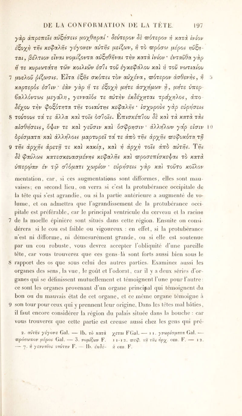 γάρ άπρεττεΐζ ανζησεί$ μοχθηρά/' δεύτερον Sè 'Ζΰότερον η κατά Ινίον έζοχη τηζ κε^αληξ γεγονεν αύτηζ μείζων, η το τ5ρόσω μέρος ηϋζη- ται, βέλτίον είναι νομίζοντα αύζηθηναι την κατά ινίον' ενταύθα γάρ η τε κυριωτάτη των κοιλιών έσ1ι τον εγκεφάλου και του νωτιαίου 1 μυελοΰ ρίζωσις. Είτα έζης σκόττει τον αυχένα, ζτότερον ασθενής, η 5 καρτεράς εσΐιν ' εάν γάρ η τε έζοχη μήτε άσχημων γ, μήτε ύιτερ- ζαλλάντως μεγάλη, γενναίάς τε αυτήν εκ^έχηται τράχηλος, άττο- ^έχου την φοζότητα της τοιαυτης κεφαλής ' Ισχυρούς γάρ εύρησεις 8 τούτους τά τε άλλα κα\ τοίς οσΊοίς. ΈιττισκέπΊου Sè κα) τά κατά τάς αισθήσεις, οφιν τε κα) γεΰσιν κα\ οσφρησιν' άλληλων γάρ είσιν 10 δρίσματα κα\ άλληλοις μαρτυρεί τά τε άττδ της αρχής ζτεφυκότα τγ 9 της αρχής άρεττί τε κα\ κακία, κα) η άρχη τοίς άττο αυτής. Τ);? φαύλως κατεσκευασμένης κεφαλής κα) 'πτροσεπίσκε-φαι το κατά ύττερωαν εν τω σΊόματι χωρίον ' εύρησεις γάρ και τούτο κοΐλον nientalion, car, si ces augmenlations sont difl’ormes, elles sont mau- vaises; en second lieu, on verra si c’est la protubérance occipitale de la tête qui s’est agrandie, ou si la partie antérieure a augmenté de vo- lume, et on admettra que l’agrandissement de la protubérance occi- pitale est préférable, car le principal ventricule du cerveau et la racine 7 de la moelle épinière sont situés dans cette région. Ensuite on consi- dérera si le cou est faible ou vigoureux : en effet, si la protubérance n’est ni difforme, ni démesurément grande, ou si elle est soutenue par un cou robuste, vous devrez accepter l’obliquité d’une pareille tête, car vous trouverez que ces gens-là sont forts aussi bien sous le 8 rapport des os que sous celui des autres parties. Examinez aussi les organes des sens, la vue, le goût et l’odorat, car il y a deux séries d’or- ganes qui se définissent mutuellement et témoignent l’une pour l’autre; ce sont les organes provenant d’un organe principal qui témoignent du bon ou du mauvais état de cet organe, et ce même organe témoigne à 9 son tour pour ceux qui y prennent leur origine. Dans les têtes mal bâties, il faut encore considérer la région du palais située dans la bouche ; car vous trouverez que cette partie est creuse aussi chez les gens qui pré- 2. avTfjs γέγονε Gai. — Ib. το κατά γεται FGal. —- i i. γνωρίσματα Gai. —- τΰρόσωτΐον μέρο$ Gai. — 3. νομίζων F. j i-j 2. τίί tvî '^ρχ- ^ni. F. i 2. — ■]. ri γενναία ταύτνν F. — Ib. έκ3έ~ η oni F.