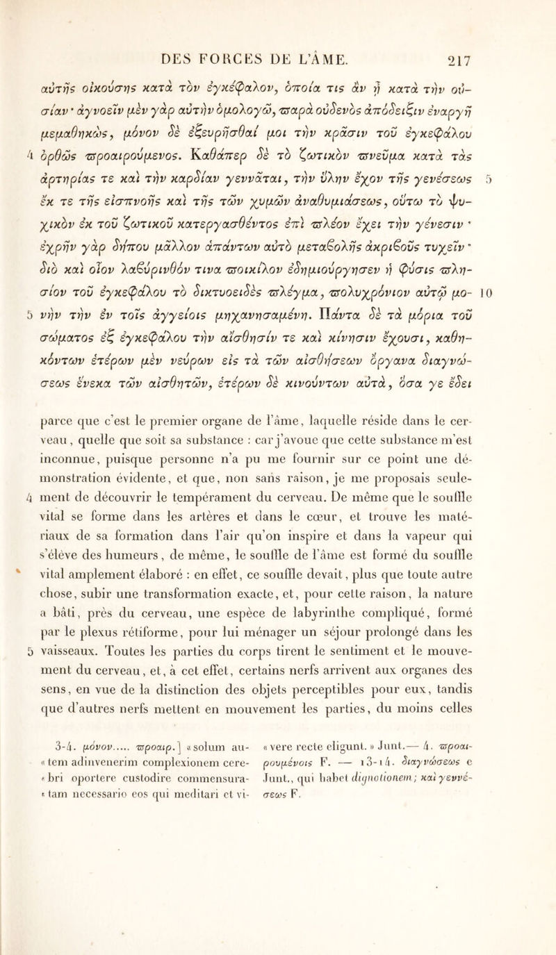 αύτηζ οικούσηζ κατά τον εγκέφαλον^ δττοία rts αν 7] κατά την ον- σίαν · άγνοε7ν μεν γάρ αυτήν ομολογώ, 'ΰταρά ού^ενοζ άττό^ειζίν εναργή μεμαθηκώζ, μόνον Sè εζευρησθαί μοι την κράσιν του εγκεφάλου 4 ορθώξ τΰροαιρούμενοί. Κ,αθάπερ Sè το 'ζωτικόν τΰνευμα κατά τάθ αρτηρίας τε καϊ την καρ^ίαν γεννάται, την ΰλην εχρν της γενεσεως εκ τε της είσττνοης κα) της των χυμών άναθυμιάσεως, οϋτω το ψι»- χικόν έκ του ζωτικού κατεργασθεντος έττ) τ3λεον εχει την γένεσιν ' εχρην γάρ ^ηττου μάλλον άττάντων αυτό μεταβολής άκριτους τυγβίν “ Sio κα\ οιον λαβύρινθόν τινα τιτοικίλον έ3ημιούργησεν ή φύσις τΰλη- σίον τού εγκεφάλου το SικτυoειSες τίλεγμα, τΰολυχρόνιον αύτώ μο- 5 νην την εν τοίς άγγείοις μηχανησαμενη. ΙΙάντα Sè τά μόρια τού σώματος εζ εγκεφάλου την αίσθησίν τε καί κίνησιν εχουσι, καθη- κόντων ετέρων μεν νεύρων εις τά τών αισθήσεων όργανα Sιaγvώ- σεως ε’νεκα τών αισθητών, ετέρων Sk κινούντων αυτά, όσα γε έSει parce cjue c’est le premier organe de l’âme, lacjuelle réside dans le cer- veau , quelle que soit sa substance : car j’avoue c[ue cette substance m’est inconnue, puisque personne n’a pu me fournir sur ce point une dé- monstration évidente, et que, non sans raison, je me proposais seule- 4 ment de découvrir le tempérament du cerveau. De même que le souille vital se forme dans les artères et dans le cœur, et trouve les maté- riaux de sa formation dans l’air qu’on inspire et dans la vapeur qui s’élève des humeurs, de même, le souille de l’âme est formé du souille vital amplement élaboré : en eiîet, ce souffle devait, plus c|ue toute autre chose, subir une transformation exacte, et, pour cette raison, la nature a bâti, près du cerveau, une espèce de lab^u'inthe compliqué, formé par le plexus rétiforme, pour lui ménager un séjour prolongé dans les 5 vaisseaux. Toutes les parties du corps tirent le sentiment et le mouve- ment du cerveau, et, à cet elfet, certains nerfs arrivent aux organes des sens, en vue de la distinction des objets perceptibles pour eux, tandis que d’autres nerfs mettent en mouvement les parties, du moins celles 3-4. μόνον wpoatp.] «solum au- « tem adiiivenerim complexionem cere- f bri oportere custodire commensura- t tam necessario eos qui meditari et vl- «vere recle eligunt. » Junt.— 4. ts-pooa- ρουμένοΐζ F. ■— i3-i4. ^ιαγνώσεωζ c Junt., qui babet diçjnotionein; καίγεννέ- σεωζ F.
