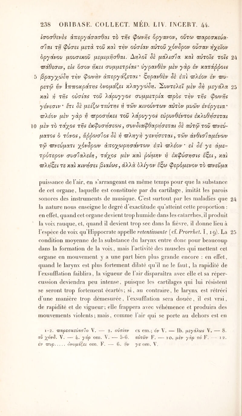 Îaoa9svès άπεργάσοίσθοα το τη$ (pœvyjs opyctvov, οϋτω τ^αρεσκεύα.' σ1αι τη φύσει μετά του κοά την ουσίαν αύτοΰ yàvSpov ούσαν ηγείον opyάvoυ μουσικού μεμιμησθαι. Αηλοί Sè μάλισία κα) αύτοΐζ τοίζ 24 τΰάθεσιν, εΐ$ οσον ηκει συμμετρία$' oypavOkv μεν yap εν κατάρροΐζ 5 βpayγωSη την φωνήν ά7Γεpyάζετaι * ζηρανθεν Sè επί τΰΧέον εν τπυ- ρετω ην Ιτεττοκράτηζ ονομάζει κλayyώSη. 'Συντελεί μεν ^η μεyάλa 25 κα) η τηζ ουσίαν τού Xâpoyyo? συμμετρία ^spos την της φωνής yέvεσιv' ετι Sè μείζω ταύτης η των κινούντων αύτον μυών εvεpyειa' 'mXéov μέν yap η τΰροσηκει τού Xdρυyyoς εύρυνθεντος εκΧυθη'σεται 10 μεν το τάγος της έκφυσησεως, συν^ιαφθαρϊΐσεται Sè αύτω τού τΰνεύ- ματος ό τόνος, άρρωστος Sk η τΰXηyη yεvησετaι, των άνθισΊαμενων τω 'ΰϊνεύματι γ^όν^ρων άττογωρησάντων έπ) τΰΧέον * εΐ yε άμε- τρότερον συσΙαΧείη, τάχος μεν κα\ ρώμην r; έκφύσησις εζει, κα'ΐ τΰΧηζει τε κα\ κινη'σει βιαίως, άλλα bXi'yov εζω φερόμενον το τυνεύμα puissance de l’air, en s’arrangeant en même temps pour que la substance de cet organe, laquelle est constituée par du cartilage, imitât les parois sonores des instruments de musique. C’est surtout par les maladies que 24 3a nature nous enseigne le degré d’exactitude qu’atteint cette proportion : en effet, quand cet organe devient trop humide dans les catarrhes, il produit la voix rauque, et, quand il devient trop sec dans la fièvre, il donne lieu à l’espèce de voix qu’Hippocrate appelle retentissante ( cf. Prorrhet. I, i g). La 25 condition moyenne de la substance du larynx entre donc pour beaucoup dans la formation de la voix, mais factivité des muscles qui mettent cet organe en mouvement y a une part bien plus grande encore : en effet, quand le larynx est plus fortement dilaté qu’il ne le faut, la rapidité de l’exsufflation faiblira, la vigueur de l’air disparaîtra avec elle et sa réper- cussion deviendra peu intense, puisque les cartilages qui lui résistent se seront trop fortement écartés; si, au contraire, le larynx est rétréci d’une manière trop démesurée, l’exsufflation sera douée, il est vrai, de rapidité et de vigueur; elle frappera avec véhémence et produira des mouvements violents; mais, comme l’air qui se porte au dehors est en 1-2, 'ΖΰαρεσκεύασΊο V. — 2. ουσίαν ex em.; 6v V. — Ib. μεγάλω$ V, — 8. αύ x^ovS. V. — 4. ydp om. V. — 5-6. αυτών F. — lO. pèv γαρ το F. έν τΰυρ ονομάζει om. F. —- 6. ijv γε om. V. ) 2.