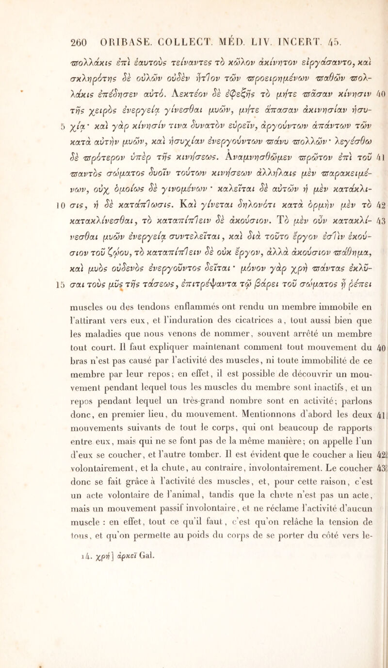 'ZSoXkàniç επ) êavTovs τείναντεζ το κώλον ακίνητον εΙργάσαντο, κα\ σκληρότηζ Sè ουλών ovSèv ητίον των ΐΰροείρημένων τΰαθών τΰολ- λάκΐ9 έττε^ησεν αυτό. Α,εκτεον Sè ε(ρεζη5 το μήτε τΰασαν κίνησιν /jO τηζ χ^εψοζ ενεργεία γίνεσθαι μυών^ μήτε άττασαν ακινησίαν ησυ- 5 γ^ία · κα) γάρ κίνησιν τινα δυνατόν εύρείν, άργονντων απάντων των κατά αυτήν μυών, κα] ησυγ^ίαν ένεργούντων πτάνυ πτολλών * λεγεσθω 5 Sè τΰρότερον ύπερ τηζ κινησεωζ. Αναμνησθώμεν πτρώτον επι του 41 τΰαντοζ σώματοζ ^υο7ν τούτων κινήσεων άλλη'λαις μεν πταρακειμε- νων, ούχ^ όμοίωζ Sè γινομένων * καλείται Sk αυτών η μεν κατάκλι- 10 σΐζ, ή Sè κατάπίωσίζ. Κα) γίνεται δηλονότι κατά ορμήν μέν το 42 κατακλίνεσθαι y το καταπίπΊειν Sk ακούσιον. Το μεν ούν κατακλί- 43 νεσθαι μυών ενεργεία συντελείται, κα] Sià τούτο εργον εσΤιν εκού- σιον του Χ,ωου, το καταπίπΊειν ^ε ούκ εργον, άλλα ακούσιον ιπάθημα, κα] μυοζ ού^νοζ ενεργοΰντοζ ^εΐται * μόνον γάρ γ^ρη τΰάνταζ εκλΰ- 15 σαι τούζ μΰζ^τηζ τάσεωζ, επιτρε-φαντα τώ βάρει του σώματοζ fi ρέπει muscles ou des tendons enflammés ont rendu un membre immobile en l’attirant vers eux, et l’induration des cicatrices a, tout aussi bien que les maladies que nous venons de nommer, souvent arrêté un membre tout court. Il faut expliquer maintenant comment tout mouvement du 40 bras n’est pas causé par l’activité des muscles, ni toute immobilité de ce membre par leur repos; en effet, il est possible de découvrir un mou- vement pendant lec|uel tous les muscles du membre sont inactifs, et un repos pendant lequel un très-grand nombre sont en activité; parlons donc, en premier lieu, du mouvement. Mentionnons d’abord les deux 41 mouvements suivants de tout le corps, qui ont beaucoup de rapports entre eux, mais qui ne se font pas de la même manière ; on appelle l’un d’eux se coucher, et l’autre tomber. Il est évident que le coucher a lieu 421. volontairement, et la chute, au contraire, involontairement. Le coucher 43: donc se fait grâce à l’activité des muscles, et, pour cette raison, c’est un acte volontaire de l’animal, tandis ciue la chute n’est pas un acte, mais un mouvement passif involontaire, et ne réclame l’activité d’aucun muscle : en effet, tout ce qu’il faut, c’est qu’on relâche la tension de tous, et qu’on permette au poids du corps de se porter du côté vers le- i4. Xpv] αρκεί'Gai.