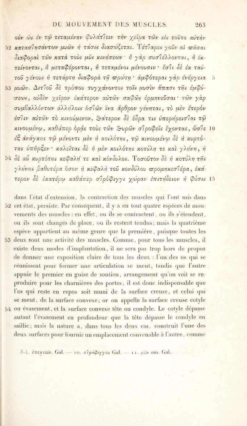 oùv ώ$ év τώ τετιχμενην φυλοίτΊειν την χείρα των εΙ$ τούτο αυτήν 52 κατασΊησάντων μυών η τοίσΐζ διασώζεται. ΎέτΙαρεζ yovv ai τΰασαι Sia(popcu των κατά του$ μΰζ κινήσεων^ η γάρ συσΊελλονταιy η εκ- τείνονται y η μεταφέρονται y η τεταμένοι μενουσιν ' εσ1ι δε εκ ταυ- του γενουζ η τέταρτη διαφορά τγ 'urpco'rrj · άμφότεραι γάρ ενεργεια 5 53 μυών. /\ιτ%ΰ δε τρόττου τυγχάνοντοζ τοίζ μυσίν άττασι της έμ^ΰ- σεως y ούδεν χείρον έκάτερον αυτών σαφώς έρμηνεΰσαι ' τών γάρ συμ^αλλόντων άλληλοις οσΊών ίνα άρθρον γένηται, το μεν ετερόν εσΐιν αυτών το κιvoύμεvovy Β-άτερον δε έδρα τις ύττερη'ρεισίαι τώ κινουμενω y καθάττερ ορας τούς τών 3-υρών σίροφεΐς έχοντας y ωσΙε 10 ες ανάγκης τώ μένοντι μεν η κoιλ6τηςy τώ κινουμενω δε η κυρτό- της ύττηρζεν ' καλείται δε η μεν κοιλότης κοτύλη τε κα\ γληνη y η 54 δε αύ κυρτότης κεφαλή τε καΐ κόνδυλος. Ύοσοΰτον δύ η κοτύλη της γληνης βαθύτερα όσον η κεφαλή του κονδύλου τffpoμηκεσ1épay έκά- τερον δε εκατέρω καθάτνερ σίρόφιγγι χώραν έττιτηδειον η φύσις 15 dans l’état d’extension, la contraction des muscles qui l’ont mis dans 52 cet état, persiste. Par conséquent, il y a en tout quatre espèces de mou- vements des muscles : en eflèt, ou ils se contractent, ou ils s’étendent, ou ils sont changés de place, ou ils restent tendus; mais la quatrième espèce appartient au même genre que la première, puisque toutes les 53 deux sont une activité des muscles. Comme, pour tous les muscles, il existe deux modes d’implantation, il ne sera pas trop hors de propos de donner une exposition claire de tous les deux : l un des os qui se réunissent pour former une articulation se meut, tandis que l’autre appuie le premier en guise de soutien, arrangement qu’on voit se re- produire pour les charnières des portes; il est donc indispensable que l’os qui reste en repos soit muni de la surface creuse, et celui cjui se meut, de la surface convexe; or on appelle la surface creuse cotyle 54 ou évasement, et la surface convexe tête ou condyle. Le cotyle dépasse autant l’évasement en profondeur que la tête dépasse le condyle en saillie; mais la nature a, dans tous les deux cas, construit l’une des deux surfaces pour fournir un emplacement convenable à l’aulre, comme •C.'i. έτΐεκτειν. (lai. ·— lo. σ1 ρόφιγγαί Cal. — i i. μέι> oui. Cal.
