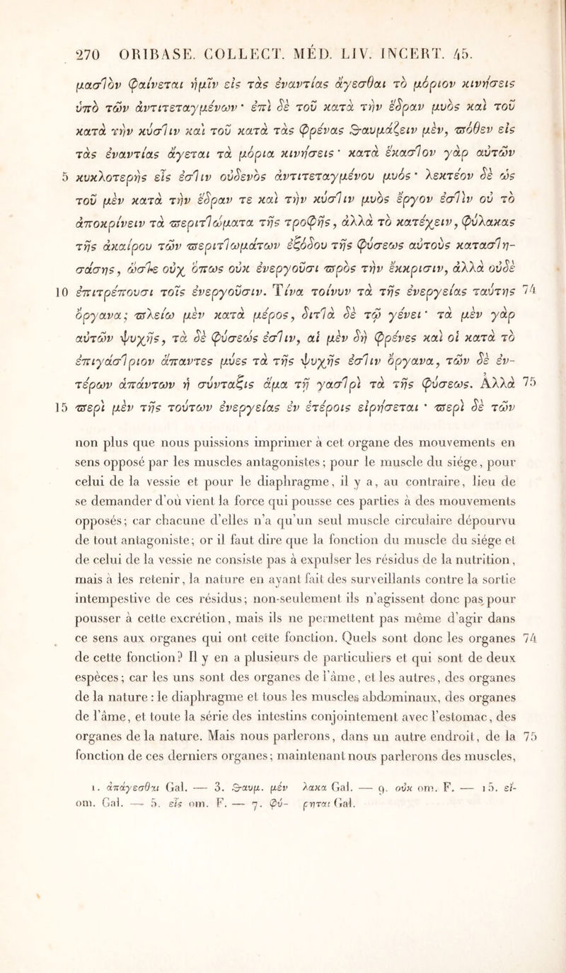 μασίον (paivercii ημίν eh tclç εναντίας αγεσθαι το μόρίον κινήσεις ύτΐο των άντιτετα'γμένων ' έττί εττϊ Sè του κατά την eSpav μυος καΙ τον κατά την κύσΐιν ίία'ι τον κατά τάς (Ρρένας Β-ανμάζειν μεν, τΰόθεν εις τάς εναντίας άγεται τά μόρια κινη'σεις ‘ κατά ε7ίασ1ον γάρ αυτών 5 κυκλοτερής εΊς έσΐιν ού^ενος άντιτεταγμενού μυος' λεκτεον ^ε ώς του μεν κατά την ε^ραν τε και την κύσΙιν μυος εργον εσΤιν ού το άποκρίνειν τά τηεριτΊώματα της τροπής, αλλά το κατέχειν, φύλακας της άκαίρου των τ^εριτΊωμάτων εζόίου της φύσεως αυτούς κατασίη- σάσης, ώσΐ-ε ούγ όττως ούκ ενεργοΰσι τΰρος την εκκρισιν, άλλά ovSè 10 ετΐίτρέττουσι τοίς ενεργοΰσιν. Τίνα τοίνυν τά της ενεργείας ταύτης 74 όργανα; τΰλείω μεν κατά μέρος, ^ιτίά Sè τω γένει' τά μεν γάρ αυτών φυγής, τά Sè φύσεως εσΐιν, αι μεν Srf φρενες καΙ οϊ κατά το έπιγάσΙριον άτταντες μύες τά της φυγής εσΐιν όργανα, τών Sè έν- τερων απάντων η σύνταζις άμα τγ γασΊρϊ τά της φύσεως. Αλλά 75 15 'πτερ'ι μεν της τούτων ενεργείας εν έτεροις εΙρησεται ' πτερι Sè τών non plus que nous puissions imprimer à cet organe des mouvements en sens opposé par les muscles antagonistes; pour le muscle du siège, pour celui de la vessie et pour le diaphragme, il y a, au contraire, lieu de se demander d’où vient la force qui pousse ces parties à des mouvements opposés; car chacune d’elles n’a qu’un seul muscle circulaire dépourvu de tout antagoniste ; or il faut dire que la fonction du muscle du siège et de celui de la vessie ne consiste pas à expulser les résidus de la nutrition, mais à les retenir, la nature en avant fait des surveillants contre la sortie intempestive de ces résidus; non-seulement ils n’agissent donc pas pour pousser à cette excrétion, mais ils ne permettent pas même d’agir dans ce sens aux organes qui ont cette fonction. Quels sont donc les organes 74 de cette fonction? Il y en a plusieurs de particuliers et qui sont de deux espèces; car les uns sont des organes dei’àme, et les autres, des organes de la nature : le diaphragme et tous les muscles abdominaux, des organes de l’âme, et toute la série des intestins conjointement avec l’estomac, des organes delà nature. Mais nous parlerons, dans un autre endroit, de la 75 fonction de ces derniers organes; maintenant nous parlerons des muscles, 1. άττάγεσθτ,ι Gai. — 3. μέν λακα Gai. — ç). ούκ om. F. — i5. εί- oni. Gai. — 5. εΐ? om. F.— η. φύ- μητο!ΐ(.ιΆ\.