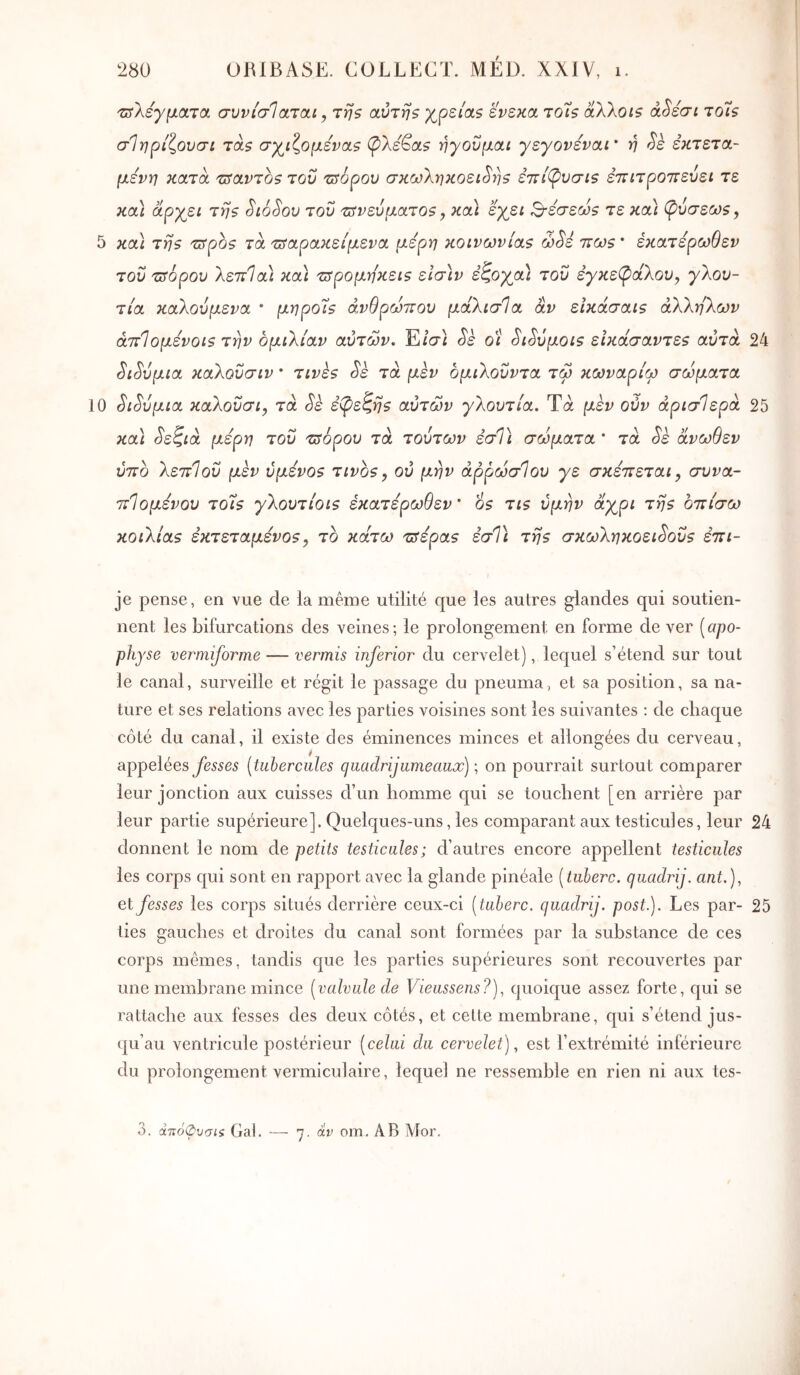'Ζΰλεγματα συνίσΊαται, τηζ αύτηζ Xpsicts ενεκα τοΊζ aXXots ά^εσι to7s σΙηρίζουσι τά$ σχιζόμενα,? φλε^α? ηγούμαι γεγονεναΓ η <^ε εκτετα- μένη κατά TSavTos του τ^όρου σκωληκοειδή? ε'κί(^υσι? ετιιτροτιευει τε κα} άρχει τη? διόδου του τ^νεύματο?, και εχει Β-εσεω? τε καί φόσεω?, 5 καΐ τη? TSpo? τα ^παρακείμενα μέρη κοινωνία? ώδε ττω? · έκατέρωθεν του τ^όρου λεττίαϊ κα) τΰρομη'κει? είσίν εζοχα) του έγκε(ρά.λου, γλου- τία καλούμενα * μηροί? ανθρώπου μάλισθα αν εΐκάσαι? άλληλων άπΊομενοι? την ομιλίαν αυτών» Ε/σ} δε οί δίδυμοι? εικάσαντε? αυτά 24 διδυμία καλοϋσιν * τινε? δε τά μεν ομιλοΰντα τω κωναρίω σώματα 10 διδυμία καλοΰσι, τά δε έί^εζη? αυτών γλουτία. Τά μεν ούν άρισίερά 25 κα] δεζιά μέρη του τπόρου τά τούτων εσΤι σώματα * τά δε άνωθεν ύπο λεπίοΰ μεν ύμενο? τινο?, ου μην άρρώσΙου γε σκέπεται, συνα- πίομενου τοί? γλουτίοι? έκατέρωθεν' ό? τι? ύμην άχρι τη? οπίσω κοιλία? έκτεταμενο?, το κάτω π>ερα? εσΤι τη? σκωληκοειδοΰ? έπι- je pense, en vue de la même utilité que les autres glandes qui soutien- nent les bifurcations des veines; le prolongement en forme de ver [apo- physe vermiforme — vermis inferior du cervelet), lequel s’étend sur tout le canal, surveille et régit le passage du pneuma, et sa position, sa na- ture et ses relations avec les parties voisines sont les suivantes : de chaque côté du canal, il existe des éminences minces et allongées du cerveau, appelées fesses [tubercules quadrijumeaux) on pourrait surtout comparer leur jonction aux cuisses d’un homme qui se touchent [en arrière par leur partie supérieure]. Quelques-uns, les comparant aux testicules, leur 24 donnent le nom de petits testicules; d’autres encore appellent testicules les corps qui sont en rapport avec la glande pinéale [tuherc. quadrij. ant.), et fesses les corps situés derrière ceux-ci [tuherc. quadrij. post.). Les par- 25 lies gauches et droites du canal sont formées par la substance de ces corps mêmes, tandis que les parties supérieures sont recouvertes par une membrane mince [valvule de Vieussens?), quoique assez forte, qui se rattache aux fesses des deux côtés, et cette membrane, qui s’étend jus- qu’au ventricule postérieur [celui du cervelet), est l’extrémité inférieure du prolongement vermiculaire, lequel ne ressemble en rien ni aux tes- ti. άττόΦυσίζ Gai. — η. άν om, AB Mor,
