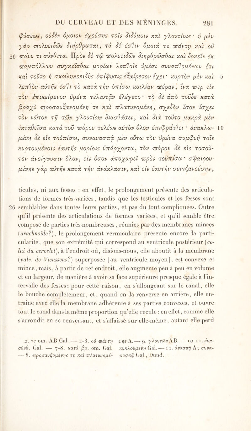 φύσεων y ov^èv ομοιον εχρύσης τοΓ? ^ι^ύμοΐί κα\ γλουτίοιζ * η μεν yàp 'Ζ^ολνει^ώ$ ^ιηρθρωται y τα Sé εσΐίν ομοίά τε τΰοίντ^ κοά ον 26 'Τΰάνυ τι σύνθετοί. Προ? ^ε τφ τΰοΧνεώώΒ ^ιηρθρώσθαι κοά ^οκεΊν εκ τιταμπόλλων συγκεΊσθαί μορίων λεττΙοίζ ύμεσι συναττίομενων ετι κοί\ τούτο ή σκωληκοειδή? ε7ζί(^νσι? εζαίρετον εγει * κυρτόν μεν kou 5 λεττίον αύτηζ έσΐι το κοιτά την οιτίσω κοιλίαν τΰέρα?] ίνα τΰερ εΐ? τον ετΐΐκείμενον υμένα τελευτάν ελεγετο ’ το δε άπο τοΰδε κατά βραχύ τοροσαυζανομένη τε κα\ ζ5λατυνομένη, σχεδόν ίσον ίσχει τον νώτον τγ των γλουτίων διασίάσει y και διά τούτο μακρά μεν εκταθείσα κατά του τ^ορου τελεω? αυτόν ολον έττι^ράτΊει * ανακλώ- 10 μένη δε εί? τούττίσω, συνανασττα μεν οΰτω τον υμένα συμ(^υη τοί? κυρτουμένοις έαυτη? μορίοιζ υπάρχοντα y τον τσάρον δέ εϊ? τοσοΰ- τον άνοίγνυσιν oXovy εΐ$ οσον αποχωρεί τΰρο? τουπίσω' σ^αιρου- μένη? γάρ αύτη? κατά την άvάκλaσιvy και εΐ? έαυτην συνιζανούση?, ticules, ni aux fesses : en effet, le prolongement présente des articula- tions de formes très-variées, tandis que les testicules et les fesses sont 26 semblables dans toutes leurs parties, et pas du tout compliquées. Outre qu’il présente des articulations de formes variées, et qu’il semble être composé de parties très-nombreuses, réunies par des membranes minces [arachnoïde?), le prolongement vermiculaire présente encore la parti- cularité, que son extrémité qui correspond au ventricule postérieur [ce- lui du cervelet), à l’endroit où, disions-nous, elle aboutit à la membrane [valv. de Vieiissens?) superposée [au ventricule moyen], est convexe et mince; mais, à partir de cet endroit, elle augmente peu à peu en volume et en largeur, de manière à avoir sa face supérieure presque égale à l’in- tervalle des fesses; pour cette raison, en s’allongeant sur le canal, elle le bouche complètement, et, cjuand on la renverse en arrière, elle en- traîne avec elle la membrane adhérente à ses parties convexes, et ouvre tout le canal dans la même proportion cj[u’elle recule : en effet, comme elle s’arrondit en se renversant, et s’affaisse sur elle-même, autant elle perd 2. τε om. AB Gai. — 2-3. oO ’ZsàvTtj νηζ A. — 9. γλουτών AB. — 10-11. ava- σύνθ. Gai. — 7-8. κατά βρ, om. Gai. κυκλουμένη Gai.— 11. ανασπώ A; συνα- — 8. τπροσαυζομέντίζ τε κα\ τπλατυνομέ- ποσπα Gai., Dimcl.