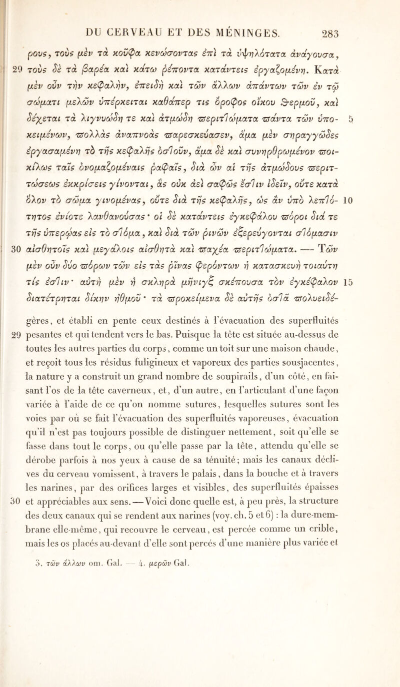 pou5, τουζ μεν τά κοΰφα κενωσονταζ έττϊ τά ι^ηλότοίτα άνάγονσα, 29 τουζ Sè τά βαρέα, κα) κάτω ρεποντα κατάντει? έργαζομενη. Κατά μεν ούν την κεφαλήν, επειδή καϊ των άΧλων άτΐάντων των εν τω σώματι μελών νττερκειται καθάττερ τΐ5 6po(pos οίκου Β-ερ/χοί», κα\ λέγεται τά λι-^^νυώ^η τε κα) άτμώ^η τ^ερίτΐώματα ζτάντα των ύττο- 5 κειμε'νων, ττίολλάζ άναττνοάς τΰαρεσκεύασεν, άμα μεν σηραγγώ^εζ εργασαμενη τ6 τηζ κε(ραλη$ οσΙοΰν, άμα Sè κα) συνηρθρωμενον τ^οι- κίλω$ ταίζ ονομαζομεναΐζ paÇah, Sià ών al τη$ άτμώ^ου$ 'πτεριτ- τώσεωζ εκκρίσεΐζ •γίνονται^ as ούκ άε) σαφώ$ εσ1ιν ι^είν, ούτε κατά ολον το σώμα γινομενα5, ούτε Sià τη$ κεφαλη$, ώ$ αν ύττο λεττΊο- 10 τητο$ ενίοτε XavOavovaas * οΐ ^ε κaτάvτείs εγκεβίάλου τσάροι Sia τε τη$ ύ7τερωα$ εΪ5 το σΙόμα, κα) Sià τών ρινών εζερενγονται σΊόμασιν 30 αΐσθητοί$ κα) μεγάλοι$ αισθητά κα) τΰαγεα τΰεριτΊώματα. — Ύών μεν ούν Svo τιάρων τών εΐ5 τά$ pivas γερόντων η κατασκευή τοιαύτη τί$ εσΐιν’ αύτη μèv η σκληρά μηνιγζ σκέττουσα τον εγκέφαλον 15 Sιaτετρητat Sίκηv ηθμού' τά τΰροκείμενα Sk αύτη$ οσ1ά 'ΌSoλυειSε- gères, et établi en pente ceux destinés à l’évacuation des superfluités 29 pesantes et qui tendent vers le bas. Puisque la tête est située au-dessus de toutes les autres parties du corps, comme un toit sur une maison chaude, et reçoit tous les résidus fuligineux et vaporeux des parties sousjacentes, la nature y a construit un grand nombre de soupirails, d’un côté, en fai- sant l’os de la tête caverneux, et, d’un autre, en l’articulant d’une façon variée à l’aide de ce qu’on nomme sutures, lesquelles sutures sont les voies par où se fait l’évacuation des superfluités vaporeuses, évacuation qu’il n’est pas toujours possible de distinguer nettement, soit qu’elle se fasse dans tout le corps, ou qu’elle passe par la tête, attendu qu’elle se dérobe parfois à nos yeux à cause de sa ténuité; mais les canaux décli- ves du cerveau vomissent, à travers le palais, dans la bouche et à travers les narines, par des orifices larges et visibles, des superfluités épaisses 30 et appréciables aux sens. — Voici donc quelle est, à j^ieu près, la structure des deux canaux qui se rendent aux narines (voy. cb. 5 et 6) : la dure-mem- brane elle-même, qui recouvre le cerveau, est percée comme un crible, mais les os placés au-devani d’elle sont percés d’une manière plus variée et 3. TcDr άλλων oni. GaJ. — 4. μερών Gai.