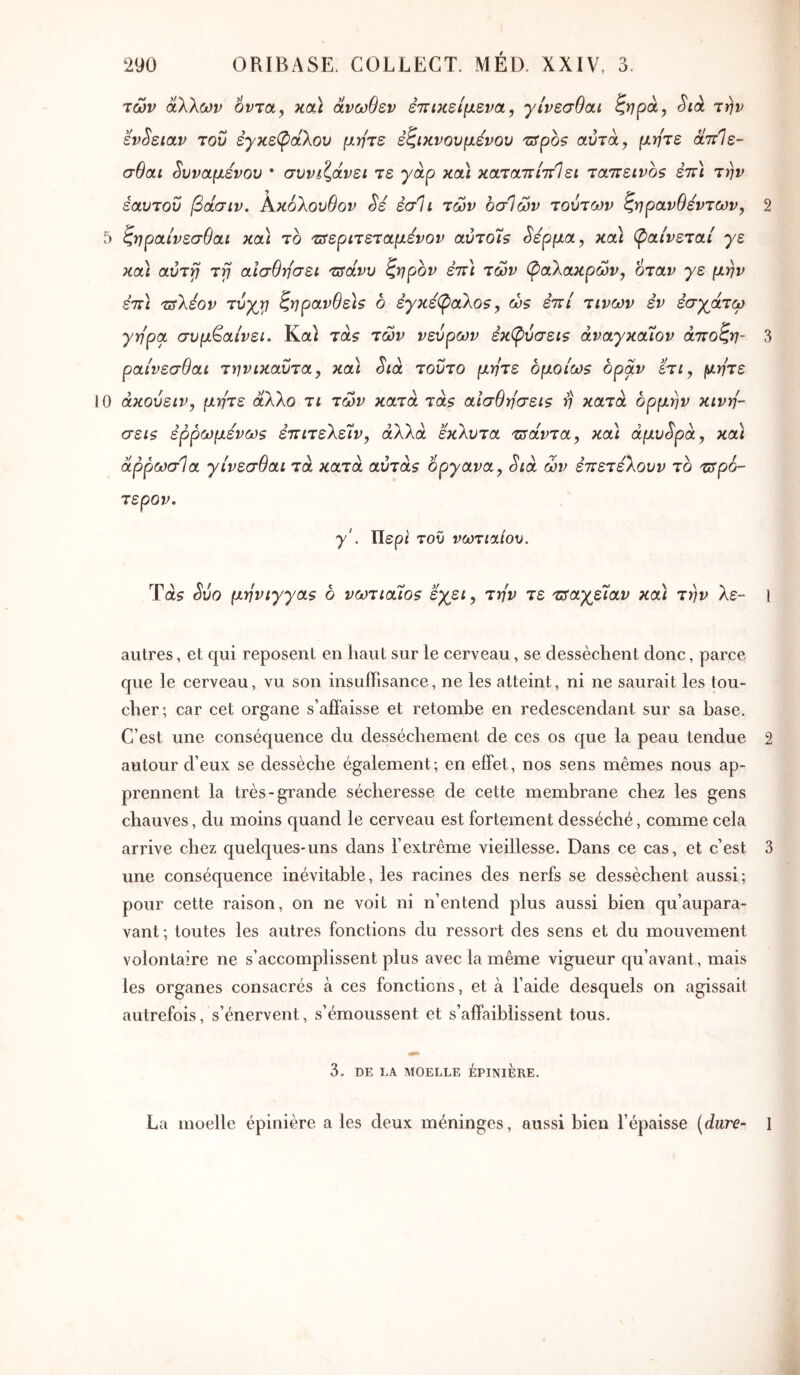 TCüv άΧΚων ovTOLy xcà άνωθεν έτηκείμενα, γίνεσθαι ζνρά, ^ιά την εν^ιαν του εγκε(ρά\ου μήτε εζικνουμενου τδροβ αυτά, μήτε απ7ε- σθοίί ^υναμενου * συν ιζάνει τε γάρ xcà χαταπίττίει τατΐεινος επί την εαυτοΰ βάσιν. Αχόλουθον Sé έσΐι των οσίων τούτων ζηρανθέντων, 2 5 ζηρα,ι'νεσθαι xcà το 'ΰτεριτεταμενον αύτοΊζ ^ερμα, καί (ξαίνεται γε καί αύτ>7 τί] αίσθη'σει τΰάνυ ^ηρον επί ταΐι^ (^αλαχρών, όταν γε μην επί τΰΧέον τύγτ} ζηρανθε)5 6 èyxé^aXos, ώ$ έττί τινων έν έσγάτω γήρα συμβαίνει. Καί τα? των νεύρων εχφύσεΐζ άναγχαίον άποζη- 3 ραίνεσθαι τηνιχαΰτα, καί ^ίά τούτο μήτε ομοίω$ οραν ετί, μήτε 10 άχούειν, μήτε άλλο τι των κατά τα? αίσθη'σεΐθ η κατά ορμήν χινη- σεις έρρωμενως επιτελεΊν, αλλά έκλυτα τιράντα, χαϊ άμυ^ρά, χαϊ άρρωσία γίνεσθαι τα κατά αυτά? όργανα^ Sia ών ε’πετελουυ το t^rpo- τερον. y'. Περί του νωτιαίου. Τα? ^υο μηνιγγαε ό νωτια'ιθ5 εχει, την τε τδαγεΙίαν καί την λε- Ι autres, et qui reposent en haut sur le cerveau, se dessèchent donc, parce que le cerveau, vu son insuiTisance, ne les atteint, ni ne saurait les tou- cher; car cet organe s’afï’aisse et retombe en redescendant sur sa hase. C’est une conséquence du dessèchement de ces os que la peau tendue 2 autour d’eux se dessèche également; en effet, nos sens mêmes nous ap- prennent la très-grande sécheresse de cette membrane chez les gens chauves, du moins quand le cerveau est fortement desséché, comme cela arrive chez quelques-uns dans l’extrême vieillesse. Dans ce cas, et c’est 3 une conséquence inévitable, les racines des nerfs se dessèchent aussi; pour cette raison, on ne voit ni n’entend plus aussi bien qu’aupara- vant ; toutes les autres fonctions du ressort des sens et du mouvement volontaire ne s’accomplissent plus avec la même vigueur qu’avant, mais les organes consacrés à ces fonctions, et à l’aide desquels on agissait autrefois, s’énervent, s’émoussent et s’affaiblissent tous. 3. DE LA MOELLE EPINIERE. La moelle épinière a les deux méninges, aussi bien l’épaisse (dure- 1