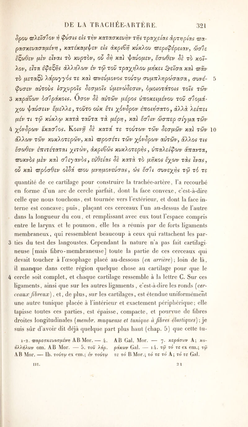 DE LA TRACHÉE-ARTÈRE. ApOL· 'ΰτλε7σ1ον ή φύσιζ eis την κατασκευήν τη$ τραχείας αρτηρίας Ίΰα- ρασκενασαμενη , κατέκαμ-^^εν εις άκριτη κύκλου τ^εριφέρειαν, ωσΙε εζωθεν μεν είναι το κυρτόν^ οδ Srj κα) \Ραύομεν^ εσωθεν Se το κοί- λον, είτα ε^εζης άλληλων έν τω του τράχηλου μηκει Β·ε7σα κα) τΰαν το μεταζυ λάρυγγός τε κοίί τιτνεύμονος τούτω συμττληρωσασα, συνε- 5 (ρυσεν αύτους ίσχυροίς ^εσμοίς ύμενώΕεσιν, ομοιοτάτοις το7ς των 3 καραφών οσΊράκοις. Οσον οε αυτών μέρος υποκείμενου του σΊομά- χου φαύσειν εμελλε^ τούτο οΰκ ετι χόνδρον εποιησατο, άλλα λείπει μεν τι τω κύκλω κατά ταυτα τα μέρη ^ και εσΊιν ώσπερ σίγμα των 4 χόνδρων εκασΊος. Υ^,οινγ Se κατά τε τούτων των Sεσμώv κα) των 10 άλλων των κυκλοτερών, κα\ τΰροσετι τών χ6vSpωv αυτών, άλλος τις εσωθεν επιτέταται χιτών, ακριβώς κυκλοτερής, ύπαλείφων άπαντα, τΰυκνος μεν κα\ σΙεγανος, ευθείας Se κατά το μήκος εχων τάς Ίνας, ού κα) πίρόσθεν oiSa τΰου μνημονεύσας, ως εσΐι συνεχής τω τ6 τε quantité de ce cartilage pour construire la trachée-artère, l’a recourbé en forme d’un arc de cercle parfait, dont la face convexe, c’est-à-dire celle que nous touchons, est tournée vers l’extérieur, et dont la face in- terne est concave; puis, plaçant ces cerceaux l’un au-dessus de l’autre dans la longueur du cou, et remplissant avec eux tout l’espace compris entre le larynx et le poumon, elle les a réunis par de forts ligaments membraneux, qui ressemblent beaucoup à ceux qui rattachent les par- 3 ties du test des langoustes. Cependant la nature n’a pas fait cartilagi- neuse [mais fibro-membraneuse] toute la partie de ces cerceaux qui devait toucher à l’œsopbage placé au-dessous [en arrière)·, loin de là, il manque dans cette région quelque chose au cartilage pour que le 4 cercle soit complet, et chaque cartilage ressemble à la lettre C. Sur ces ligaments, ainsi que sur les autres ligaments , c’est-à-dire les ronds [cer- ceaux^hreux) , et, de plus, sur les cartilages, est étendue uniformément une autre tunique placée à l’intérieur et exactement périphérique; elle tapisse toutes ces parties, est épaisse, compacte, et pourvue de fibres droites longitudinales [mernbr. muqueuse et tunique à fibres élastiques)·, suis sûr d’avoir dit déjà quelque part plus haut (chap. 5) que cette tu- 1-2.'ζπαρεσκεΐίασ(^.ένΐ7 AB Mor.— 4. AB Gai. Mor. — 7. κεράσων A; κο- άλλ-ήλων om. AB Mor. — 5. του λάρ. ράκων Gai. — 11\. τω τό τε ex em.; τφ AB Mor. — Ib. τούτω ex em.; iv τούτω τε το B Mor.; τό τε το A; το τε Gai. 2 1 111.