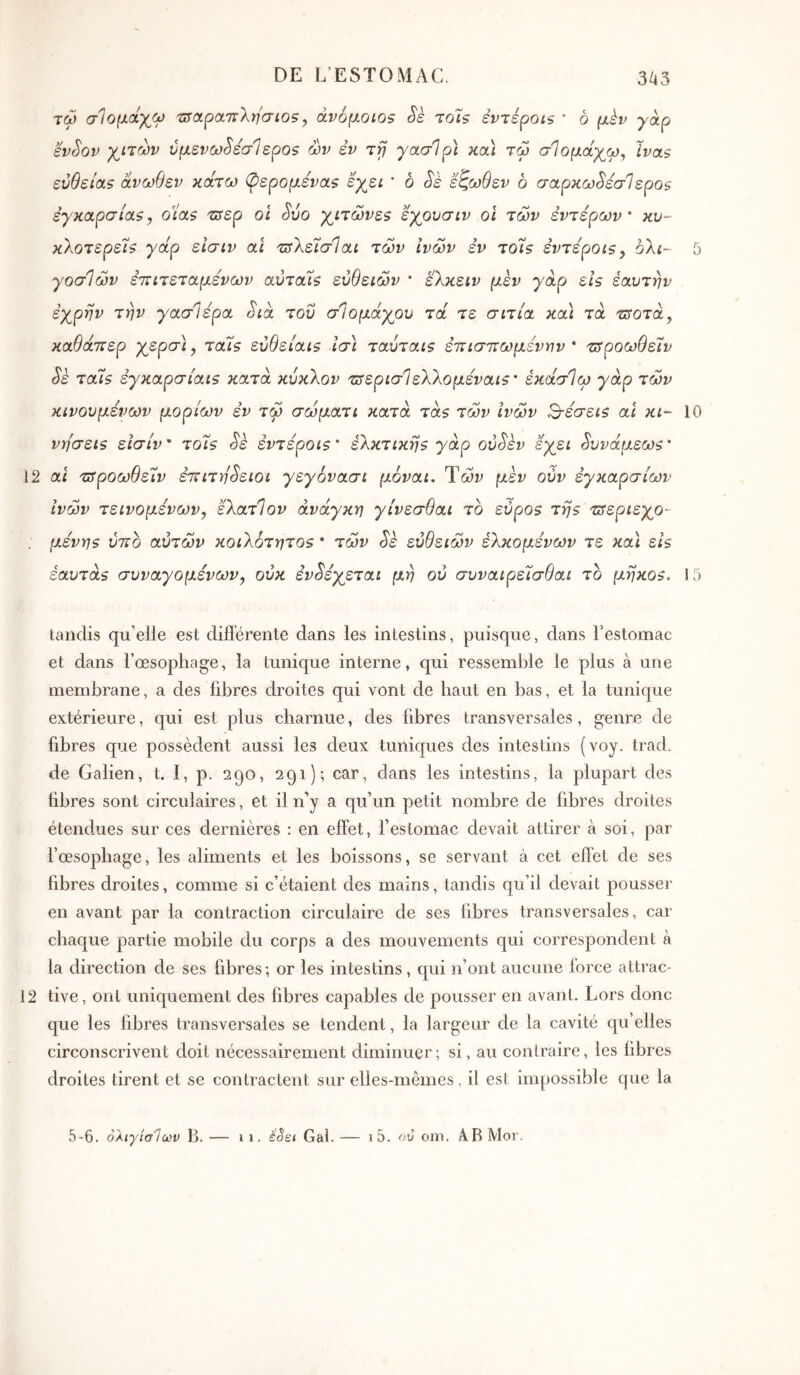 τώ σΙομοίχω iTîtxpaTÎXrjWios^ άν6μοιο$ Sè το7$ évrépois ‘ à μέν γάρ svSov χιτών ύμενω^έσ7ερθ9 ών έν τγ γασΊρϊ Kcà τω σΙομοίχω, Ivas ευθεία? άνωθεν κάτω (^ερομενα? εχει ’ ο Sè εζωθεν δ σαρκω^εσίερο? εγκάρσιά?, οία? 'Ζ^ερ οι Svo χιτώνε? εχουσιν οι ιών έντερων' κυ- κλοτερεί? γάρ εισιν αΐ τΰΧέϊσΊαι των ινών εν το7? εντεροι?, ολι- γοσίών επιτεταμένων αύτάι? ευθειών * ελκειν μεν γάρ εί? έαυτην εχρην την γασΙέρα ^ιά του σΊομάχου τά τε σιτία κα\ τά τΰοτά, καθάπερ χερ<π\, τα7? εύθείαι? Ισ\ ταύται? έπισττωμένην * τΰροω9ε7ν Sè τα7? εγκαρσίαι? κατά κύκλον τΰερισθεΧλομέναι?' εκάσθω γάρ των κινούμενων μορίων έν τω σώματι κατά τα? των ινών 3-εσει? αι κι- νη'σει? εϊσίν' το7? Sè έντεροι?' ελκτική? γάρ ού^εν έχει ^υνάμεω?' 12 αι τΰροωθείν έιτιτη^ειοι γεγόνασι μόναι. Ύών μεν ούν έγκαρσίων ινών τεινομενων, έλατίον ανάγκη γίνεσθαι το εύρο? τη? πίεριεχο- μενη? ύπο αυτών κοιλότητο? ' τών Sè ευθειών έλκομένων τε και ει? εαυτά? συναγόμενων, ούκ έν^εχεται μη ου συναιρείσθαι το μηκο?. tandis qu’elle est différente dans les intestins, puisque, dans Testomac et dans l’œsopliage, la tunique interne, qui ressemble le plus à une membrane, a des libres droites qui vont de haut en bas, et la tunique extérieure, qui est plus charnue, des libres transversales, genre de fibres que possèdent aussi les deux tuniques des intestins (voy. trad. de Galien, t. I, p. 290, 291); car, dans les intestins, la plupart des libres sont circulaires, et il n’y a qu’un petit nombre de libres droites étendues sur ces dernières : en effet, l’estomac devait attirer à soi, par l’oesophage, les aliments et les boissons, se servant à cet effet de ses libres droites, comme si c’étaient des mains, tandis qu’il devait pousser en avant par la contraction circulaire de ses libres transversales, car chaque partie mobile du corps a des mouvements qui correspondent à la direction de ses fibres; or les intestins, qui n’ont aucune force attrac- 12 tive, ont uniquement des fibres capables de pousser en avant. Lors donc que les libres transversales se tendent, la largeur de la cavité qu’elles circonscrivent doit nécessairement diminuer; si, au contraire, les libres droites tirent et se contractent sur elles-mêmes, il est impossible que la
