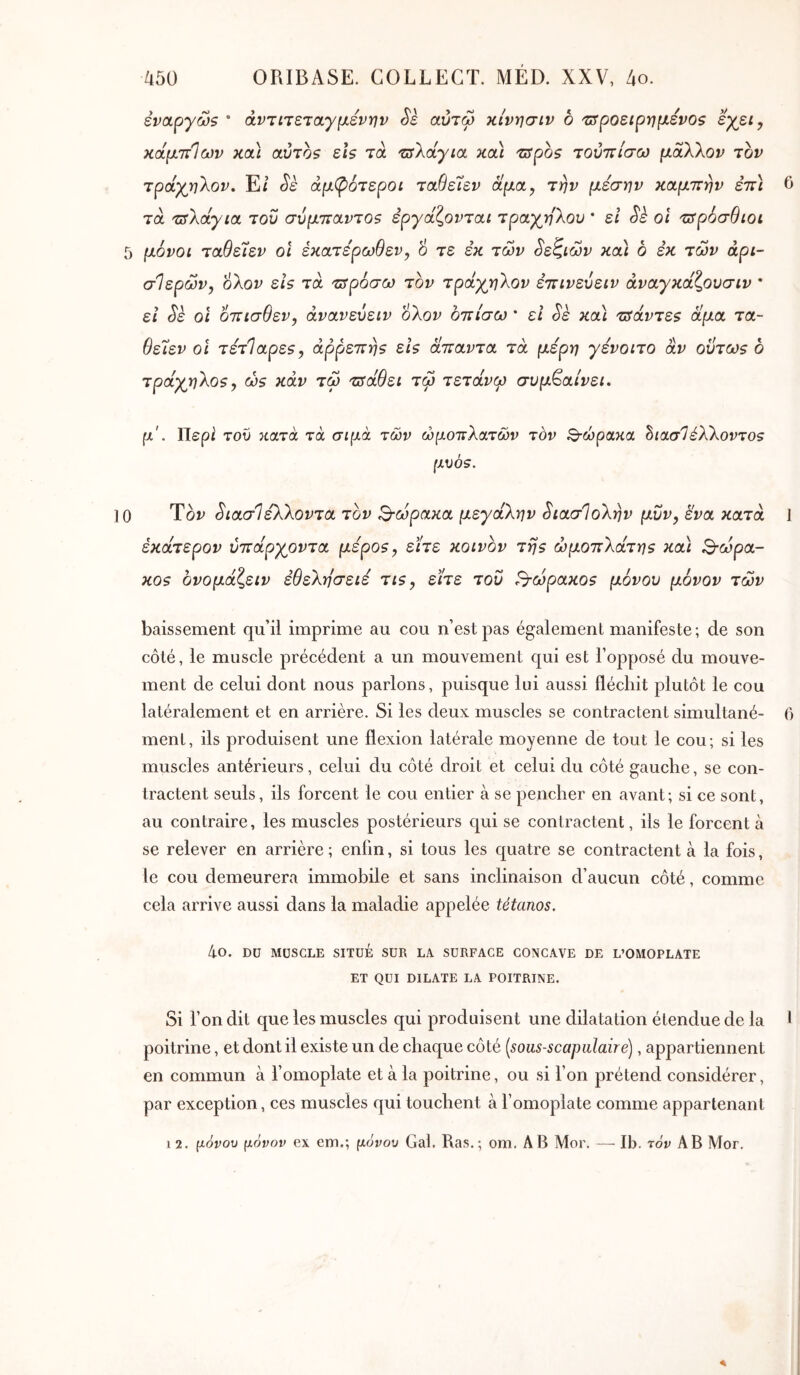 èvctpyœs ° άντιτεταγμένην Sh αύτώ κίνησιν δ 'τατροειρημενοζ εχει^ κάμττΊων κα) αύτοζ εΐζ τά 'csXdyia και Ίΰροζ Ίούιΐίσω μάλλον τον τράχηλον, Εί Sè άμφότεροι ταθεΐεν άμα, την μεσην καμττην επ) 6 τά τΰλάχια του συμτιαντοβ ερχάζονται τράχηλου * εΐ Sè οι τα^ρόσθιοι μόνοι ταθεΊεν οι έκατε'ρωθεν, 6 τε εκ των δ'εζιων και δ εκ των άρι- α! ερων, ολον εΐζ τά τΰρόσω τον τράχηλον έττινευειν άναχκάζουσιν · ει Sè οΐ όπισθεν, άνανεύειν ολον δπίσω * ει Sè κα) πίάντεζ άμα τα- θεΊεν οι τετίαρεβ, άρρεπης εΐ$ άπαντα τά μέρη χενοιτο αν ούτως δ τράχηλος, ώς καν τω τΰάθει τω τετάνω συμβαίνει. μ'. Περί του κατά τά σιμά των ώμοπλατών τον Β-ώρακα ΖιασΊέλλοντος μυός. Τον ^ιασΊελλοντα τον Β-ωρακα μεχάλην ^ιασΊολην μΰν, ενα κατά 1 έκάτερον υπάρχοντα μέρος, είτε κοινόν της ώμοπλάτης κα) Β-ώρα- κος ονομάζειν εθελησειε τις, είτε του Βωρακος μόνου μόνον των baissement qu’ii imprime au cou n’est pas également manifeste; de son côté, le muscle précédent a un mouvement qui est l’opposé du mouve- ment de celui dont nous parlons, puisque lui aussi fléchit plutôt le cou latéralement et en arrière. Si les deux muscles se contractent simultané- 0 ment, ils produisent une flexion latérale moyenne de tout le cou; si les muscles antérieurs, celui du côté droit et celui du côté gauche, se con- tractent seuls, ils forcent le cou entier à se pencher en avant; si ce sont, au contraire, les muscles postérieurs qui se contractent, ils le forcent à se relever en arrière ; enfin, si tous les quatre se contractent à la fois, le cou demeurera immobile et sans inclinaison d’aucun côté, comme cela arrive aussi dans la maladie appelée tétanos. 4o. Dü MUSCLE SITUÉ SUR LA SURFACE CONCAVE DE L’OMOPLATE ET QUI DILATE LA POITRINE. Si l’on dit que les muscles qui produisent une dilatation étendue de la · poitrine, et dont il existe un de chaque côté {sous-scapalaire), appartiennent en commun à l’omoplate et à la poitrine, ou si l’on prétend considérer, par exception, ces muscles qui touchent à l’omoplate comme appartenant 12. μόνου μόνον ex em.; μόνου Gai. Ras.; om, AB Mor. — Ib. τόν AB Mor.