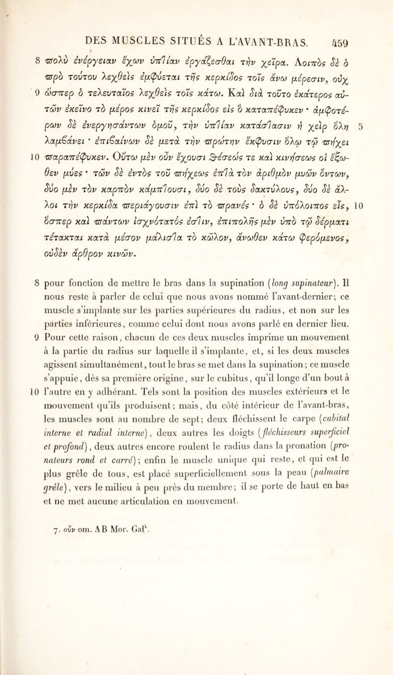 8 'Πίολυ èvépysioLv εχων ύττΙίαν έργάζεσθαί την χεΤρα. Aoiiros b τΰρο τούτου λεχθε)$ εμφύεται της κερκί^ος το7ς άνω μερεσιν, ούχ 9 ώσπερ δ τεΧευταίθ$ λεχθε)ς το7ς κάτω. Καί ^ιά τούτο εκάτερος αυ- τών έκε7νο το μέρος κινε7 της κερκί^ος εις ο καταπέφυκεν · άμ^οτέ- ρων Sè ενεργησάντων δμού, την ύπΙίαν κατάσΊασιν η γε\ρ ολη 5 λαμβάνει * επι^αίνων ^ε μετά την ιπρώτην εκφυσιν 6λω τω τΰηγει 10 πταραπε^υκεν. Οϋτω μεν ούν εγουσι δέσεως τε κα\ κινησεως οι εζω- θεν μύε$ * των Sè έντδς τού τΰηγεως έπΊά τον αριθμόν μυών οντων^ Sôo μεν τον καρπόν κάμπίουσι, Soo Sè τούς δακτύλους ^ Soo Sè άλ- λοι την κερκίδα πίεριάγουσιν επ\ τδ πτρανε'ς ' δ Sè υπόλοιπος είς, 10 όσπερ κα\ τσαντών ΐσγνότατός εσ1ιν, επιπολης μεν ύπο τω ^ερματι τέτακται κατά μέσον μάλισία τδ κώλον, άνωθεν κάτω φερόμενοζ y ού^εν άρθρον κινών. 8 pour fonction de mettre le bras dans la supination [lonq supinateur). Il nous reste à parler de celui que nous avons nommé ravant-dernier; ce muscle s’implante sur les parties supérieures du radius, et non sur les parties inférieures, comme celui dont nous avons parlé en dernier lieu. 9 Pour cette raison, chacun de ces deux muscles imprime un mouvement à la partie du radius sur laquelle il s’implante, et, si les deux muscles agissent simultanément, tout le bras se met dans la supination; ce muscle s’appuie, dès sa première origine, sur le cubitus, qu’il longe d’un bout à 10 l’autre en y adhérant. Tels sont la position des muscles extérieurs et le mouvement qu’ils produisent; mais, du côté intérieur de l’avant-bras, les muscles sont au nombre de sept; deux fléchissent le carpe [cubital interne et radial interne), deux autres les doigts [βέοΙύδββισβ superjwiel et profond), deux autres encore roulent le radius dans la pronation [pro- nateurs rond et carré); enfin le muscle unique qui reste, et qui est le plus grêle de tous, est placé superliciellement sous la peau [palmaire grêle), vers le milieu à peu près du membre; il se porte de haut en bas et ne met aucune articulation en mouvement.