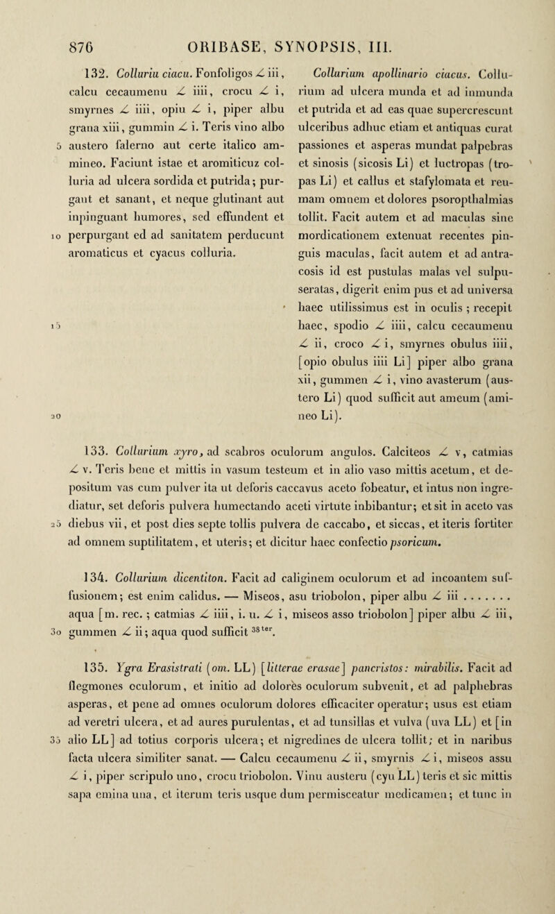 132. Colluriu ciacu. Fonfoligos Z iii, calcu cecaumenu Z iiii, crocu Z i, smyrnes Z iiii, opiu Z i, piper albu grana xiii, gummin Z i. Teris vino albo 5 austero falerno aut certe italico am- mineo. Faciunt istae et aromiticuz col- luria ad ulcera sordida et putrida ; pur¬ gant et sanant, et neque glutinant aut inpinguant humores, sed effundent et io perpurgant ed ad sanitatem perducunt aromaticus et cyacus colluria. 15 :iO Collarium apollinario ciacus. Collu- rium ad ulcera munda et ad inmunda et putrida et ad eas quae supercrescunt ulceribus adhuc etiam et antiquas curat passiones et asperas mundat palpebras et sinosis (sicosis Li) et luctropas (tro- pas Li) et callus et stafylomata et reu- mam omnem et dolores psoropthalmias tollit. Facit autem et ad maculas sine mordicationem extenuat recentes pin¬ guis maculas, facit autem et ad antra- cosis id est pustulas malas vel sulpu- seratas, digerit enim pus et ad universa haec utilissimus est in oculis ; recepit haec, spodio Δ iiii, calcu cecaumenu Z ii, croco Zi, smyrnes obulus iiii, [opio obulus iiii Li] piper albo grana xii, gummen Z i, vino avasterum ( aus¬ tero Li) quod sufficit aut ameum (ami- neo Li). 133. Collarium xyro, ad scabros oculorum angulos. Calciteos Z v, catmias Z v. Teris bene et mittis in vasum testeum et in alio vaso mittis acetum, et de¬ positum vas cum pulver ita ut deforis caccavus aceto fobeatur, et intus non ingre¬ diatur, set deforis pulvera humectando aceti virtute inbibantur; et sit in aceto vas a5 diebus vii, et post dies septe tollis pulvera de caccabo, et siccas, et iteris fortiter ad omnem suptilitatem, et uteris; et dicitur haec confectiopsoricum. 134. Collurium dicentiton. Facit ad caliginem oculorum et ad incoantem suf¬ fusionem; est enim calidus. — Miseos, asu triobolon, piper albu Z ni. aqua [m. rec. ; catmias Z iiii, i. u. Z i, miseos asso triobolon] piper albu Z iii, 3o gummen Z ii; aqua quod sufficit38ter. 135. Ygra Erasistrati (om. LL) [liltcrae erasae] pancristos: mirabilis. Facit ad flegmones oculorum, et initio ad dolores oculorum subvenit, et ad palphebras asperas, et pene ad omnes oculorum dolores efficaciter operatur; usus est etiam ad veretri ulcera, et ad aures purulentas, et ad tunsillas et vulva (uva LL) et [in 35 alio LL] ad totius corporis ulcera; et nigredines de ulcera tollit; et in naribus facta ulcera similiter sanat. — Calcu cecaumenu Z ii, smyrnis Z i, miseos assu Z i, piper scripulo uno, crocu triobolon. Vinu austeru (cyu LL) teris et sic mittis sapa emina una, et iterum teris usque dum permisceatur medicamen; et tunc in