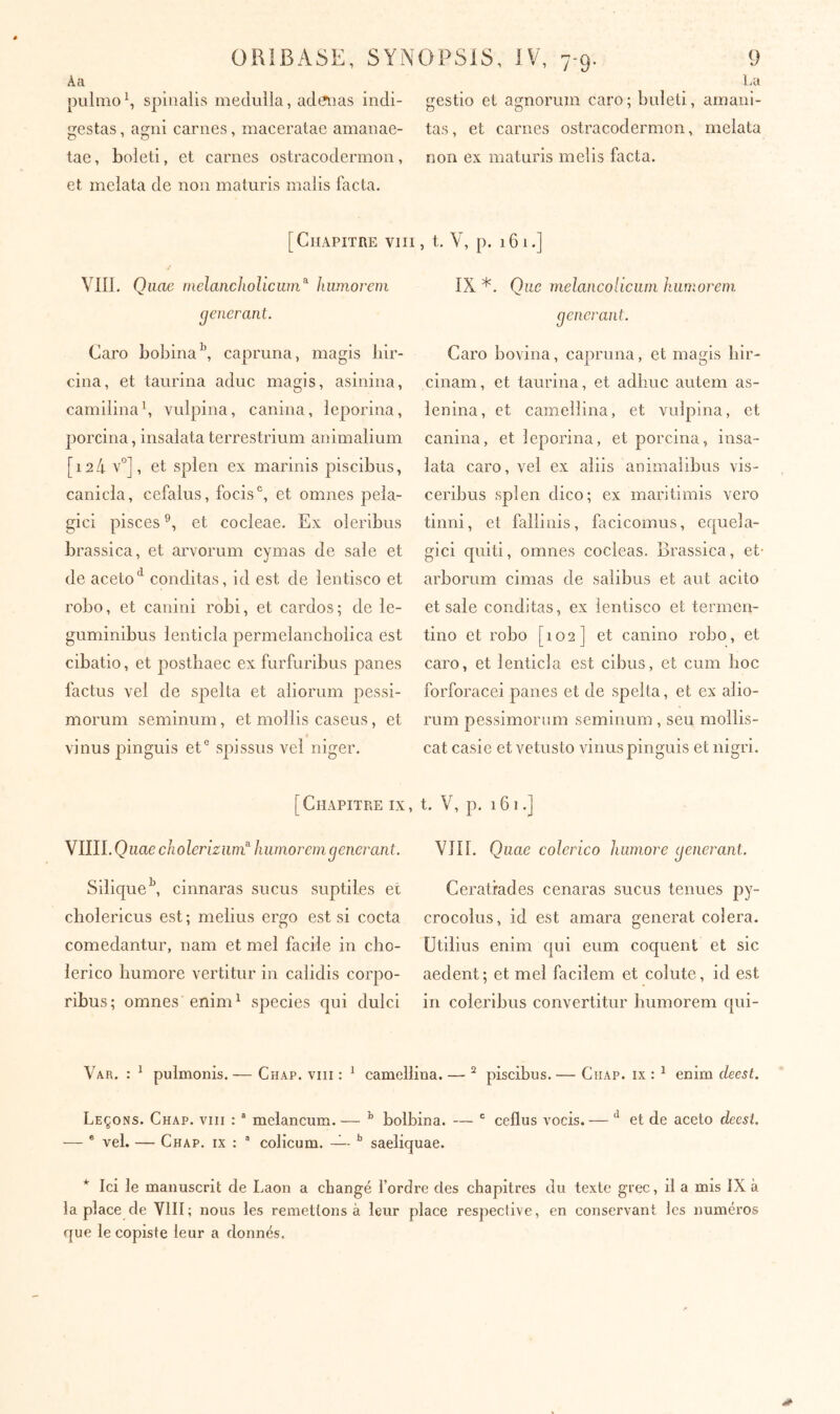 Aa pulmo\ spiualis medulla, ad(?oas indi- gestas , agni carnes, maceratae amanae- tae, boleti, et carnes ostracodermon, et melata de non maturis malis facta. 7-9· La gestio et agnorum caro; buleti, amani- tas, et carnes ostracodermon, melata non ex maturis melis facta. [Chapitre viii, t. V, p. 161.] Vlll. Qiiae melancholicum^ humorem generant. Caro bobina ^ capruna, magis hir- cina, et taurina aduc magis, asinina, camilinab vulpina, canina, leporina, porcina, insalata terrestidum animalium [124 v°], et splen ex marinis piscibus, canicla, cefalus, focis ^ et omnes pela- gici pisces et cocleae. Ex oleribus brassica, et arvorum cymas de sale et de acetoconditas, id est de lentisco et robo, et canini robi, et cardos ; de le- guminibus lenticla permelancholica est cibatio, et posthaec ex furfuribus panes factus vel de sj)elta et aliorum pessi- morum seminum, et mollis caseus, et vinus pinguis et® spissus vel niger. [Chapitre ix VIIII. Qaae cholerizum^ humorem generant. Silique ^ cinnaras sucus suptiies et cholericus est ; melius ergo est si cocta comedantur, nam et mei facile in cho- lerico humore vertitur in calidis corpo- ribus; omnes eninP species qui dulci IX *. Que melancoliciim humorem generant. Caro bovina, capruna, et magis hir- cinam, et taurina, et adhuc autem as- lenina, et camellina, et vulpina, et canina, et leporina, et porcina, insa- lata caro, vel ex aliis animalibus vis- ceribus splen dico; ex maritimis vero tinni, et fallinis, facicomus, equela- gici quiti, omnes cocleas. Brassica, et arborum cimas de salibus et aut ac ito et sale conditas, ex lentisco et termen- tino et robo [102] et canino robo, et caro, et lenticla est cibus, et cum hoc forforacei panes et de spelta, et ex alio- rum pessimorum seminum, seu mollis- cat casic et vetusto vinus pinguis et nigri. t. V, p. 161.] VJIl. Quae colerico humore generant. Ceratrades cenaras sucus tenues py- crocolus, id est amara generat colera. Utilius enim qui eum coquent et sic aedent; et mei facilem et colute, id est in coleribus convertitur humorem qui- Var. : ^ pulmonis. — Chap. viii : * camellina. — ^ piscibus. — Chap. ix : ^ enim cleest. Leçons. Chap. vm : * melancum. — ^ bolbina. — ' ceflus vocis.— et de aceto deesl. — ® vel. — Chap. ix : “ colicum. — saeliquae. * Ici le manuscrit de Laon a changé l’ordre des chapitres du texte grec, il a mis IX à la place de VIII; nous les remettons à leur place respective, en conservant les numéros que le copiste leur a donnés.