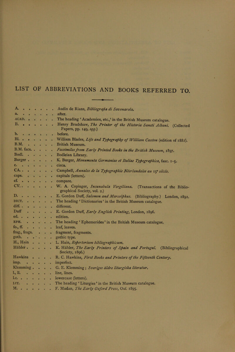 LIST OF ABBREVIATIONS AND BOOKS REFERRED TO. A Audin de Rians, Bibliografa di Savonarola. a after. ACAD The heading ‘ Academies, etc.,’ in the British Museum catalogue. B Henry Bradshaw, The Printer of the Historia Sancti Albani. (Collected Papers, pp. 149, sqq.) h. ..... . before. BI William Blades, Life and Typography of William Caxton (edition of 1882). B.M British Museum. B.M. facs Facsimiles from Early Printed Books in the British Museum, 1897. Bodl Bodleian Library. BurSer K. Burger, Monumenta Germaniae et Italiac Typograpliica, fasc. 1-5. c circa. CA Campbell, Annalcs de la Typographic Nderlandaise au 15® sihle. caps capitals (letters). cf. compare. CV W. A. Copinger, Incunabula Vergiliana. (Transactions of the Biblio- graphical Society, vol. 2.) D E. Gordon Duff, Salomon and Marcolphus. (Bibliography.) London, 1892. DICT The heading 1 Dictionaries ’ in the British Museum catalogue. diff. different. Duff E. Gordon Duff, Early English Printing, London, 1896. ed edition. EpH The heading * Ephemerides ’ in the British Museum catalogue. fo., ff. leaf, leaves. frag., frags. . . . fragment, fragments, goth. . . ' . . . gothic type. H. , Hain . ... L. Hain, Repertorium bibliographicum. Habler K. Habler, The Early Printers of Spain and Portugal. (Bibliographical Society, 1896.) Hawkins . . . . R. C. Hawkins, First Books and Printers of the Fifteenth Century. imp. ..... imperfect. Klcmming . . . . G. E. Klemming ; Sveriges aldre liturgiska literatur. I. , 11 line, lines. l.c lowercase (letters). LIT The heading 1 Liturgies ’ in the British Museum catalogue. M F. Madan, The Early Oxford Press, Oxf. 1895.