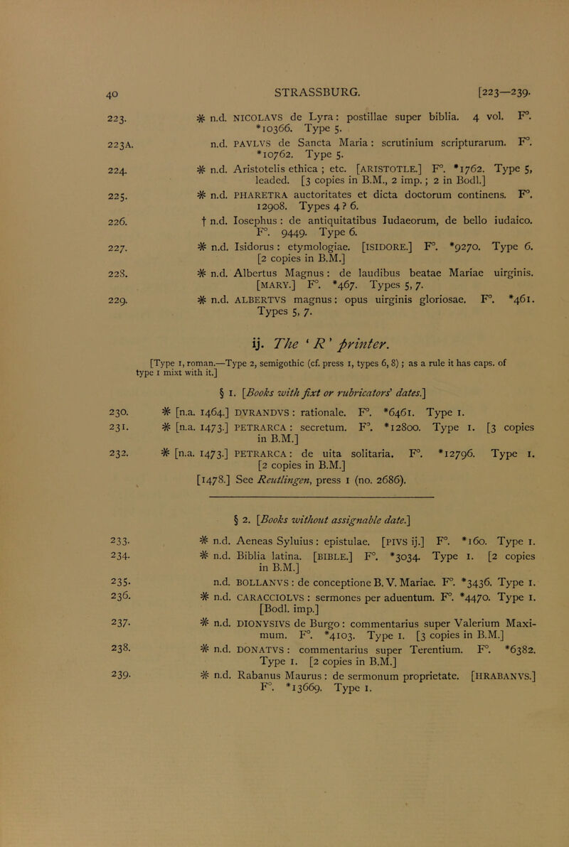 223. # n.d. 223A. n.d. 224. # n.d. 225. # n.d. 226. t n.d. 22 7. # n.d. 228. # n.d. 229. # n.d. STRASSBURG. [223—239. NICOLAVS de Lyra: postillae super biblia. 4 vol. F°. *10366. Type 5. PAVLVS de Sancta Maria: scrutinium scripturarum. F°. *10762. Type 5. Aristotelis ethica ; etc. [ARISTOTLE.] F°. *1762. Type 5, leaded. [3 copies in B.M., 2 imp.; 2 in Bodl.] PHARETRA auctoritates et dicta doctorum continens. F°. 12908. Types 4? 6. Iosephus : de antiquitatibus Iudaeorum, de bello iudaico. F°. 9449. Type 6. Isidorus: etymologiae. [ISIDORE.] F°. *9270. Type 6. [2 copies in B.M.] Albertus Magnus: de laudibus beatae Mariae uirginis. [MARY.] F°. *467. Types 5,7. albertvs magnus: opus uirginis gloriosae. F°. *461. Types 5, 7. ij. The ‘ R ’ printer. [Type 1, roman.—Type 2, semigothic (cf. press 1, types 6, 8); as a rule it has caps, of type 1 mixt with it.] § I. \B00ks with fixt or rubricators’ dates.] 230. # [n.a. 1464.] DVRANDVS : rationale. F°. *6461. Type 1. 231. # [n.a. 1473.] PETRARCA: secretum. F3. *12800. Type 1. [3 copies in B.M.] 232. # [n.a. 1473.] PETRARCA: de uita solitaria. F°. *12796. Type 1. [2 copies in B.M.] [1478.] See Rezctlingen, press 1 (no. 2686). § 2. \B00ks without assignable date.] 233- # n.d. Aeneas Syluius: epistulae. [PIVS ij.] F°. *160. Type 1. 234- # n.d. Biblia latina. [BIBLE.] F°. *3034. Type 1. [2 copies in B.M.] 235- n.d. BOLLANVS : de conceptione B. V. Mariae. F°. *3436. Type 1. 236- # n.d. CARACCIOLVS : sermones per aduentum. F°. *4470. Type 1. [Bodl. imp.] 237- % n.d. DIONYSIVS de Burgo: commentarius super Valerium Maxi- mum. F°. *4103. Type 1. [3 copies in B.M.] 23^. # n.d. DONATVS: commentarius super Terentium. F°. *6382. Type 1. [2 copies in B.M.] 239- # n.d. Rabanus Maurus : de sermonum proprietate. [HRABANVS.] F°. *13669. Type 1.