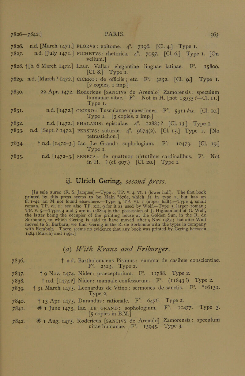 7826. n.d. [March 1471.] FLORVS: epitome. 4°. 7196. [Cl. 4.] Type i. 7827. n.d. [July 1471.] FICHETVS: rhetorica. 4°. 7057. [Cl. 6.] Type i. [On vellum.] 7828. t[b. 6 March 1472.] Laur. Valla: elegantiae linguae latinae. F°. 15800. [Cl. 8.] Type i. 7829. n.d. [March1472.] CICERO: de officiis; etc. F°. 5252. [Cl. 9.] Type i. [2 copies, I imp.] 7830. 22 Apr. 1472. Rodericus [SANCIVS de Areualo] Zamorensis : speculum humanae vitae. P'°. Not in H. [not 13935 ?—Cl. ii.] Type I. 7831. n.d. [1472.] CICERO: Tusculanae quaestiones. F°. 5311 [Cl. lO.] Type I. [3 copies, 2 imp.] 7832. n.d. [1472.] PHALARIS: epistulae. 4°. 12885.? [Cl. 13.] Type i. 7833. n.d. [Sept..? 1472.] PERSIVS: saturae. 4°. 9674(2). [Cl. 15.] Type i. [No tetrastichon.] 7834. t n.d. [1472-3.] lac. Le Grand: sophologium. F°. 10473. [Cl. 19.] Type I. 7835. n.d. [1472-3.] SENECA: de quattuor uirtutibus cardinalibus. F°. Not in H. ? (cf. 907.) [Cl. 20.] Type i. ij. Ulrich Gering, second press. [In sole aureo (R. S. Jacques).—Type 2, TP. v. 4, vi. i (lower half). The first book printed by this press seems to be Hain *6762, which is in type 2, but has on ff. 1-42 an M not found elsewhere.—Type 3, TP. vi. i (upper half).—Type 4, small roman, TP. Vl. 2 ; see also TP. xil. 9 for it as used by Wolf.—Type 5, larger roman ; TP. V. 5.—Types 4 and 5 are in 1488-9 in the possession of J. Higman and of G. Wolf, the latter being the occupier of the printing house at the Golden Sun, in the R. de Sorbonne, to which Gering is said to have moved after $ Nov. 1483 ; but after Wolf moved to S. Barbara, we find Gering in the R. de Sorbonne with the types in company with Rembolt. There seems no evidence that any book was printed by Gering between 1484 (March) and 1494.] {a) With Kranz and Friburger. 7836. t ii-d. Bartholomaeus Pisanus : summa de casibus conscientiae. F°. 2525. Type 2. 7837. t 9 Nov. 1474. Nider: praeceptorium. F°. 11788. Type 2. 7838. t n-d. [1474?] Nider: manuale confessorum. F°. (11843.?) Type 2. 7839. t 31 March 1475. Leonardus de Vtino : sermones de sanctis. F°. *16131. Type 2. 7840. t 13 Apr. 1475. Durandus: rationale. F°. 6476. Type 2. 7841. # I June 1475. lac. LE GRAND: sophologium. F°. 10477. Type 3. [5 copies in B.M.] 7842. # I Aug. 1475. Rodericus [SANCIVS de Areualo] Zamorensis: speculum uitae humanae. - F°. 13945- Type 3.