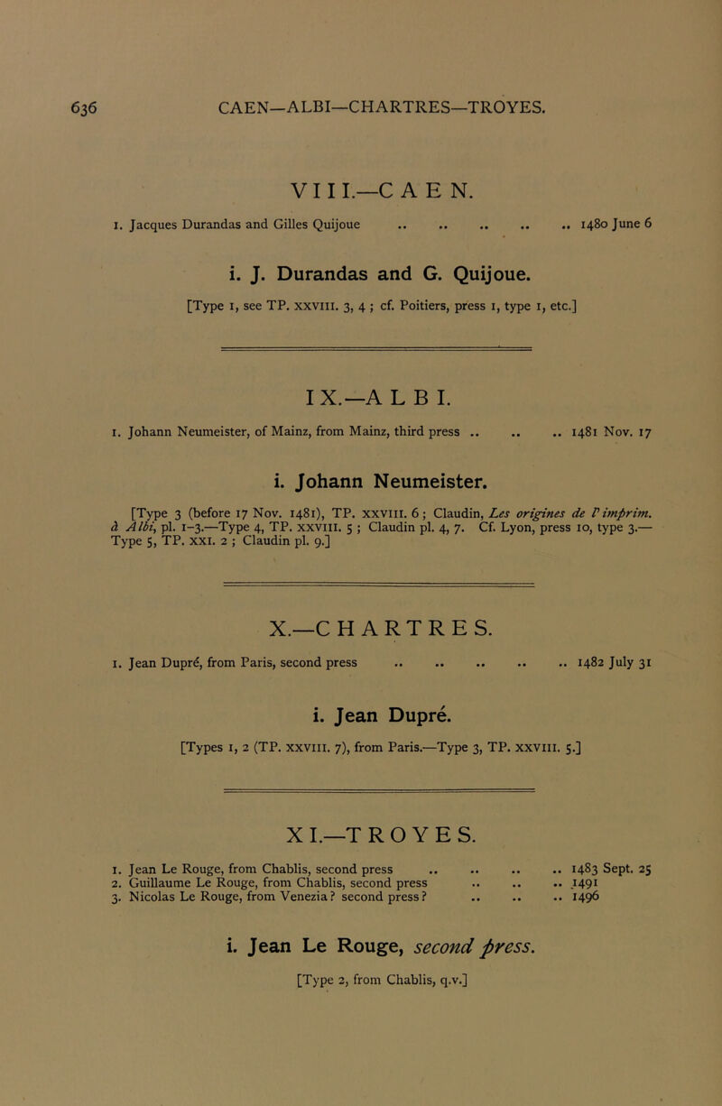 V11 L—C A E N. I. Jacques Durandas and Gilles Quijoue 1480 June 6 i. J. Durandas and G. Quijoue. [Type I, see TP. xxviii. 3, 4 ; cf. Poitiers, press i, type i, etc.] IX.—A L B 1. I. Johann Neunieister, of Mainz, from Mainz, third press .. 1481 Nov. 17 i. Johann Neumeister. [Type 3 (before 17 Nov. 1481), TP. xxviii. 6; Claudin, Les origines de P imprim. d, Albi, pi. 1-3.—Type 4, TP. xxviii. 5 ; Claudin pi. 4, 7. Cf. Lyon, press 10, type 3.— Type 5, TP. xxi. 2 ; Claudin pi. 9.] X.—C H A R T R E S. i. Jean Duprd, from Paris, second press 1482 July 31 i. Jean Dupre. [Types I, 2 (TP. xxviii. 7), from Paris.—Type 3, TP. xxviii. 5.] X I.—T ROVES. 1. Jean Le Rouge, from Chablis, second press 2. Guillaume Le Rouge, from Chablis, second press 3. Nicolas Le Rouge, from Venezia? second press? .. 1483 Sept. 25 .. 1491 .. 1496 i. Jean Le Rouge, second press, [Type 2, from Chablis, q.v.]