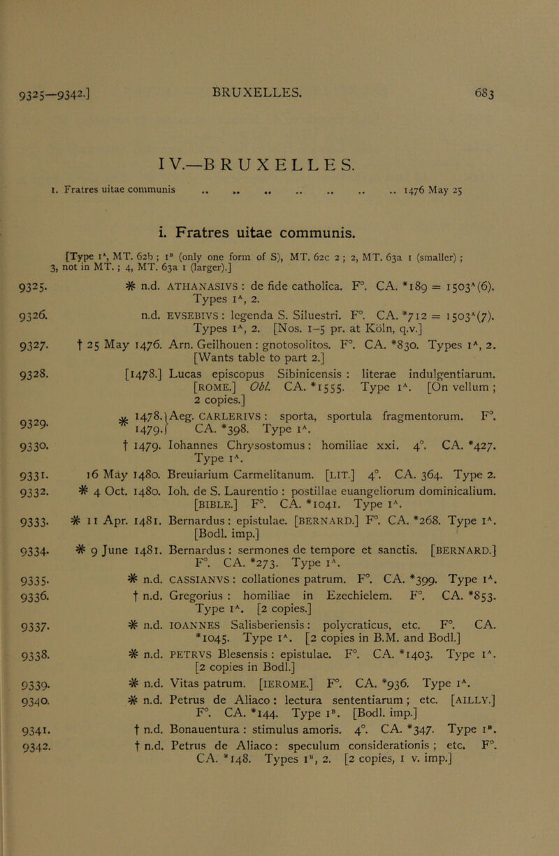 I V.—B RUXELLES. I. Fratres uitae communis 1476 May 25 i. Fratres uitae communis. [Type I*, MT. 62b ; i® (only one form of S), MT. 62c 2 ; 2, MT. 63a i (smaller) ; 3, not in MT.; 4, MT. 63a i (larger).] 9325. # n.d. ATHANASIVS : de fide catholica. F°. CA. *189 = 1503^(6). Types i^, 2. 9326. n.d. EVSEBivs : Icgenda S. Siluestri. F°. CA. *712= 1503^(7). Types 2. [Nos. 1-5 pr. at Koln, q.v.] 9327. t 25 May 1476. Arn. Geilhouen : gnotosolitos. F° CA. *830. Types 2. [Wants table to part 2.] 9328. [1478.] Lucas episcopus Sibinicensis ; literae indulgentiarum. [ROME.] Obi. CA. *1555. Type [On vellum; 2 copies.] ^ 1478.1 Aeg. CARLERIVS: sporta, sportula fragmentorum. F°. ^ CA. *398. Type 9330. t 1479. Johannes Chrysostomus: homiliae xxi. 4°. CA. *427. Type i'^. 9331. 16 May 1480. Breuiarium Carmelitanum. [LIT.] 4°. CA. 364. Type 2. 9332. # 4 Oct. 1480. loh. de S. Laurentio : postillae euangeliorum dominicalium. [BIBLE.] F°. CA. *1041. Type i. 9333* II Apr. 1481. Bernardus: epistulae. [BERNARD.] F° CA. *268. Type i*. [Bodl. imp.] 9334. # 9 June 1481. Bernardus: sermones de tempore et sanctis. [BERNARD.] F°. CA. *273. Type 9335. # n.d. CASSIANVS: collationes patrum. F°. CA. *399. Type i-'. 9336. t n.d. Gregorius : homiliae in Ezechielem. F°. CA. *853. Type I-'. [2 copies.] 9337. # n.d. lOANNES Salisberiensis; polycraticus, etc. F°. CA. *1045. Type [2 copies in B.M. and Bodl.] 9338. ^ n.d. PETRVS Blesensis : epistulae. F°. CA. *1403. Type i''. [2 copies in Bodl.] 9539. # n.d. Vitas patrum. [lEROME.] F°. CA. *936. Type i^. 9340. # n.d. Petrus de Aliaco: lectura sententiarum; etc. [ailly.] F°. CA. *144. Type i«. [Bodl. imp.] 9341. t n.d. Bonauentura : stimulus amoris. 4°. CA. *347- Type i®. 9342. t n.d. Petrus de Aliaco: speculum considerationis ; etc, F°. CA. *148. Types i®, 2. [2 copies, i v. imp.]