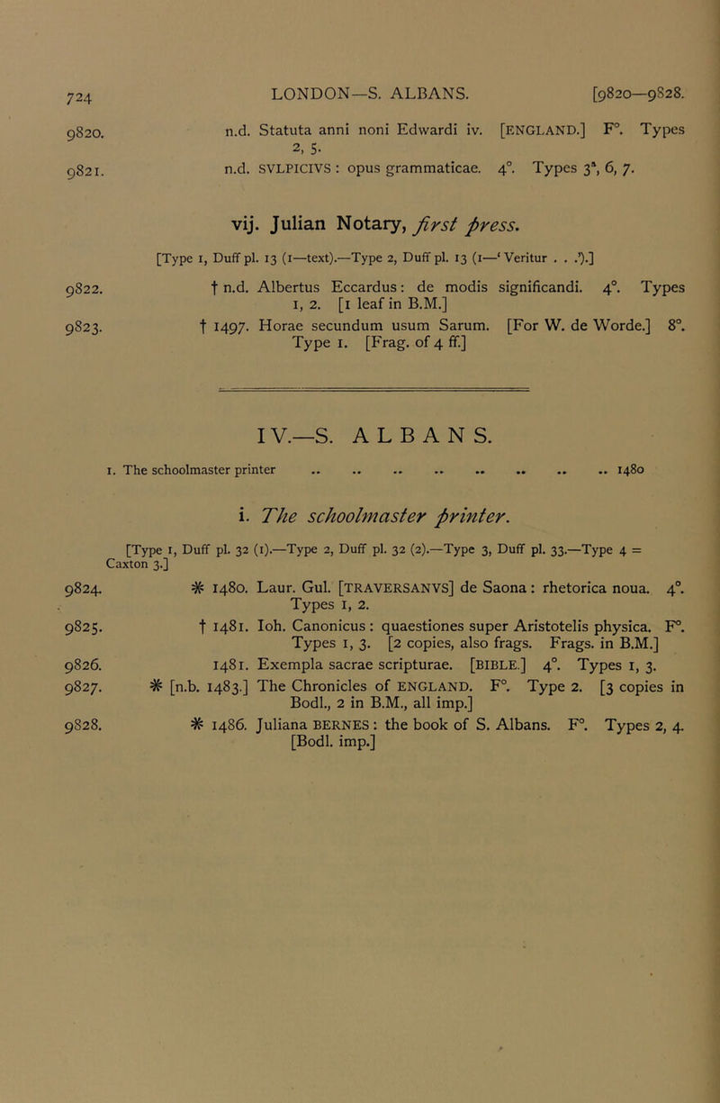 9820. 9821. LONDON—S. ALBANS. [9820—9S28. n.d. Statuta anni noni Edwardi iv. [ENGLAND.] F°. Types 2, 5- n.d. SVLPICIVS : opus grammaticae. 4°. Types 3^ 6, 7. vij. Julian Notary, first press, [Type I, Duff pi. 13 (i—text).—Type 2, Duff pi. 13 (i—‘ Veritur . . .’).] 0822. t n.d. Albertus Eccardus: de modis significandi. 4°. Types 1,2. [i leaf in B.M.] 9823. t 1497. Horae secundum usum Sarum. [For W. de Worde.] 8°. Type I. [Frag, of 4 ff.] IV.—S. ALBANS. I. The schoolmaster printer 1480 i. The schoolmaster printer. [Type I, Duff pi. 32 (i).—Type 2, Duff pi. 32 (2).—Type 3, Duff pi. 33.—Type 4 = Caxton 3.] 9824. # 1480. Laur. Gul. [traversanvs] de Saona : rhetorica noua. 4°. Types I, 2. 9825. t 1481. loh. Canonicus : quaestiones super Aristotelis physica. F°. Types I, 3. [2 copies, also frags. Frags, in B.M.] 9826. 1481. Exempla sacrae scripturae. [BIBLE.] 4°. Types i, 3. 9827. # [n.b. 1483.] The Chronicles of ENGLAND. F°. Type 2. [3 copies in Bodl., 2 in B.M., all imp.] # i486. Juliana BERNES: the book of S. Albans. F°. Types 2, 4. [Bodl. imp.] 9828.