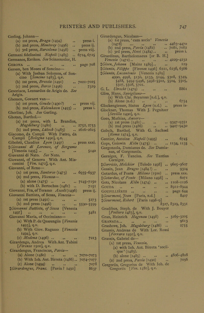 Gerling, Johann— (a) 1st press, Braga (1494) (b) 2nd press, Monterey (1496) .. (c) 3rd press, Barcelona (1498) Germani fidelissimi Napoli .. Germanos, Errikos. See Scinzenzeler, H. press i. press ij. press viij. 6724, 6725 Gerona .. .. .. .. .. page 708 Gerson, ben Moses of Soncino— (a) With Joshua Solomon, of Son- cino \Soncmo 1483], q.v. (b) 1st press, Brescia (1491) .. 7021-7025 (c) 2nd press, Barco (1496) .. 7329 Gesoriaco, Leonardos de Arigis de. See Arigis. Ghemen, Govaert van— (a) ist press, (1490?) .. press vij. (b) 2nd press, K^benhavn (1493) .. press i. Gherlinc, Joh. See Gerling. Ghotan, Barthol.— (a) 1st press, with L. Brandiss, Magdeburg (1480) .. .. 2752,2753 (b) 2nd press, Liibeck (1483) .. 2616-2625 Giacomo, da Campii With Pietro, da Campii \Bologna 1490], q.v. Giboleti, Claudius Lyon (1497) .. press xxxi. XGiovanni di Lorenzo, of Bergatno [Venezia 1495] .. .. .. .. 5140 Giovanni di Nato. See Nato. Giovanni, of Genova With Ant. Mis- comini 1472], q.v. Giovanni, of Reno—■ (a) 1st press, Santorso (1473) .. 6935-6937 (b) 2nd press, Vicenza— (a) alone (i475) 7145-715° (b) with D. Bertochus (1481) .. 7151 Giovanni, Fra, of Teramo Ascoli(14^6) press ij. Giovanni Battista, of Sessa, Venezia— (a) ist press (1491) 5273 (b) 2nd press (1496) .. .. 5590-5599 XGiovanni Battista, of Sessa [Venezia 1497] .. .. 5481 Giovanni Maria, of Occimiano— (a) With P. de Quarengiis [ Venezia 1493] , q-v. (b) With Giov. Ragazzo \yenezia 1494] , q.v. (c) Modena (1496) 7213 Girardengo, Andrea With Ant. Tubini {Firenze 1500], q.v. Girardengus, Franciscos, Pavia— (a) Alone (1480) 7070-7073 (b) With loh. Ant.Birreta (i486).. 7074-7077 (c) Alone (1494) 7078 XGirardengus, Franc. [Pavia ? 1492] 8637 4463-4470 7081, 7082 press i. 4229-4232 129 8861 6754 press ix- 9347-9351 9407-9430 Girardengus, Nicolaus— (a) 1st press, ‘ cum socio’ Venezia (1478) (b) 2nd press, Pavia (1482) (c) 3rd press, Novi (1484).. Girardinus, Bartholomaeus [or B. H.] Venezia (1472).. XGisen, fohann [Mainz 1489].. XGiunta, Filippo [Firenze 1496] 6221, 6236, 6366 XGiunta, Lucantonio [Venezia 1489] 4990, 4998, 5130, 5133, 5144, 5308, 5349, 5488, 5494-5496, 5498-5502, 5504, 5505, 5507, 5508, 5701. G. L. Utrecht (1479) Glim, Hans, Savigliano— (a) With Chr. Beyamus [n.d.], q.v. (b) Alone (n.d.) Glockengiesser, Sixtus Lyon (n.d.) .. Glockner, Thomas With J. Pegnitzer [Sevilla 1490], q.v. Goes, Mathias, Anvers— (a) 1st press (1481).. (b) 2nd press (i486) Golsch, Barthol. With G. Sachsel [Roma 1474], q.v. Gontier, Antoine Napoli (1493) .. 6745 Gops, Goiswin Kdln{i^y^) .. .. 1134,1135 Gorgonzola, Damianus de. See Damia- nus, of Gorgonzola. Gorniger, F. Tancius. See Tantius Corniger. XGorricio, Melchior [Toledo 1498] .. 9605-9607 Gossin, Jean Bruges {\4%4'i) .. .. 9324 Gotardus, of Ponte Milano {1^00) .. press xxx. XGotardus, of Ponte [Milano 1498] .. 6071 Gotz, Nicolaus (1474) .. .. 1108-1126 Gouda 8911-8944 Goupillieres page 644 XGourmont, Jean [Paris, n.d.] .. 8407 XGounnont, Robert [Paris 1498-9] 8327, 8329, 8331 Gradibus, Steph. de With J. Bouyer [Poitiers 1483], q.v. Gran, Heinrich Hagenau (1498) .. 3169-3205 Granada 9613 Grashove, Joh. Magdeburg {14Z6) .. 2755 Grassis, Andreas de With Lor. Rossi [Ferrara 1492], q.v. Grassis, Gabriel de— (a) 1st press, Venezia, (a) with loh. Ant. Birreta ‘socii- que’ (1483). (b) alone (1485) 4806-4808 (b) 2nd press, Pavia (i49°) •• 7096 Gregoriis, Gregorius de With loh. de Gregoriis [Ven. 1480], q.v.