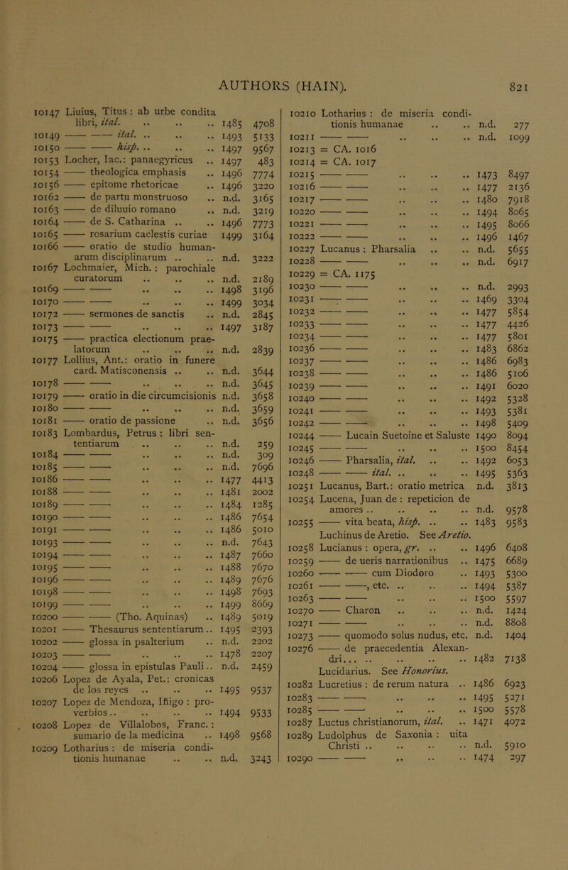 10147 Liuius, Titus : ab urbe condita libri, ital. 4^. 00 4708 10149 ital. .. 1493 5133 10150 hisp. .. 1497 9567 IOI53 Locher, lac.: panaejifyricus 1497 483 10154 theologica emphasis 1496 7774 10156 epitome rhetoricae 1496 3220 10162 de partu monstruoso n.d. 3165 10163 de diluuio romano n.d. 3219 10164 de S. Catharina .. 1496 7773 10165 rosarium caclestis curiae 1499 3164 10166 oratio de studio human- arum disciplinarum .. n.d. 3222 10167 Lochmaier, Mich. : parochiale curatorum n.d. 2189 10169 • • » • • • 1498 3196 10170 > • • • « • 1499 3034 10172 sermones de sanctis n.d. 2845 10173 .. 1497 3187 10175 practica electionum prae- latonim n.d. 2839 10177 Lollius, Ant.: oratio in funere card. Matisconensis .. n.d. 3644 10178 • • • • • • n.d. 3645 10179 oratio in die circumcisionis n.d. 3658 10180 • • • • • ■ n.d. 3659 10181 oratio de passione n.d. 3656 10183 Lombardus, Petrus : libri sen- tentiarum n.d. 259 10184 • • • • • • n.d. 309 10185 .. n.d. 7696 10186 • • • • • • 1477 4413 10188 ' •• •• 1481 2002 10189 • • • • • • 1484 1285 10190 - • • • • • i486 7654 10191 • « ■ • ■ • i486 5010 10193 .. n.d. 7643 10194 • • • • « • 1487 7660 10195 • • • • • • 1488 7670 10196 . . 1489 7676 10198 .. 1498 7693 10199 • • • • • • 1499 8669 10200 (Tho. Aquinas) 1489 5019 10201 Thesaurus sententiarum.. 149s 2393 10202 glossa in psalterium n.d. 2202 10203 1478 2207 10204 glossa in epistulas Pauli.. n.d. 2459 10206 Lopez de Ayala, Pet.: cronicas de los reyes 1495 9537 0 n 0 Lopez de Mendoza, Ifiigo : pro- verbios.. 1494 9533 10208 Lopez de Villalobos, Franc. : sumario de la medicina 1498 9568 10209 Lotharius: de miseria condi- tionis humanae n.d. 3243 10210 Lotharius : de miseria condi- tionis humanae a a n.d. 277 10211 • • .• n.d. 1099 10213 10214 10215 = CA. 1016 = CA. 1017 1473 8497 10216 .. a a 1477 2136 10217 .. a. 1480 7918 10220 a • a a aa 1494 8065 10221 — a a 1495 8066 10222 a a a a 1496 1467 10227 Lucanus : Pharsalia a a n.d. 5655 10228 — a a n.d. 6917 10229 10230 = CA. 1175 n.d. 2993 10231 a a a a a. 1469 3304 10232 a a a a • a 1477 5854 10233 a a a a aa 1477 4426 10234 a a a a aa 1477 5801 10236 a. aa • a 1483 6862 10237 a a a a a a i486 6983 10238 a a a a aa i486 5106 10239 a a a a aa 1491 6020 10240 a a a a •a 1492 5328 10241 a. aa 1493 5381 10242 a. aa 1498 5409 10244 Lucain Suetoine et Saluste 1490 8094 10245 a a a a a a 1500 8454 10246 Pharsalia, ital. • a 1492 6053 10248 ital. .. a. 1495 5363 10251 Lucanus, Bart.: oratio metrica n.d. 3813 10254 Lucena, Juan de : repeticion de amores .. n.d. 9578 10255 vita beata, hisp. .. aa 1483 9583 Luchinus de Aretio. SeeAretio. 10258 Lucianus : opera, .. 1496 6408 10259 de ueris narrationibus a a 1475 6689 10260 cum Diodoro a a 1493 5300 10261 , etc. .. a a 1494 5387 10263 a a a a a. 1500 5597 10270 Charon a. n.d. 1424 10271 aa n.d. 8808 10273 quomodo solus nudus, etc. n.d. 1404 10276 de praecedentia Alexan- dri aaaaa aa aa aa 00 7138 10282 Lucidarius. See Honorius. Lucretius : de rerum natura i486 6923 10283 a* 1495 5271 10285 •a 1500 5578 10287 Luctus christianorum, ital. • • 1471 4072 10289 Ludolphus de Saxonia : Christi .. uita n.d. 5910 10290 ♦ • • • •• 1474 297