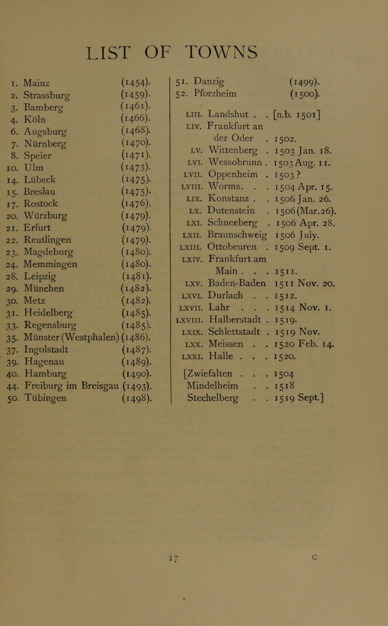 LIST OF TOWNS I. Mainz (1454)- 2. Strassburg (1459)- 3. Bamberg (1461). 4. Koln (1466). 6. Augsburg (1468). 7. Nurnberg (1470). 8. Speier (H70- 10. Ulm (1473)- 14. Liibeck (1475)- 15. Breslau (1475)' 17. Rostock (1476). 20. Wurzburg (1479)- 21. Erfurt (1479)- 22. Reutlingen (1479). 23. Magdeburg (1480). 24. Memmingen (1480). 28. Leipzig (1481). 29. Miinchen (1482). 30. Metz (1482). 31. Heidelberg (1485). 33. Regensburg (1485). 35. Munster(Westphalen) (i486). 37. Ingolstadt (1487). 39. Hagenau (1489). 40. Hamburg (1490). 44. Freiburg im Breisgau (1493). 50. Tubingen (1498). 51. Danzig 52. Pforzheim LIII. Landshut . . LIV. Frankfurt an der Oder LV. Wittenberg . LVI. Wessobrunn . LVII. Oppenheim . LVIII. Worms. . . LIX. Konstanz . LX. Dutenstein LXI. Schneeberg . LXII. Braunschweig LXIII. Ottobeuren . LXIV. Frankfurt am Main . . . LXV. Baden-Baden LXVI. Durlach . . LXVII. Lahr . . . LXVIII. Halberstadt . LXIX. Schlettstadt . LXX. Meissen . . LXXI. Halle . . . [Zwiefalten . . . Mindelheim Stechelberg 17 (1499). (1500). [ii.b. 1501] 1502. 1503 Jan. 18. 1503 Aug. II. 1503? 1504 Apr. 15. 1506 Jan. 26. 1506 (Mar. 26). 1506 Apr. 28. 1506 July. 1509 Sept. 1. 1511. 1511 Nov. 20. 1512. 1514 Nov. I. 1519- 1519 Nov. 1520 Feb. 14. 1520. 1504 1518 1519 Sept]