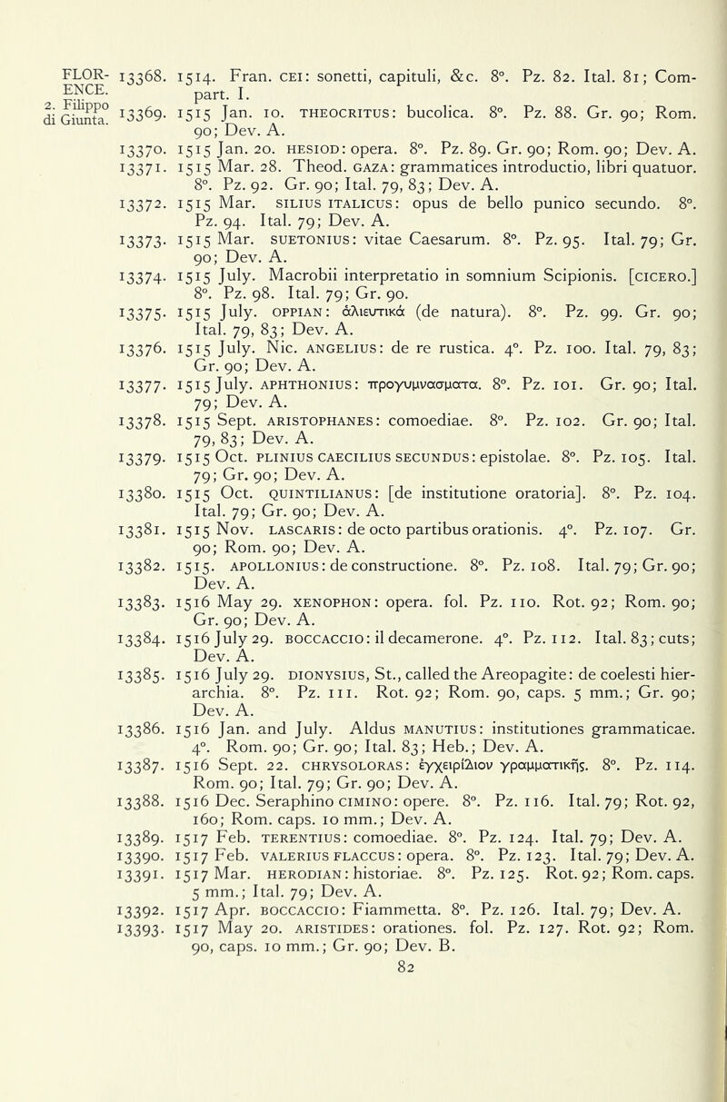 ENCE. 2. Filippo di Giunta. 13368. I3369- 13370. I337I- 13372. 13373- 13374- 13375- 13376. 13377- 13378. 13379- 13380. 13381. 13382. 13383- 13384- 13385- 13386. 13387- 13388. 13389- 13390. i339i- 13392. 13393- 1514. Fran, cei: sonetti, capituli, &c. 8°. Pz. 82. Ital. 81; Com- part. I. 1515 Jan. 10. Theocritus: bucolica. 8°. Pz. 88. Gr. 90; Rom. 90; Dev. A. 1515 Jan. 20. hesiod: opera. 8°. Pz. 89. Gr. 90; Rom. 90; Dev. A. 1515 Mar. 28. Theod. gaza: grammatices introductio, libri quatuor. 8°. Pz. 92. Gr. 90; Ital. 79, 83; Dev. A. 1515 Mar. silius italicus: opus de bello punico secundo. 8°. Pz. 94. Ital. 79; Dev. A. 1515 Mar. suetonius: vitae Caesarum. 8°. Pz. 95. Ital. 79; Gr. 90; Dev. A. 1515 July. Macrobii interpretatio in somnium Scipionis. [cicero.] 8°. Pz. 98. Ital. 79; Gr. 90. 1515 July, oppian: dAieuriKa (de natura). 8°. Pz. 99. Gr. 90; Ital. 79, 83; Dev. A. 1515 July. Nic. angelius: de re rustica. 40. Pz. 100. Ital. 79, 83; Gr. 90; Dev. A. 1515 July. aphthonius: irpoyupvaapaTa. 8°. Pz. 101. Gr. 90; Ital. 79; Dev. A. 1515 Sept. Aristophanes: comoediae. 8°. Pz. 102. Gr. 90; Ital. 79, 83; Dev. A. 1515 Oct. plinius caecilius secundus: epistolae. 8°. Pz. 105. Ital. 79; Gr. 90; Dev. A. 1515 Oct. quintilianus: [de institutione oratoria]. 8°. Pz. 104. Ital. 79; Gr. 90; Dev. A. 1515 Nov. lascaris : de octo partibus orationis. 40. Pz. 107. Gr. 90; Rom. 90; Dev. A. 1515. apollonius : de constructione. 8°. Pz. 108. Ital. 79; Gr. 90; Dev. A. 1516 May 29. xenophon: opera, fol. Pz. no. Rot. 92; Rom. 90; Gr. 90; Dev. A. I5i6july29. Boccaccio : il decamerone. 40. Pz. 112. Ital. 83; cuts; Dev. A. 1516 July 29. dionysius, St., called the Areopagite: de coelesti hier- archia. 8°. Pz. in. Rot. 92; Rom. 90, caps. 5 mm.; Gr. 90; Dev. A. 1516 Jan. and July. Aldus manutius: institutiones grammaticae. 40. Rom. 90; Gr. 90; Ital. 83; Heb.; Dev. A. 1516 Sept. 22. chrysoloras: eyxetpiAiov ypappcrnK-ns. 8°. Pz. 114. Rom. 90; Ital. 79; Gr. 90; Dev. A. 1516 Dec. Seraphino cimino: opere. 8°. Pz. 116. Ital. 79; Rot. 92, 160; Rom. caps. 10 mm.; Dev. A. 1517 Feb. terentius: comoediae. 8°. Pz. 124. Ital. 79; Dev. A. 1517 Feb. Valerius flaccus: opera. 8°. Pz. 123. Ital. 79; Dev. A. 1517 Mar. herodian : historiae. 8°. Pz. 125. Rot. 92; Rom. caps. 5 mm.; Ital. 79; Dev. A. 1517 Apr. boccaccio: Fiammetta. 8°. Pz. 126. Ital. 79; Dev. A. 1517 May 20. Aristides: orationes. fol. Pz. 127. Rot. 92; Rom. 90, caps. 10 mm.; Gr. 90; Dev. B.