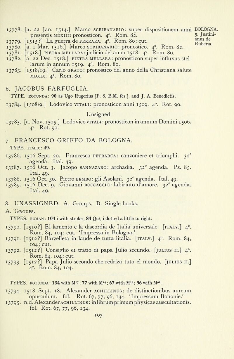 i3778. [a. 22 Jan. 1514.] Marco scribanario: super dispositionem anni presentis mdxiiii pronosticon. 40. Rom. 82. 13779. t1515 ?] La guerra de ferrara. 40. Rom. 80; cut. 13780. [a. 1 Mar. 1516.] Marco scribanario: pronostico. 40. Rom. 82. 13781. [1518.] pietra mellara: judicio del anno 1518. 40. Rom. 80. 13782. [a. 22 Dec. 1518.] pietra mellara: pronosticon super influxus stel- larum in annum 1519. 40. Rom. 80. 13783. [1518/19.] Carlo grato: pronostico del anno della Christiana salute mdxix. 40. Rom. 80. 6. JACOBUS FARFUGLIA. TYPE, rotunda: 90 as Ugo Rugerius [P. 8, B.M. fcs.], and J. A. Benedicts. 13784. [1508/9.] Lodovico vitali: pronosticon anni 1509. 40. Rot. 90. Unsigned 13785. [a. Nov. 1505.] Lodovico vitali : pronosticon in annum Domini 1506. 40. Rot. 90. 7. FRANCESCO GRIFFO DA BOLOGNA. TYPE, italic : 49. 13786. 1516 Sept. 20. Francesco petrarca: canzoniere et triomphi. 320 agenda. Ital. 49. 13787. 1516 Oct. 3. Jacopo sannazaro: archadia. 320 agenda. Pz. 85. Ital. 49. 13788. 1516 Oct. 30. Pietro bembo: gli Asolani. 320 agenda. Ital. 49. 13789. 1516 Dec. 9. Giovanni boccaccio: labirinto d’amore. 320 agenda. Ital. 49. 8. UNASSIGNED. A. Groups. B. Single books. A. Groups. TYPES, roman : 104 i with stroke; 84 Qu/, i dotted a little to right. 13790. [1510?] El lamento e la discordia de Italia universale, [italy.] 40. Rom. 84, 104; cut. ‘Impressa in Bologna.’ 13791. [1512?] Barzelleta in laude de tutta litalia. [italy.] 40. Rom. 84, 104; cut. 13792. [I5I2-?] Consiglio et tratio di papa Julio secundo. [julius ii.] 40. Rom. 84, 104; cut. 13793. [1512?] Papa Julio secondo che redriza tuto el mondo. [julius ii.] 40. Rom. 84, 104. TYPES, rotunda : 134 with M17; 77 with M14; 67 with M18; 96 with M91. 13794. 1518 Sept. 18. Alexander achillinus: de distinctionibus aureum opusculum. fol. Rot. 67, 77, 96, 134. ‘Impressum Bononie.’ 13795. n.d. Alexander achillinus: inlibrumprimumphysicaeauscultationis. fol. Rot. 67, 77, 96, 134. 107 BOLOGNA. 5. Justini- anus de Ruberia.