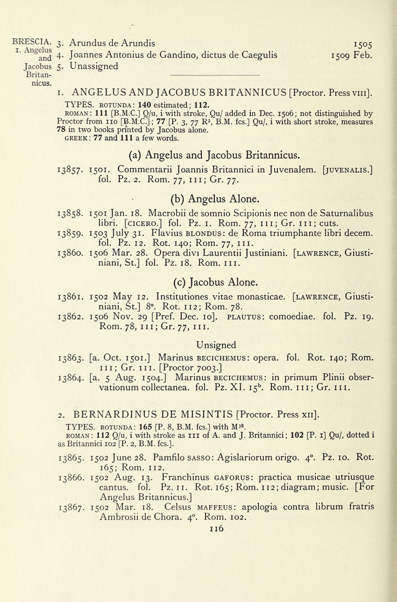 BRESCIA, i. Angelus and Jacobus Britan- nicus. 3. Arundus de Arundis 1505 4. Joannes Antonius de Gandino, dictus de Caegulis 1509 Feb. 5. Unassigned 1. ANGELUS AND JACOBUS BRITANNICUS [Proctor. Press vm]. TYPES, rotunda: 140 estimated; 112. roman: 111 [B.M.C.] Q/u, i with stroke, Qu/ added in Dec. 1506; not distinguished by Proctor from no [B.M.C.]; 77 [P. 3, 77 R2, B.M. fcs.] Qu/, i with short stroke, measures 78 in two books printed by Jacobus alone. Greek : 77 and 111a few words. (a) Angelus and Jacobus Britannicus. 13857. 1501. Commentarii Joannis Britannici in Juvenalem. [juvenalis.] fol. Pz. 2. Rom. 77, hi; Gr. 77. (b) Angelus Alone. 13858. 1501 Jan. 18. Macrobii de somnio Scipionis nec non de Saturnalibus libri. [cicero.] fol. Pz. 1. Rom. 77, 111; Gr. 111; cuts. 13859. 1503 July 31. Flavius blondus: de Roma triumphante libri decern, fol. Pz. 12. Rot. 140; Rom. 77, hi. 13860. 1506 Mar. 28. Opera divi Laurentii Justiniani. [lawrence, Giusti- niani, St.] fol. Pz. 18. Rom. 111. (c) Jacobus Alone. 13861. 1502 May 12. Institutiones vitae monasticae. [lawrence, Giusti- niani, St.] 8°. Rot. 112; Rom. 78. 13862. 1506 Nov. 29 [Pref. Dec. 10]. plautus: comoediae. fol. Pz. 19. Rom. 78, in; Gr. 77, 111. Unsigned 13863. [a. Oct. 1501.] Marinus becichemus: opera, fol. Rot. 140; Rom. hi; Gr. hi. [Proctor 7003.] 13864. [a. 5 Aug. 1504.] Marinus becichemus: in primum Plinii obser- vationum collectanea, fol. Pz. XI. 1513. Rom. 111; Gr. ill. 2. BERNARDINUS DE MISINTIS [Proctor. Press xii]. TYPES, rotunda: 165 [P. 8, B.M. fcs.] with M3». roman: 112 Q/u, i with stroke as in of A. and J. Britannici; 102 [P. 1] Qu/, dotted i as Britannici 102 [P. 2, B.M. fcs.]. 13865. 1502 June 28. Pamfilo sasso: Agislariorum origo. 40. Pz. 10. Rot. 165; Rom. 112. 13866. 1502 Aug. 13. Franchinus gaforus: practica musicae utriusque cantus. fol. Pz. 11. Rot. 165; Rom. 112; diagram; music. [For Angelus Britannicus.] 13867. 1502 Mar. 18. Celsus maffeus: apologia contra librum fratris Ambrosii de Chora. 40. Rom. 102.
