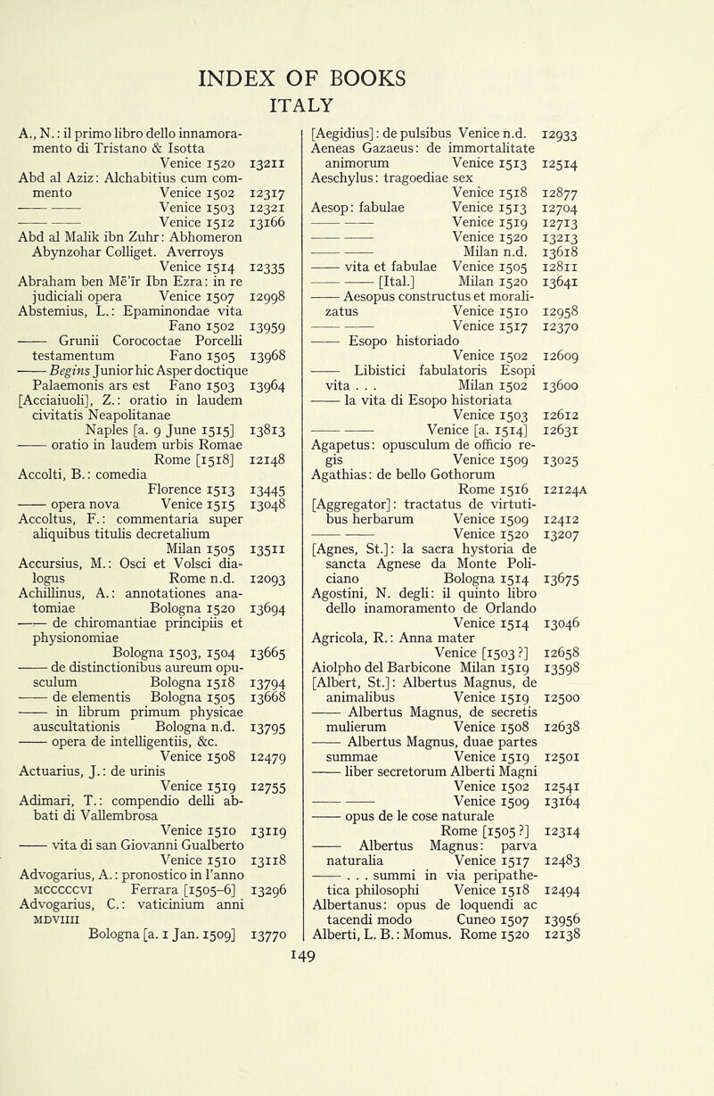 INDEX OF BOOKS ITALY A., N.: il primo libro dello innamora- mento di Tristano & Isotta Venice 1520 13211 Abd al Aziz: Alchabitius cum com- mento Venice 1502 12317 Venice 1503 12321 Venice 1512 13166 Abd al Malik ibn Zuhr: Abhomeron Abynzohar Colliget. Averroys Venice 1514 12335 Abraham ben Me’Ir Ibn Ezra: in re judiciali opera Venice 1507 12998 Abstemius, L.: Epaminondae vita Fano 1502 13959 Grunii Corococtae Porcelli testamentum Fano 1505 13968 Begins Junior hie Asper doctique Palaemonis ars est Fano 1503 13964 [Acciaiuoli], Z.: oratio in laudem civitatis Neapolitanae Naples [a. 9 June 1515] 13813 oratio in laudem urbis Romae Rome [1518] 12148 Accolti, B.: comedia Florence 1513 13445 opera nova Venice 1515 13048 Accoltus, F.: commentaria super aliquibus titulis decretalium Milan 1505 13511 Accursius, M.: Osci et Volsci dia- logus Rome n.d. 12093 Achillinus, A.: annotationes ana- tomiae Bologna 1520 13694 —r— de chiromantiae principiis et physionomiae Bologna 1503, 1504 13665 de distinctionibus aureum opu- sculum Bologna 1518 13794 de elementis Bologna 1505 13668 —■— in librum primum physicae auscultationis Bologna n.d. 13795 opera de intelligentiis, &c. Venice 1508 12479 Actuarius, J.: de urinis Venice 1519 12755 Adimari, T.: compendio delli ab- bati di Vallembrosa Venice 1510 13119 vita di san Giovanni Gualberto Venice 1510 13118 Advogarius, A.: pronostico in l’anno mcccccvi Ferrara [1505-6] 13296 Advogarius, C.: vaticinium anni MDVIIII Bologna [a. 1 Jan. 1509] 13770 [Aegidius]: de pulsibus Venice n.d. Aeneas Gazaeus: de immortalitate animorum Venice 1513 Aeschylus: tragoediae sex Venice 1518 Aesop: fabulae Venice 1513 Venice 1519 Venice 1520 Milan n.d. vita et fabulae Venice 1505 [Ital.] Milan 1520 Aesopus constructus et morali- zatus Venice 1510 Venice 1517 Esopo historiado Venice 1502 Libistici fabulatoris Esopi vita . . . Milan 1502 la vita di Esopo historiata Venice 1503 Venice [a. 1514] Agapetus: opusculum de officio re- gis Venice 1509 Agathias: de bello Gothorum Rome 1516 [Aggregator]: tractatus de virtuti- bus herbarum Venice 1509 Venice 1520 [Agnes, St.]: la sacra hystoria de sancta Agnese da Monte Poli- ciano Bologna 1514 Agostini, N. degli: il quinto libro dello inamoramento de Orlando Venice 1514 Agricola, R.: Anna mater Venice [1503?] Aiolpho del Barbicone Milan 1519 [Albert, St.]: Albertus Magnus, de animalibus Venice 1519 Albertus Magnus, de secretis mulierum Venice 1508 Albertus Magnus, duae partes summae Venice 1519 liber secretorum Alberti Magni Venice 1502 Venice 1509 —— opus de le cose naturale Rome [1505 ?] Albertus Magnus: parva naturalia Venice 1517 . . . summi in via peripathe- tica philosophi Venice 1518 Albertanus: opus de loquendi ac tacendi modo Cuneo 1507 Alberti, L. B.: Momus. Rome 1520 149 12933 12514 12877 12704 12713 13213 13618 12811 13641 12958 12370 12609 13600 12612 12631 13025 12124A 12412 13207 13675 13046 12658 13598 12500 12638 12501 12541 13164 12314 12483 12494 13956 12138