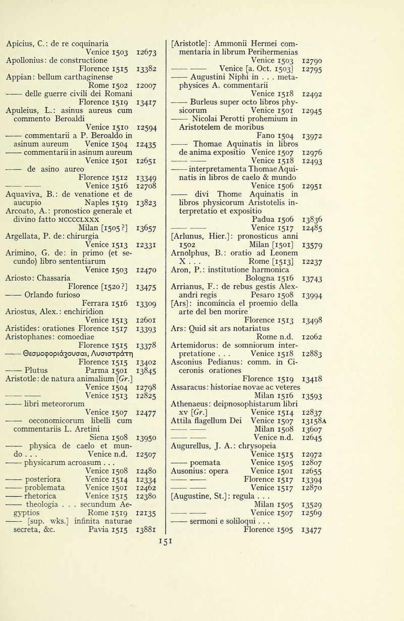 Apicius, C.: de re coquinaria Venice 1503 12673 Apollonius: de constructione Florence 1515 13382 Appian: bellum carthaginense Rome 1502 12007 delle guerre civili dei Romani Florence 1519 13417 Apuleius, L.: asinus aureus cum commento Beroaldi Venice 1510 12594 commentarii a P. Beroaldo in asinum aureum Venice 1504 12435 commentarii in asinum aureum Venice 1501 12651 de asino aureo Florence 1512 13349 Venice 1516 12708 Aquaviva, B.: de venatione et de aucupio Naples 1519 13823 Arcoato, A.: pronostico generate et divino fatto mcccclxxx Milan [1505 ?] 13657 Argellata, P. de: chirurgia Venice 1513 12331 Arimino, G. de: in primo (et se- cundo) libro sententiarum Venice 1503 12470 Ariosto: Chassaria Florence [1520?] 13475 Orlando furioso Ferrara 1516 13309 Ariostus, Alex.: enchiridion Venice 1513 12601 Aristides: orationes Florence 1517 Aristophanes: comoediae 13393 Florence 1515 13378 —■— ©eapocpopidsouaca, AuataTpoar) Florence 1515 13402 Plutus Parma 1501 13845 Aristotle: de natura animalium [Gr.] Venice 1504 12798 — Venice 1513 12825 libri meteororum Venice 1507 12477 oeconomicorum libelli cum commentariis L. Aretini Siena 1508 13950 -—— physica de caelo et mun- do . . . Venice n.d. 12507 physicarum acroasum .. . Venice 1508 12480 posteriora Venice 1514 12334 problemata Venice 1501 12462 rhetorica Venice 1515 12380 theologia . . . secundum Ae- gyptios Rome 1519 12135 [sup. wks.] infinita naturae secreta, &c. Pavia 1515 13881 [Aristotle]: Ammonii Hermei com- mentaria in librum Perihermenias Venice 1503 12790 Venice [a. Oct. 1503] 12795 Augustini Niphi in . . . meta- physices A. commentarii Venice 1518 12492 Burleus super octo libros phy- sicorum Venice 1501 12945 Nicolai Perotti prohemium in Aristotelem de moribus Fano 1504 13972 Thomae Aquinatis in libros de anima expositio Venice 1507 12976 Venice 1518 12493 interpretamenta Thomae Aqui- natis in libros de caelo & mundo Venice 1506 12951 divi Thome Aquinatis in libros physicorum Aristotelis in- terpretatio et expositio Padua 1506 13836 Venice 1517 12485 [Arlunus, Hier.]: pronosticus anni 1502 Milan [1501] 13579 Arnolphus, B.: oratio ad Leonem X . . . Rome [1513] 12237 Aron, P.: institutione harmonica Bologna 1516 13743 Arrianus, F.: de rebus gestis Alex- andri regis Pesaro 1508 13994 [Ars]: incomincia el proemio della arte del ben morire Florence 1513 13498 Ars: Quid sit ars notariatus Rome n.d. 12062 Artemidorus: de somniorum inter- pretatione . . . Venice 1518 12883 Asconius Pedianus: comm, in Ci- ceronis orationes Florence 1519 13418 Assaracus: historiae novae ac veteres Milan 1516 13593 Athenaeus: deipnosophistarum libri xv [G/.] Venice 1514 12837 Attila flagellum Dei Venice 1507 13158A — Milan 1508 13607 — Venice n.d. 12645 Augurellus, J. A. : chrysopeia Venice 1515 12972 poemata Venice 1505 12807 Ausonius: opera Venice 1501 12655 — Florence 1517 13394 — Venice 1517 12870 [Augustine, St.]: regula . . . Milan 1505 13529 — Venice 1507 12569 sermoni e soliloqui. . . Florence 1505 13477