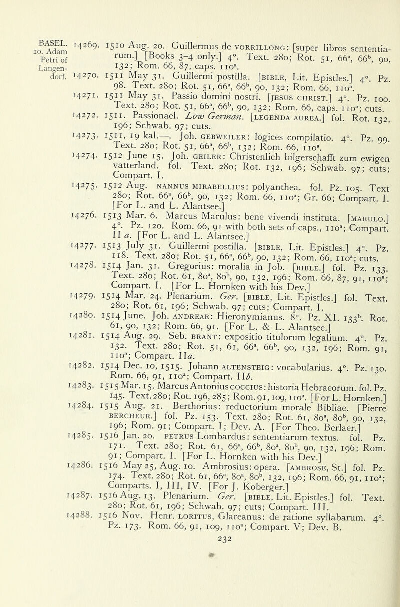 i<?aS H26g‘ Aug 20. Guillermus de vorrillong: [super libros sententia- PetriTf rum*] fBooks 3-4 only.] 4°. Text. 280; Rot. 51, 66a, 66b, 90, Langen- I32J Rom. 66, 87, caps. noa. dorf. 14270- I511 May 31. Guillermi postilla. [bible, Lit. Epistles.] 40. Pz. 98- Text. 280; Rot. 51, 66a, 66b, 90, 132; Rom. 66, noa. I427I- I511 May 31. Passio domini nostri. [jesus Christ.] 40. Pz. 100. Text. 280; Rot. 51, 66a, 66b, 90, 132; Rom. 66, caps. noa; cuts. 14272. 1511. Passionael. Low German, [legenda aurea.] fol. Rot. 132, 196; Schwab. 97; cuts. I4273- 19 kal.—. Joh. gebweiler: logices compilatio. 40. Pz. 99. Text. 280; Rot. 51, 66a, 66b, 132; Rom. 66, noa. J4274- I512 June 15. Joh. geiler: Christenlich bilgerschafft zum ewigen vatterland. fol. Text. 280; Rot. 132, 196; Schwab. 97; cuts; Compart. I. 1512 Aug. nannus mirabellius: polyanthea. fol. Pz. 105. Text 280; Rot. 66a, 66b, 90, 132; Rom. 66, noa; Gr. 66; Compart. I. [For L. and L. Alantsee.] 1513 Mar. 6. Marcus Marulus: bene vivendi instituta. [marulo.] 4°. Pz. 120. Rom. 66, 91 with both sets of caps., noa; Compart. II a. [For L. and L. Alantsee.] 1513 July 31- Guillermi postilla. [bible, Lit. Epistles.] 40. Pz. 118. Text. 280; Rot. 51, 66a, 66b, 90, 132; Rom. 66, noa; cuts. 1514 Jan- 31- Gregorius: moralia in Job. [bible.] fol. Pz. 133. Text. 280; Rot. 61, 8oa, 8ob, 90, 132, 196; Rom. 66, 87, 91, noa; Compart. I. [For L. Hornken with his Dev.] 1514 Mar. 24. Plenarium. Ger. [bible, Lit. Epistles.] fol. Text. 280; Rot. 61, 196; Schwab. 97; cuts; Compart. I. I5I4june. Joh. andreae: Hieronymianus. 8°. Pz. XI. 133L Rot. 61, 90, 132; Rom. 66, 91. [For L. & L. Alantsee.] I5I4 Aug. 29. Seb. brant: expositio titulorum legalium. 40. Pz. 132. Text. 280; Rot. 51, 61, 66a, 66b, 90, 132, 196; Rom. 91,’ noa; Compart. IIzz. 1514 Dec. 10, 1515. Johann altensteig: vocabularius. 40. Pz. 130. Rom. 66, 91, 1 ioa; Compart. Hi. 1515 Mar. 15. Marcus Antoniuscoccius: historia Hebraeorum. fol. Pz. 145. Text.280; Rot. 196, 285; Rom.91,109, noa. [For L. Hornken.] 1515 Aug. 21. Berthorius: reductorium morale Bibliae. [Pierre bercheur.] fol. Pz. 153. Text. 280; Rot. 61, 8oa, 8ob, 90, 132, 196; Rom. 91; Compart. I; Dev. A. [For Theo. Berlaer.] I5Ib Jan. 20. petrus Lombardus: sententiarum textus. fol. Pz. 171. Text. 280; Rot. 61, 66a, 66b, 8oa, 8ob, 90, 132, 196; Rom. 91; Compart. I. [For L. Hornken with his Dev.] 1516 May 25, Aug. 10. Ambrosius: opera. [Ambrose, St.] fol. Pz. 174- Text. 280; Rot. 61, 66a, 8oa, 8ob, 132, 196; Rom. 66, 91, noa; Comparts. I, III, IV. [For J. Koberger.] 1516 Aug. 13. Plenarium. Ger. [bible, Lit. Epistles.] fol. Text. 280; Rot. 61, 196; Schwab. 97; cuts; Compart. III. Pz. 173. Rom. 66, 91, 109, 1 ioa; Compart. V; Dev. B. 232 I4275- 14276. 14277. 14278. 14279. 14280. 14281. 14282. 14283. 14284. 14285. 14286. 14287.