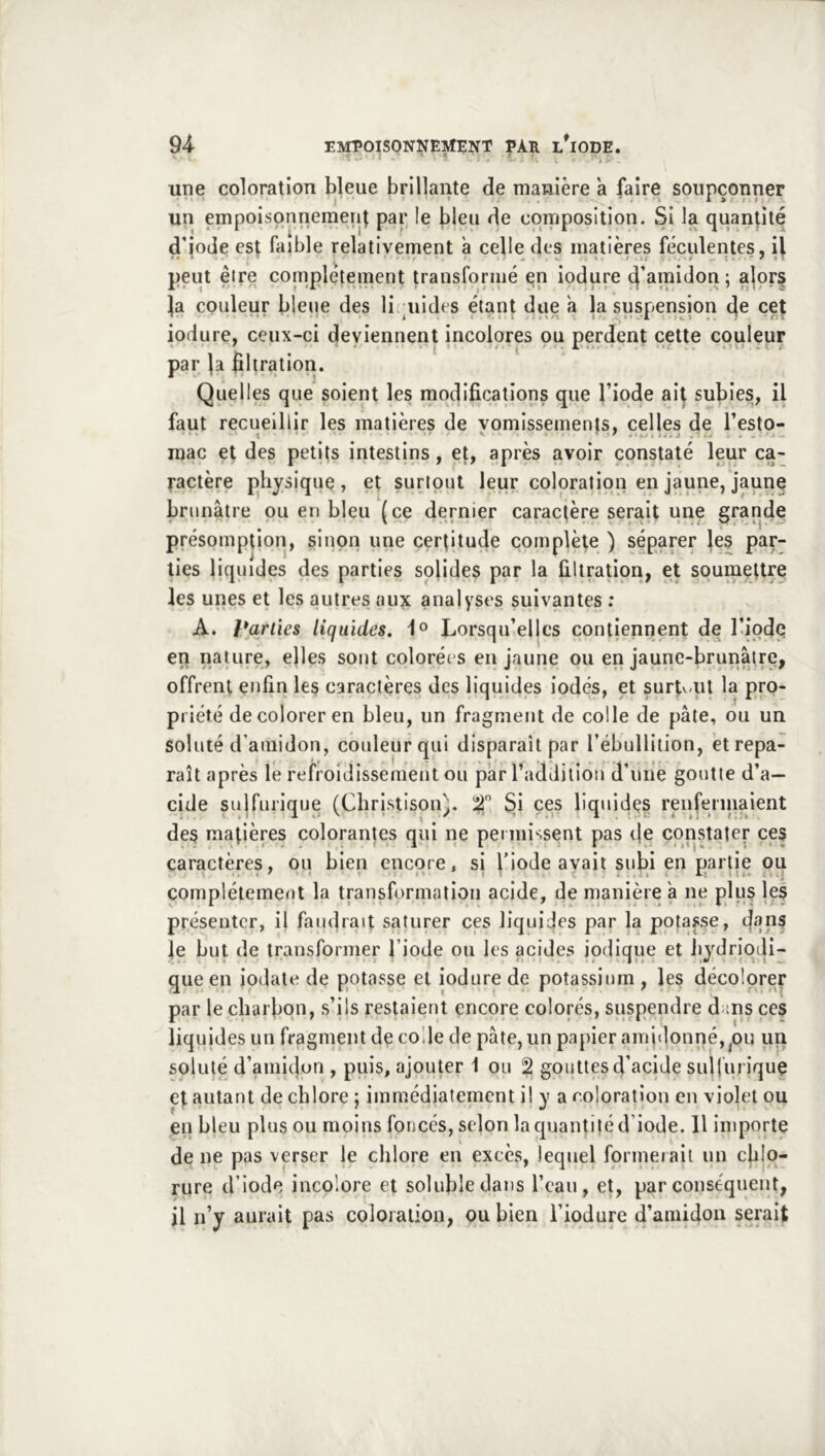 une coloration bleue brillante de manière à faire soupçonner un empoisonnement par le })leu de composition. Si la quantité d’iode est faible relativement à celle des matières féculentes, il peut eire complètement transfoniié en iodure d[’aipidon; ajors la couleur bleue des liniides étant due à la suspension de cet iodure, ceux-ci deviennent incolores ou perdent cette couleur • ’ • ■ ' t ' ' • ■ ( ■ <. <i. ■. .. w. / par la filtration. Quelles que soient les modifications que Tiode ai^ subies, il faut recueillir les matières de vomissements, celles de l’esto- raac et des petits intestins, et, après avoir constaté leur ca- ractère physique, et surtout leur coloration en jaune, jaune brunâtre ou en bleu (ce dernier caractère serait une grande présomption, sinon une certitude complète ) séparer }es par- ties liquides des parties solides par la filtration, et soumettre les unes et les autres au^ analyses suivantes ; A. parties liquides, 1° Lorsqu’elles contiennent de l’iode en nature, elles sont colorées en jaune ou en jaunc-brunâ|rc, offrent enfin les caractères des liquides iodés, et surtvqit la pro- priété de colorer en bleu, un fragment de colle de pâte, ou un soluté d’amidon, couleur qui disparaît par l’ébullition, et repa- raît après lé refroidissement ou par l’addition d’uiie goutte d’a- cide sulfurique (Christlson). Si ces llquidçs renferiuaient des matières colorantes qui ne permi'^sent pas c(e constater ces caractères, ou bien encore, si l’iode avait subi en partie ou complètement la transformation acide, de manière â ne plus le? présenter, il faudrait saturer ces liquides par la potasse, ddP? le but de transformer l’iode ou les acides ipdique et Jiydriqdi- queen iodate de potasse et iodure de potassium , les décolorer par le charbon, s’ils restaient encore colorés, suspendre d :ns ces liquides un fragment de code de pâte, un papier amidonné, ^ou un soluté d’ami(jon , puis, ajouter 1 ou 2 gouttes 4’acide sulfuriquç et autant de chlore ; immédiatement il y a coloration en violet ou en bleu plus ou moins foncés, selon la quantité d’iode. 11 importe de ne pas verser le chlore en excès, lequel forinerait un chlo- rure triode incolore et soluble dans l’eau, et, par conséquent, il n’y aurait pas coloration, qu bien l’iodure d’amidon serait