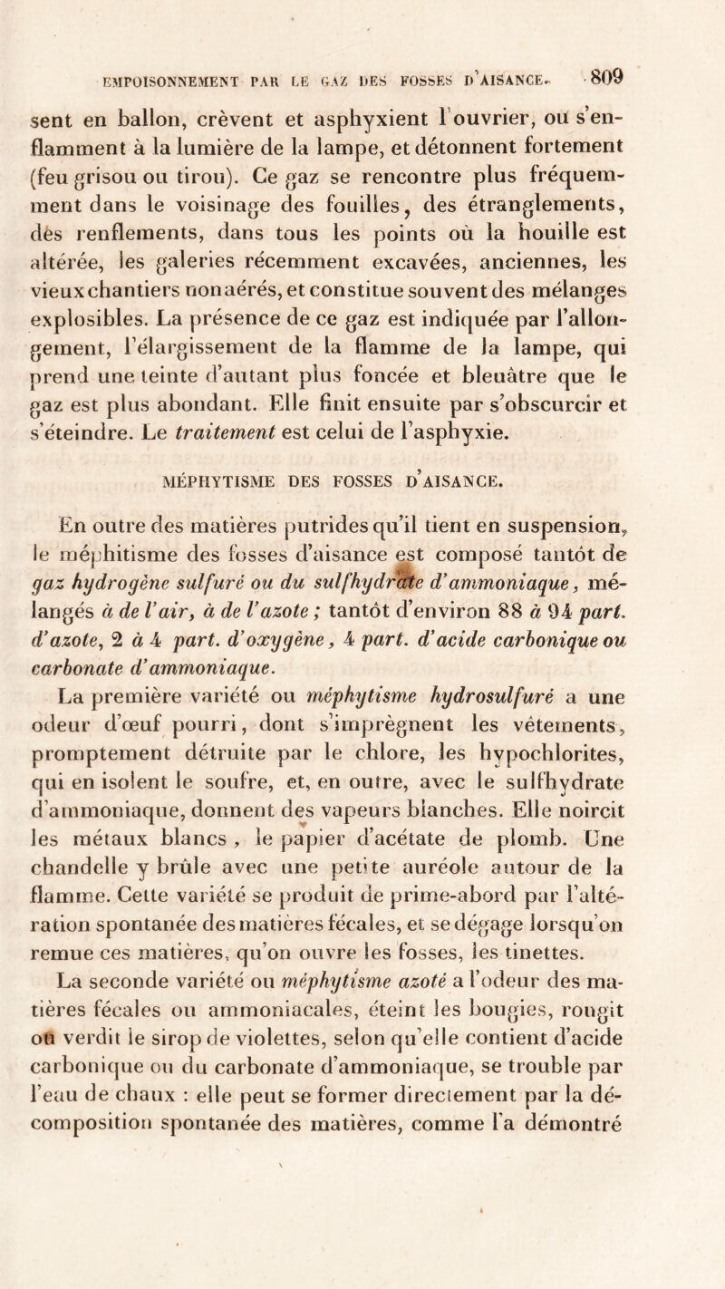 sent en ballon, crèvent et asphyxient T ouvrier, ou s en- flamment à la lumière de la lampe, et détonnent fortement (feu grisou ou tirou). Ce gaz se rencontre plus fréquem- ment dans le voisinage des fouilles? des étranglements, des renflements, dans tous les points où la houiile est altérée, les galeries récemment excavées, anciennes, les vieuxchantiers nonaérés, et constitue souvent des mélanges explosibles. La présence de ce gaz est indiquée par rallon- gement, rélargissement de la flamme de la lampe, qui prend une teinte d’autant plus foncée et bleuâtre que le gaz est plus abondant. Elle finit ensuite par s’obscurcir et s’éteindre. Le traitement est celui de l’aspbyxie. MÉPHYTISME DES FOSSES d’aîSANCE. En outre des matières putrides qu’il tient en suspension^ le méphitisme des fosses d’aisance est composé tantôt de gaz hydrogène sulfuré ou du suif hydrate d’ammoniaque, mé- langés à de l’air, à de Vazote ; tantôt d’environ 88 à 94 part. d’azote, 2 à 4 part. d’oxygène, 4 part. d’acide carbonique ou carbonate d’ammoniaque. La première variété ou méphytisme hydrosulfurè a une odeur d’œuf pourri, dont s’imprègnent les vêtements, promptement détruite par le chlore, les hypochlorites, qui en isolent le soufre, et, en outre, avec le sulfhydrate d’ammoniaque, donnent des vapeurs blanches. Elle noircit les métaux blancs , le papier d’acétate de plomb. Une chandelle y brûle avec une petite auréole autour de la flamme. Cette variété se produit de prime-abord par l’alté- ration spontanée des matières fécales, et se dégage lorsqu’on remue ces matières, qu’on ouvre les fosses, les tinettes. La seconde variété ou méphytisme azoté a l’odeur des ma- tières fécales ou ammoniacales, éteint les bougies, rougit ou verdit le sirop de violettes, selon qu elle contient d’acide carbonique ou du carbonate d’ammoniaque, se trouble par l’eau de chaux : elle peut se former directement par la dé- composition spontanée des matières, comme l a démontré