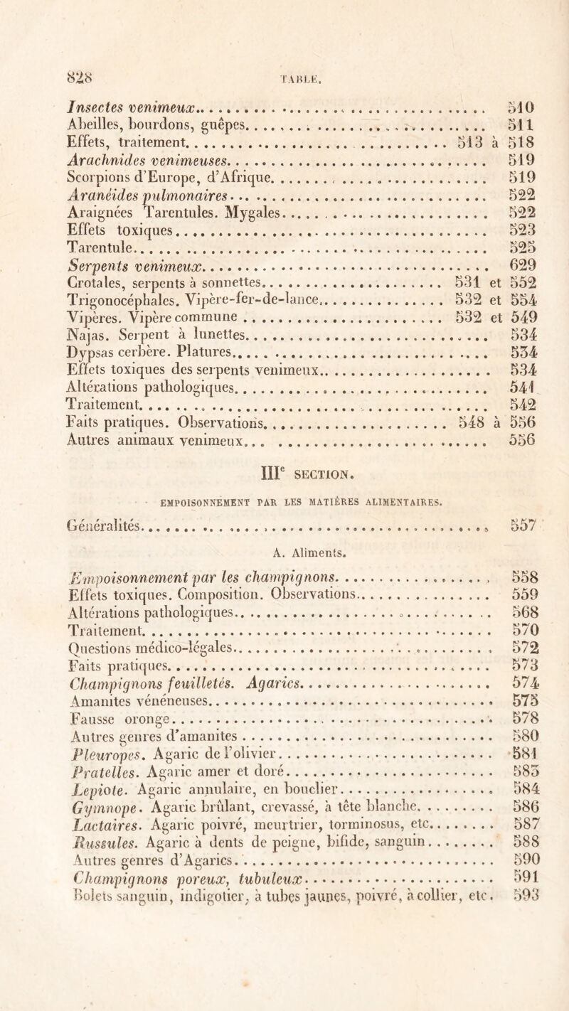 Insectes venimeux 510 Abeilles, bourdons, guêpes 511 Effets, traitement 513 à 518 Arachnides venimeuses « 519 Scorpions d’Europe, d’Afrique , 519 Aranêides pulmonaires 522 Araignées Tarentules. Mygales 522 Effets toxiques 523 Tarentule 525 Serpents venimeux 629 Crotales, serpents à sonnettes 531 et 552 Trigonocéphales. Vipère-fer-de-lance . 532 et 554 Vipères. Vipère commune 532 et 549 Najas. Serpent à lunettes. 534 Dypsas cerbère. PIatures 554 Effets toxiques des serpents venimeux 534 Altérations pathologiques 541 Traitement. 542 Faits pratiques. Observations 548 à 556 Autres animaux venimeux. 556 IIIe SECTION. EMPOISONNEMENT PAR LES MATIÈRES ALIMENTAIRES. Généralités 557 A. Aliments. Empoisonnement par les champignons 558 Effets toxiques. Composition. Observations 559 Altérations pathologiques 568 Traitement 570 Questions médico-légales ’. . » 572 Faits pratiques 573 Champignons feuilletés. Agarics. 574 Amanites vénéneuses 575 Fausse oronge 578 Autres genres d’amanites 580 Pleuropes. Agaric de l’olivier 581 Pratelles. Agaric amer et doré 585 Lepiote. Agaric annulaire, en bouclier 584 Gymnope. Agaric brûlant, crevassé, à tête blanche 586 Lactaires. Agaric poivré, meurtrier, torminosus, etc 587 Russules. Agaric à dents de peigne, bifide, sanguin 588 Autres genres d’Agarics. 590 Champignons poreux, tubuleux 591 bolets sanguin, indigotier, à tubçs jaunes, poivré, à collier, etc. 593