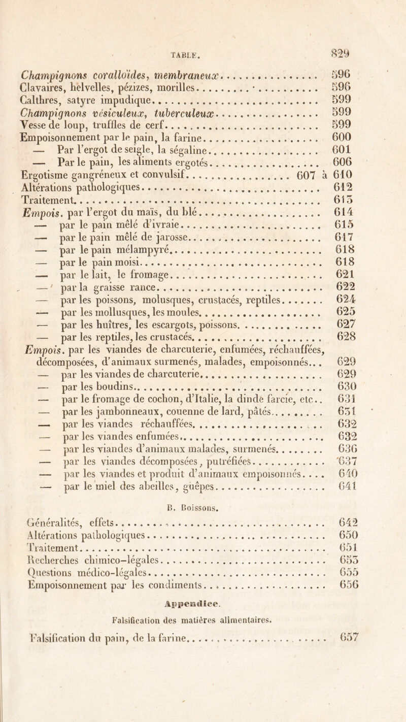 Champignons coralloïdes, membraneux 596 Clavaires, helvelles, pézizes, morilles • 596 Calthres, satyre impudique 599 Champignons vésiculeux, tuberculeux 599 Yesse de loup, truffles de cerf 599 Empoisonnement par le pain, la farine................... 600 — Par l’ergot de seigle, la ségaline 601 — Par le pain, les aliments ergotes 606 Ergotisme gangréneux et convulsif 607 à 610 Altérations pathologiques. 612 Traitement 615 Empois, par l’ergot du maïs, du blé. . 614 — par le pain mêlé d’ivraie. 615 -— par le pain mêlé de jarosse 617 — par le pain mélampyré 618 — par le pain moisi 618 — par le lait, le fromage 621 — ' parla graisse rance 622 — par les poissons, molusques, crustacés, reptiles 624 — par les mollusques, les moules. 625 — par les huîtres, les escargots, poissons 627 — par les reptiles, les crustacés. 628 Empois, par les viandes de charcuterie, enfumées, réchauffées, décomposées, d’animaux surmenés, malades, empoisonnés... 629 — par les viandes de charcuterie, 629 — par les boudins 630 — par le fromage de cochon, d’Italie, la dinde farcie, etc.. 631 — par les jambonneaux, couenne de lard, pâtés 651 — par les viandes réchauffées 632 — par les viandes enfumées 632 — par les viandes d’animaux malades, surmenés 636 — par les viandes décomposées, putréfiées '637 — par les viandes et produit d’animaux empoisonnés. . .. 640 — par le miel des abeilles, guêpes 641 B. Boissons. Généralités, effets 642 Altérations pathologiques 650 Traitement 651 Recherches chimico-légales 655 Questions médico-légales 655 Empoisonnement par les condiments. 656 Appendice. Falsification des matières alimentaires. Falsification du pain, de la farine. ..... 657