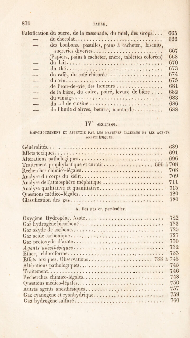 Falsification du sucre, de la cassonade, du miel, des sirops... . 665 — du chocolat ...... 666 — des bonbons, pastilles, pains à cacheter, biscuits, sucreries diverses 667 (Papiers, pains à cacheter, encre, tablettes colorées) 668 —- du lait 670 — du thé 673 — du café, du café chicorée 674 — du vin 675 —- de l’eau-de-vie, des liqueurs 681 — de la bière, du cidre, poiré, levure de bière .... 682 — du vinaigre 683 — du sel de cuisine 686 —~ de l’huile d’olives, beurre, moutarde 688 i 4 IYe SECTION. Empoisonnement et asphyxie par les matières gazeuses et les agents ANESTHÉSIQUES. Généralités... 0 689 Effets toxiques 691 Altérations pathologiques 696 Traitement prophylactique et curatif 696 à 708 Recherches chimico-légales 708 Analyse du corps du délit 709 Analyse de l’atmosphère méphitique 711 Analyse qualitative et quantitative 715 Questions médico-légales .. * c 720 Classification des gaz. 720 A. Des gaz en particulier. Oxygène. Hydrogène. Azote 722 Gaz hydrogène bicarboné 723 Gaz oxyde de carbone 725 Gaz acide carbonique 727 Gaz protoxyde d’azote 750 Agents anesthésiques ... 732 Ether, chloroforme 733 Effets toxiques. Observations 733 à 745 Altérations pathologiques 745 Traitement .. 746 Recherches chimico-légales 748 Questions médico-légales 750 Autres agents anesthésiques 757 Gaz cyanogène et cyanhydrique 759 Gaz hydrogène sulfuré 760