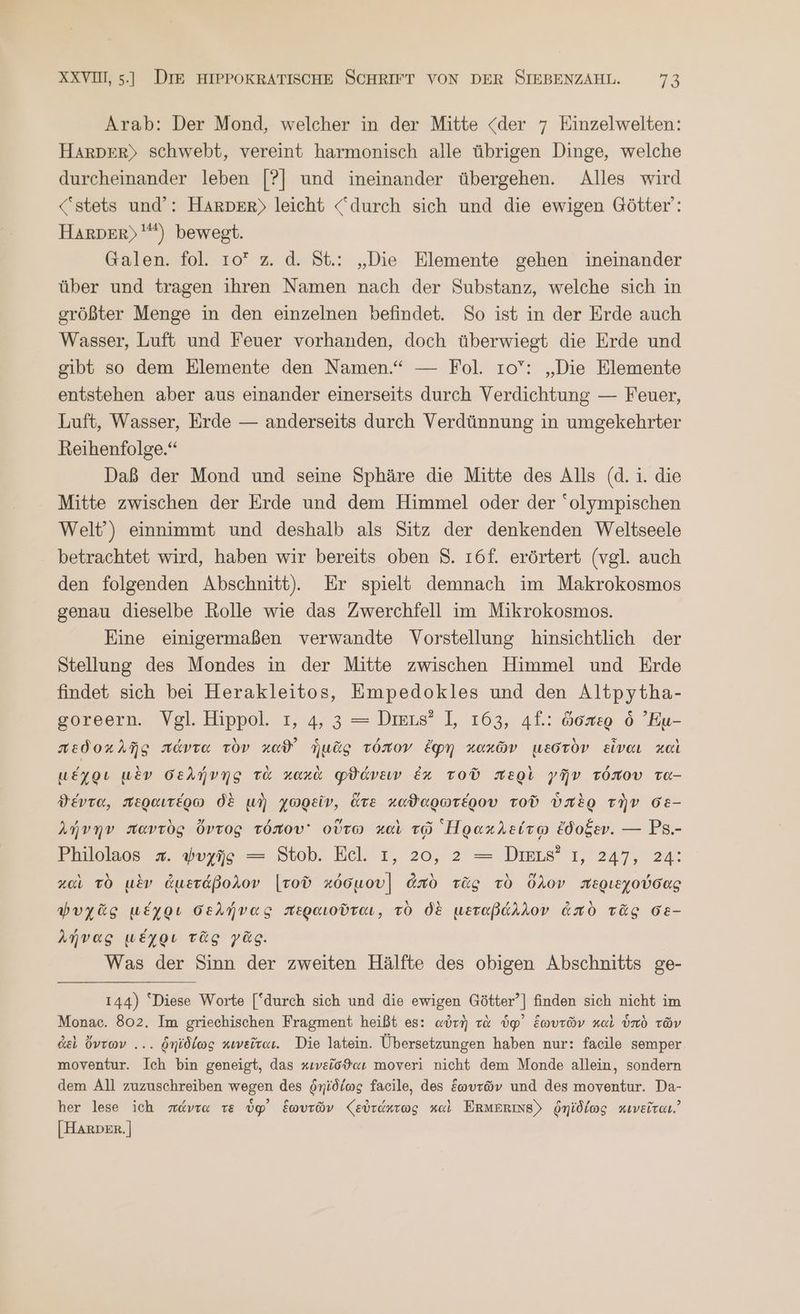 Arab: Der Mond, welcher in der Mitte <der 7 Einzelwelten: HARDER) schwebt, vereint harmonisch alle übrigen Dinge, welche durcheinander leben [?] und ineinander übergehen. Alles wird stets und’: HARDER) leicht “durch sich und die ewigen Götter’: HARDER)> 2) bewegt. Galen. fol. τοῦ z. ἃ. δύ: „Die Elemente gehen ineinander über und tragen ihren Namen nach der Substanz, welche sich in größter Menge in den einzelnen befindet. So ist in der Erde auch Wasser, Luft und Feuer vorhanden, doch überwiegt die Erde und gibt so dem Elemente den Namen.“ — Fol. τοῦ: „Die Elemente entstehen aber aus einander einerseits durch Verdichtung — Feuer, Luft, Wasser, Erde — anderseits durch Verdünnung in umgekehrter Reihenfolge.“ Daß der Mond und seine Sphäre die Mitte des Alls (ἃ. 1. die Mitte zwischen der Erde und dem Himmel oder der “olympischen Welt’) einnimmt und deshalb als Sitz der denkenden Weltseele betrachtet wird, haben wir bereits oben 5. 16f. erörtert (vgl. auch den folgenden Abschnitt). Er spielt demnach im Makrokosmos genau dieselbe Rolle wie das Zwerchfell im Mikrokosmos. Eine einigermaßen verwandte Vorstellung hinsichtlich der Stellung des Mondes in der Mitte zwischen Himmel und Erde findet sich bei Herakleitos, Empedokles und den Altpytha- goreern. Vgl. Hippol. 1, 4, 3 = Deus? I, 163, 4f.: ὥδπερ ὃ ’Eu- πεδοκλῆς πάντα τὸν ned ἡμᾶς τόπον ἔφη κακῶν μεστὸν εἶναι καὶ μέχρι μὲν σελήνης τὰ καχὰ φϑάνειν ἐκ τοῦ περὶ γῆν τόπου τα- ϑέντα, περαιτέρω δὲ μὴ χωρεῖν, ἅτε καϑαρωτέρου τοῦ ὑπὲρ τὴν 68- λήνην παντὸς ὄντος τόπου οὕτω καὶ τῷ Πρακλείτῳ ἔδοξεν. --- PS.- EPhilelaos =. ψυχῆς = Stob. Eel.'r, 20, 2 = Dir‘ 1, 247,22: καὶ τὸ μὲν ἀμετάβολον [τοῦ κόσμου] ἀπὸ τᾶς τὸ ὅλον περιεχούσας ψυχᾶς μέχρι δελήνας περαιοῦται, τὸ δὲ μεταβάλλον ἀπὸ τᾶς σε- λήνας μέχρι τᾶς γᾶς. Was der Sinn der zweiten Hälfte des obigen Abschnitts ge- 144) “Diese Worte [durch sich und die ewigen Götter?] finden sich nicht im Monac. 802. Im griechischen Fragment heißt es: αὐτὴ τὰ ὑφ᾽ ἑωυτῶν καὶ ὑπὸ τῶν ἀεὶ ὄντων ... ῥηϊδίως κινεῖται. Die latein. Übersetzungen haben nur: facile semper moventur. Ich bin geneigt, das κινεῖσθαι moveri nicht dem Monde allein, sondern dem All zuzuschreiben wegen des ῥηϊδίως facile, des ξωυτῶν und des moventur. Da- her lese ich πάντα τε ὑφ᾽ ἕξωυτῶν (εὐτάκτως καὶ ERMERINS) ῥηϊδίως κινεῖται. [HARDeR.]