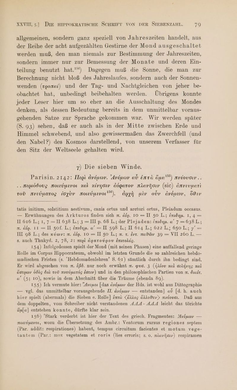 allgemeinen, sondern ganz speziell von Jahreszeiten handelt, aus der Reihe der acht aufgezählten Gestirne der Mond ausgeschaltet werden muß, den man niemals zur Bestimmung der Jahreszeiten, sondern immer nur zur Bemessung der Monate und deren Ein- teilung benutzt hat.'”) Dagegen muß die Sonne, die man zur Berechnung nicht bloß des Jahreslaufes, sondern auch der Sonnen- wenden (rooxei) und der Tag- und Nachtgleichen von jeher be- obachtet hat, unbedingt beibehalten werden. Ubrigens konnte jeder Leser hier um so eher an die Ausschaltung des Mondes denken, als dessen Bedeutung bereits in dem unmittelbar voraus- gehenden Satze zur Sprache gekommen war. Wir werden später (S. 93) sehen, daß er auch als in der Mitte zwischen Erde und Himmel schwebend, und also gewissermaßen das Zwerchfell (und den Nabel?) des Kosmos darstellend, von unserem Verfasser für den Sitz der Weltseele gehalten wird. y) Die sieben Winde. Parisin. 2142: Περὶ ἀνέμων. Avtuov αὖ ἑπτὰ ἅμα) πνέουσιν... ες περιόδους ποιεύμενοι καὶ κίνησιν ἀόρατον πλανῆσιν (Sic) ἀπνευματὶ τοῦ πνεύματος ἰσχὺν ποιεύμενοι. ἀρχὴ μὲν οὖν ἀνέμων, Oder tatis initium, solstitium aestivum, canis ortus und areturi ortus, Pleiadum occasus. — Erwähnungen des Arkturos finden sich π. ἀέρ. 10 =II 50 L.; ἐπιδημ. 1,4 = ἘΓΘΙΘΊΤ τα, 7-4 6383.1L:3 = ΠῚ 2:68 L:sder. Pisjaden: ἐπιδήμ. α΄ 7=0638L;; 10. δέῃ. IT =U 50£. L.; &amp;mıönu. ὦ“ — ID 598 L.; ΠῚ 614 L.; 622 L.; 650 L; y = III 98 L.; des κύων: m. ἀέρ. 10 = 1] 50 L.; π. τ. vr. παϑῶν 39 = VI 260 L. — 8. auch Thukyd. 2, 78, 2: περὶ ἀρκτούρου ἐπιτολάς. 154) Infolgedessen spielt der Mond (mit seinen Phasen) eine auffallend geringe Rolle im Corpus Hippocrateum, obwohl im letzten Grunde die so zahlreichen hebdo- madischen Fristen (5. Hebdomadenlehren’ S. 61) sämtlich durch ihn bedingt sind, Er wird abgesehen von π. Eßd. nur noch erwähnt π. @vo. 3 (ἡλίου καὶ σελήνης καὶ ἄστρων ὁδὸς διὰ τοῦ πνεύματός ἐστιν) und in den philosophischen Partien von σι. διαίτ. α΄ (5: 10), sowie in dem Abschnitt über die Träume (ebenda 89). 155) Ich vermute hier: Avsuoı [4885 ἀνέμων der Hds. ist wohl aus Dittographie — vgl. das unmittelbar vorausgehende II. ἀνέμων — entstanden] αὖ [d. h. auch hier spielt (abermals) die Sieben e. Rolle] ἑπτὰ (ἄλλος ἄλλοϑενΣ πνέουσι. Daß aus dem doppelten, vom Schreiber nicht verstandenen 4A4A- AAA leicht das törichte &amp;ul«] entstehen konnte, dürfte klar sein. 156) “Stark verderbt ist hier der Text des griech. Fragmentes: νέμων — ποιεύμενοι, wozu die Übersetzung des Ambr.: Ventorum rursus regiones septem (Par. addit: respirationes) habent, tempus circuitum facientes et motum vege- tantem (Par.: mox vegetatem et roris (lies erroris; 5. 0. πλανῆσιν) respiramen