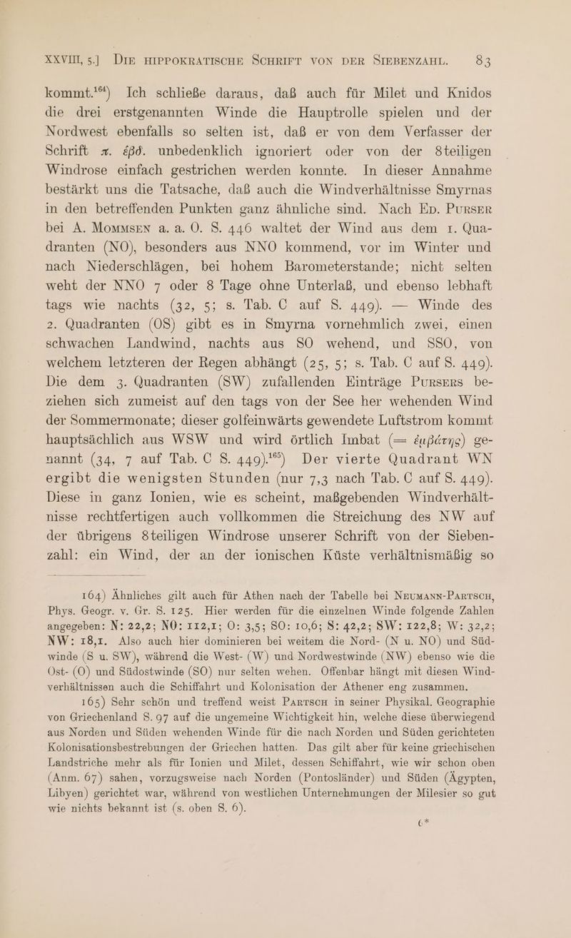 kommt.'“) Ich schließe daraus, daß auch für Milet und Knidos die drei erstgenannten Winde die Hauptrolle spielen und der Nordwest ebenfalls so selten ist, daß er von dem Verfasser der Schrift =. &ßd. unbedenklich ignoriert oder von der Steiligen Windrose einfach gestrichen werden konnte. In dieser Annahme bestärkt uns die Tatsache, daß auch die Windverhältnisse Smyrnas in den betreffenden Punkten ganz ähnliche sind. Nach Ep. Purser bei A. MommsEn ἃ. ἃ. 0. S. 446 waltet der Wind aus dem 1. Qua- dranten (NO), besonders aus NNO kommend, vor im Winter und nach Niederschlägen, bei hohem Barometerstande; nicht selten weht der NNO 7 oder 8 Tage ohne Unterlaß, und ebenso lebhaft tags wie nachts (32, 5; s. Tab. C auf S. 449). — Winde des 2. Quadranten (OS) gibt es in Smyrna vornehmlich zwei, einen schwachen Landwind, nachts aus SO wehend, und SSO, von welchem letzteren der Regen abhängt (25, 5; s. Tab. C auf 5. 449). Die dem 3. Quadranten (SW) zufallenden Einträge Pursers be- ziehen sich zumeist auf den tags von der See her wehenden Wind der Sommermonate; dieser golfeinwärts gewendete Luftstrom kommt hauptsächlich aus WSW und wird örtlich Imbat (= ἐμβάτης) ge- nannt (34, 7 auf Tab. C 5. 449).) Der vierte Quadrant ὟΝ ergibt die wenigsten Stunden (nur 7,3 nach Tab. C auf 8. 449). Diese in ganz lonien, wie es scheint, maßgebenden Windverhält- nisse rechtfertigen auch vollkommen die Streichung des NW auf der übrigens Steiligen Windrose unserer Schrift von der Sieben- zahl: ein Wind, der an der ionischen Küste verhältnismäßig so 164) Ähnliches gilt auch für Athen nach der Tabelle bei Nzumann-Parrscn, Phys. Geogr. v. Gr. S. 125. Hier werden für die einzelnen Winde folgende Zahlen angegeben: N: 22,2; N0: 112,1; O: 3,5; SO: 10,6; ΒΨ 42,2»8W: 122,8; W: 32,2; NW: 18,1. Also auch hier dominieren bei weitem die Nord- (N u. NO) und Süd- winde (S u. SW), während die West- (W) und Nordwestwinde (NW) ebenso wie die Öst- (ΟἹ) und Südostwinde (SO) nur selten wehen. Offenbar hängt mit diesen Wind- verhältnissen auch die Schiffahrt und Kolonisation der Athener eng zusammen. 165) Sehr schön und treffend weist ParrscH in seiner Physikal. Geographie von Griechenland S. 97 auf die ungemeine Wichtigkeit hin, welche diese überwiegend aus Norden und Süden wehenden Winde für die nach Norden und Süden gerichteten Kolonisationsbestrebungen der Griechen hatten. Das gilt aber für keine griechischen Landstriche mehr als für Ionien und Milet, dessen Schiffahrt, wie wir schon oben (Anm. 67) sahen, vorzugsweise nach Norden (Pontosländer) und Süden (Ägypten, Libyen) gerichtet war, während von westlichen Unternehmungen der Milesier so gut wie nichts bekannt ist (5. oben 8. 6). 6*