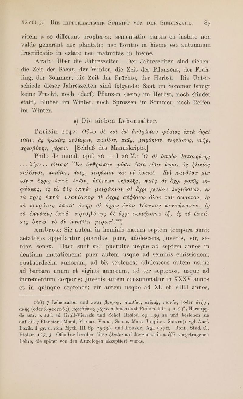 vicem a se differunt propterea: sementatio partes ea instate non valde generant nec plantatio nec floritio in hieme est autumnum fructificatio in estate nec maturitas in hieme. Arab.: Über die Jahreszeiten. Der Jahreszeiten sind sieben: ‘ die Zeit des Säens, der Winter, die Zeit des Pflanzens, der Früh- ling, der Sommer, die Zeit der Früchte, der Herbst. Die Unter- schiede dieser Jahreszeiten sind folgende: Saat im Sommer bringt keine Frucht, noch <darf)> Pflanzen «sein» im Herbst, noch <findet statt» Blühen im Winter, noch Sprossen im Sommer, noch Reifen im Winter. e) Die sieben Lebensalter. Parisin. 2142: Οὕτω δὲ καὶ ἐπ᾿ ἀνθρώπου φύσιος ἑπτὰ Goal εἰσιν, ἃς ἡλικίας καλέομεν, παιδίον, παῖς, μειράκιον, νεηνίσπος, ἀνήρ, πρεσβύτης, γέρων. |Schluß des Manuskripts.] Philo de mundi opif. 36 - I 26 M.: Ὁ δὲ ieroög ᾿Ιπποχράτης ...Mysı.. οὕτως Ev ἀνθρώπου φύσει ἑπτά εἰσιν ὧραι, ἃς ἡλικίας καλέουσι, παιδίον, Teig, μειράκιον καὶ αἱ λοιπαί. Καὶ παιδίον μέν ἐστιν ἄχρις ἑπτὰ ἐτῶν, ὀδόντων ἐχβολῆς, παῖς δὲ ἄχρι γονῆς ἐκ- φύσεως, ἐς τὰ δὶς ἑπτά μειράκιον δὲ ἄχρι γενείου λαχνώδεως, ἐς τὰ τρὶς ἑπτά: νεανίσκος δὲ ἄχρις αὐξήσιος ὅλου τοῦ σώματος. ἐς τὰ τετράκις ὅπτά᾽ ἀνὴρ δὲ ἄχρις ἑνὸς δέοντος πεντήκοντα, ἐς τὰ ἑπτάκις ἑπτά᾽ πρεσβύτης δὲ ἄχρι πεντήκοντα ἕξ, ἐς τὰ ἑπτά- χις ὀχτώ τὸ δὲ ἐντεῦϑεν γέρων᾽. Ambros.: Sic autem in hominis natura septem tempora sunt; aetat<e)s appellantur puerulus, puer, adolescens, juvenis, vir, se- nior, senex. Haec sunt sic: puerulus usque ad septem annos in dentium mutationem; puer autem usque ad seminis emissionem, quatuordecim annorum, ad bis septenos; adulescens autem usque ad barbam unum et viginti annorum, ad ter septenos, usque ad incrementum corporis; juvenis autem consummatur in XXXV annos 168) 7 Lebensalter und zwar βρέφος, παιδίον, μεῖραξ, νεανίας |oder ἀνήρ], ἀνήρ (oder ἀκμαστικὸς), πρεσβύτης, γέρων nehmen auch Ptolem. tetr. 4 p. 53, Hermipp. de astr. p. 22f. ed. Kroll-Viereck und Schol. Hesiod. op. 439 an und beziehen sie auf die 7 Planeten (Mond, Mercur, Venus, Sonne, Mars, Juppiter, Saturn); vgl. Ausf. Lexik. ἃ. gr. u. röm. Myth. III Sp. 2533/4 und LoseEck, Agl. 9371, Borı, Stud. Cl. Ptolem. 123, 3. Offenbar beruhen diese ἡλικίαι auf der zuerst in π᾿ Eßd. vorgetragenen Lehre, die später von den Astrologen akzeptiert wurde.