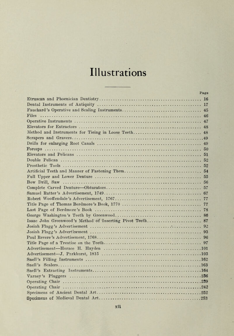 Illustrations Page Etruscan and Phoenician Dentistry 16 Dental Instruments of Antiquity 17 Fauchard’s Operative and Scaling Instruments 45 Files 46 Operative Instruments 47 Elevators for Extractors 48 Method and Instruments for Tieing in Loose Teeth 48 Scrapers and Gravers 49 Drills for enlarging Root Canals 49 Forceps 50 Elevators and Pelicans 51 Double Pelican 52 Prosthetic Tools 52 Artificial Teeth and Manner of Fastening Them 54 Full Upper and Lower Denture 55 Bow Drill, Saw 56 Complete Carved Denture—Obturators 57 Samuel Rutter’s Advertisement, 1749 67 Robert Wooffendale’s Advertisement, 1767 77 Title Page of Thomas Berdmore’s Book, 1770 77 Last Page of Berdmore’s Book 78 George Washington’s Teeth by Greenwood 86 Isaac John Greenwood’s Method of Inserting Pivot Teeth 87 Josiah Flagg’s Advertisement • 92 Josiah Flagg’s Advertisement 93 Paul Revere’s Advertisement, 1768 96 Title Page of a Treatise on the Teeth 97 Advertisement—Horace H. Hayden 101 Advertisement—J. Parkhurst, 1815 103 Snell’s Filling Instruments 162 Snell’s Sealers 163 Snell’s Extracting Instruments 164 Varney’s Pluggers 236 Operating Chair 239 Operating Chair 242 Specimens of Ancient Dental Art 252 Specimens of Medieval Dental Art 253