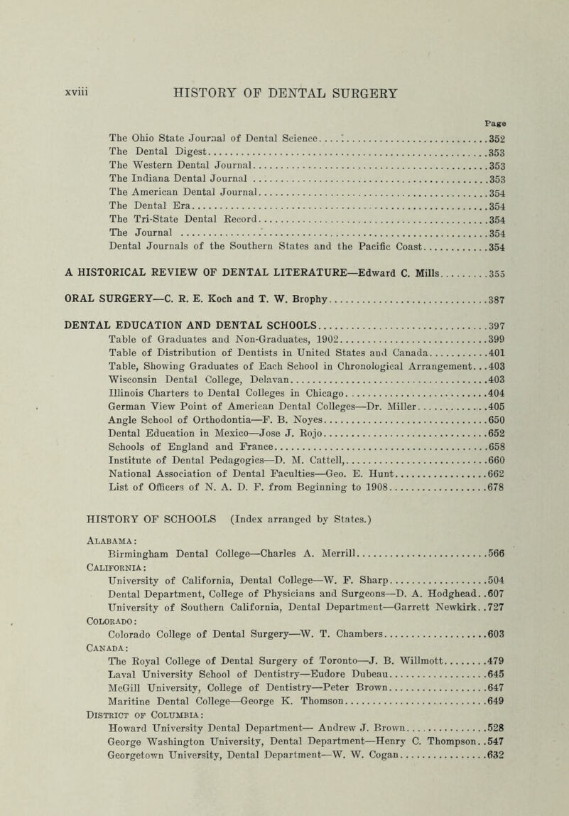 Page The Ohio State Journal of Dental Science. ... 352 The Dental Digest 353 The Western Dental Journal 353 The Indiana Dental Journal 353 The American Dental Journal 354 The Dental Era 354 The Tri-State Dental Record 354 The Journal 354 Dental Journals of the Southern States and the Pacific Coast 354 A HISTORICAL REVIEW OF DENTAL LITERATURE—Edward C. Mills 355 ORAL SURGERY—C. R. E. Koch and T. W. Brophy 387 DENTAL EDUCATION AND DENTAL SCHOOLS 397 Table of Graduates and Non-Graduates, 1902 399 Table of Distribution of Dentists in United States and Canada 401 Table, Showing Graduates of Each School in Chronological Arrangement. ..403 Wisconsin Dental College, Delavan 403 Illinois Charters to Dental Colleges in Chicago 404 German View Point of American Dental Colleges—Dr. Miller 405 Angle School of Orthodontia—F. B. Noyes 650 Dental Education in Mexico—Jose J. Rojo 652 Schools of England and France 658 Institute of Dental Pedagogics—D. M. Cattell, 660 National Association of Dental Faculties—Geo. E. Hunt 662 List of Officers of N. A. D. F. from Beginning to 1908 678 HISTORY OF SCHOOLS (Index arranged by States.) Alabama : Birmingham Dental College—Charles A. Merrill 566 California : University of California, Dental College—W. F. Sharp 504 Dental Department, College of Physicians and Surgeons—D. A. Hodghead. .607 University of Southern California, Dental Department—Garrett Newkirk..727 Colorado: Colorado College of Dental Surgery—W. T. Chambers 603 Canada : The Royal College of Dental Surgery of Toronto—J. B. Willmott 479 Laval University School of Dentistry—Eudore Dubeau 645 McGill University, College of Dentistry—Peter Brown 647 Maritine Dental College—George K. Thomson 649 District of Columbia: Howard University Dental Department— Andrew J. Brown 528 George Washington University, Dental Department—Henry C. Thompson. .547 Georgetown University, Dental Department—W. W. Cogan 632