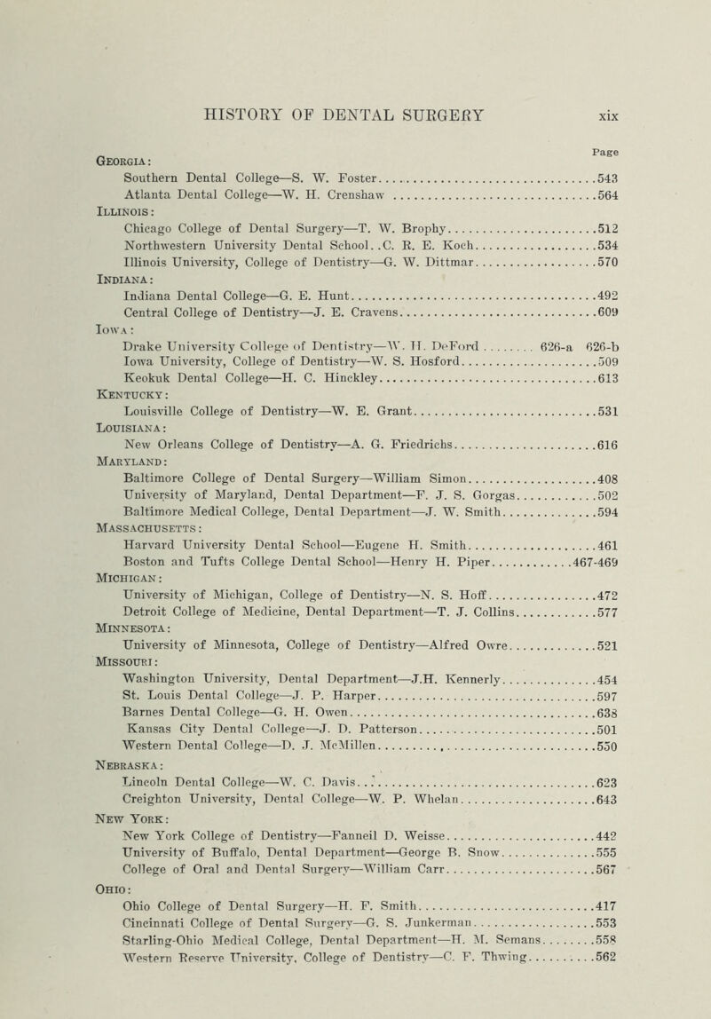 „ Page Georgia : Southern Dental College—S. W. Foster.... 543 Atlanta Dental College—W. H. Crenshaw 564 Illinois : Chicago College of Dental Surgery—T. W. Brophy 512 Northwestern University Dental School. .C. B. E. Koch 534 Illinois University, College of Dentistry—G. W. Dittmar 570 Indiana : Indiana Dental College—G. E. Hunt 492 Central College of Dentistry—J. E. Cravens 609 Iowa : Drake University College of Dentistry—W. H. DeFord 626-a 626-b Iowa University, College of Dentistry—W. S. Hosford 509 Keokuk Dental College—H. C. Hinckley 613 Kentucky: Louisville College of Dentistry—W. E. Grant 531 Louisiana : New Orleans College of Dentistry—A. G. Friedrichs 616 Maryland : Baltimore College of Dental Surgery—William Simon 408 University of Maryland, Dental Department—F. J. S. Gorgas 502 Baltimore Medical College, Dental Department—J. W. Smith 594 Massachusetts: Harvard University Dental School—Eugene H. Smith 461 Boston and Tufts College Dental School—Henry H. Piper 467-469 Michigan : University of Michigan, College of Dentistry—N. S. Hoff 472 Detroit College of Medicine, Dental Department—-T. J. Collins 577 Minnesota: University of Minnesota, College of Dentistry—Alfred Owre 521 Missouri: Washington University, Dental Department—J.H. Kennerly 454 St. Louis Dental College—J. P. Harper 597 Barnes Dental College—G. H. Owen 638 Kansas City Dental College—J. D. Patterson 501 Western Dental College—D. .T. McMillen 550 Nebraska: Lincoln Dental College—W. C. Davis...' 623 Creighton University, Dental College—W. P. Whelan 643 New York: New York College of Dentistry—Fanneil D. Weisse 442 University of Buffalo, Dental Department—George B. Snow 555 College of Oral and Dental Surgery—William Carr 567 Ohio: Ohio College of Dental Surgery—H. F. Smith 417 Cincinnati College of Dental Surgery—G. S. Junkerman 553 Starling-Ohio Medical College, Dental Department—H. M. Semans 558 Western 'Reserve University, College of Dentistry—-C. F. Thwing 562