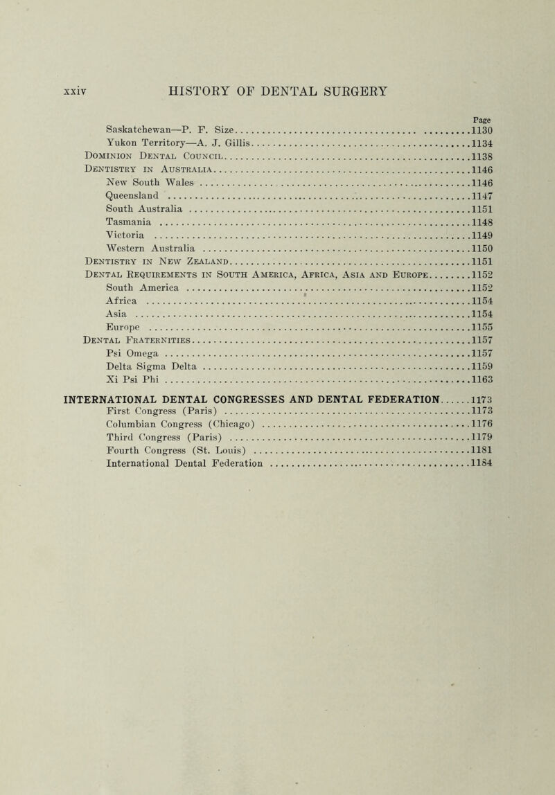 Page Saskatchewan—P. F. Size 1130 Yukon Territory—A. J. Gillis 1134 Dominion Dental Council 1138 Dentistry in Australia 1146 New South Wales 1146 Queensland 1147 South Australia 1151 Tasmania 1148 Victoria 1149 Western Australia 1150 Dentistry in New Zealand 1151 Dental Requirements in South America, Africa, Asia and Europe 1152 South America 1152 0 Africa 1154 Asia 1154 Europe 1155 Dental Fraternities 1157 Psi Omega 1157 Delta Sigma Delta 1159 Xi Psi Phi 1163 INTERNATIONAL DENTAL CONGRESSES AND DENTAL FEDERATION 1173 First Congress (Paris) 1173 Columbian Congress (Chicago) 1176 Third Congress (Paris) 1179 Fourth Congress (St. Louis) 1181 International Dental Federation 1184