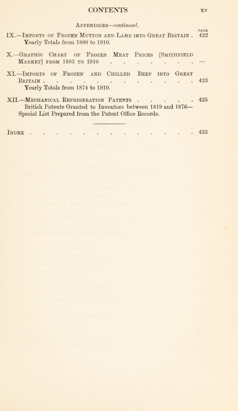 Appendices—continued. IX. —Imports of Frozen Mutton and Lamb into Great Britain . Yearly Totals from 1880 to 1910. X. —Graphic Chart of Frozen Meat Prices (Smithfield Market) from 1883 to 1910 XI. —Imports of Frozen and Chilled Beef into Great Britain Yearly Totals from 1874 to 1910. XII. —Mechanical Eefrigeration Patents British Patents Granted to Inventors between 1819 and 1876— Special List Prepared from the Patent Office Eecords. Index PACK 422 423 425 433