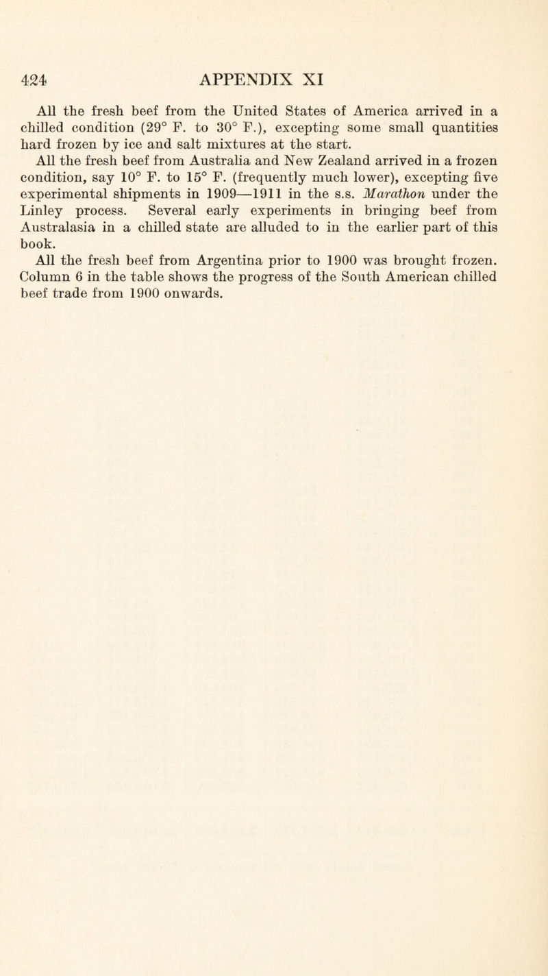 All the fresh beef from the United States of America arrived in a chilled condition (29° F. to 30° F.), excepting some small quantities hard frozen by ice and salt mixtures at the start. All the fresh beef from Australia and New Zealand arrived in a frozen condition, say 10° F. to 15° F. (frequently much lower), excepting five experimental shipments in 1909—1911 in the s.s. Marathon under the Linley process. Several early experiments in bringing beef from Australasia in a chilled state are alluded to in the earlier part of this book. All the fresh beef from Argentina prior to 1900 was brought frozen. Column 6 in the table shows the progress of the South American chilled beef trade from 1900 onwards.