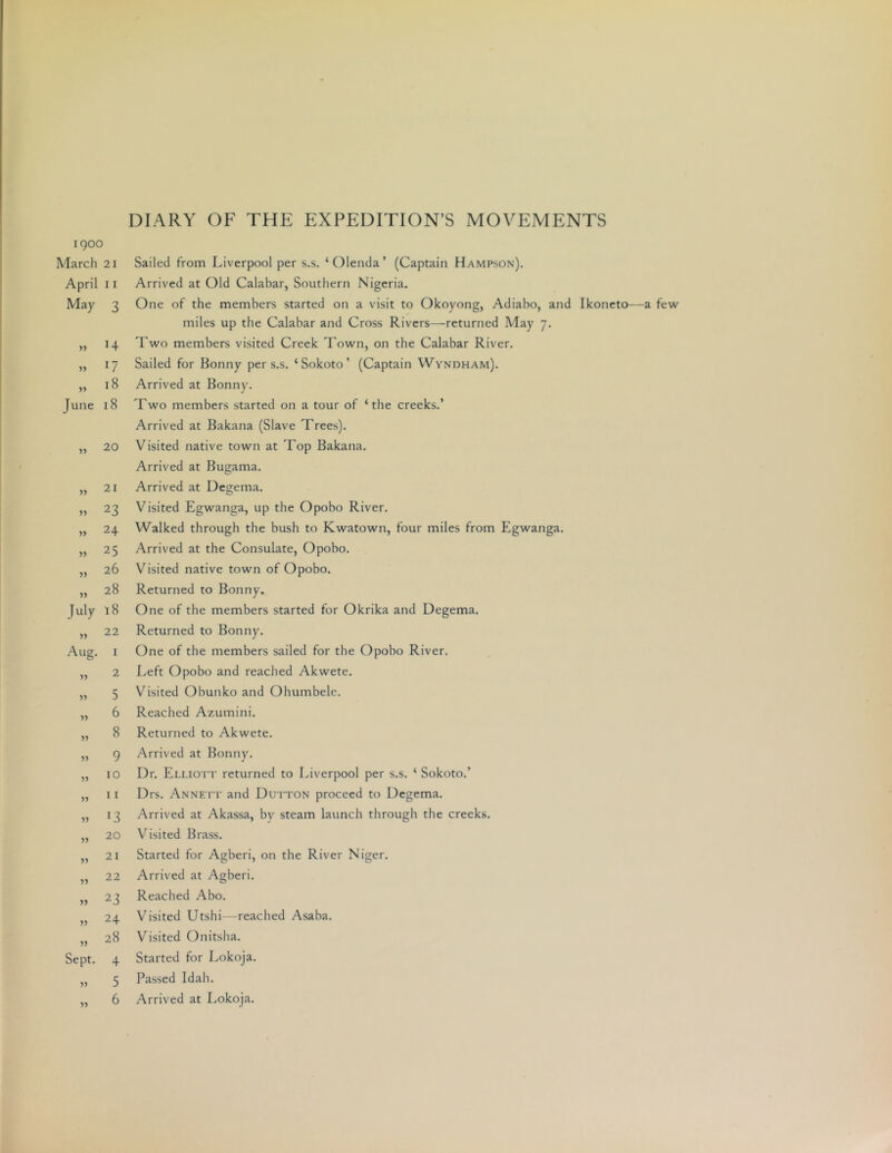 DIARY OF THE EXPEDITION’S MOVEMENTS 1900 March 21 April 11 May 3 » 14 0 18 June 18 >> 20 21 » 23 24 » 25 26 » 28 July 18 >> 22 Aug. I )) 2 yy 5 yy 6 yy 8 yy 9 yy 10 yy 11 yy 13 yy 20 yy 21 yy 22 yy 23 yy 24 yy 28 Sept. 4 yy 5 yy 6 Sailed from Liverpool per s.s, ‘Glenda’ (Captain Hampson). Arrived at Old Calabar, Southern Nigeria. One of the members started on a visit to Okoyong, Adiabo, and Ikoncto—a fe miles up the Calabar and Cross Rivers—^returned May 7. Two members visited Creek Town, on the Calabar River. Sailed for Bonny per s.s. ‘Sokoto’ (Captain Wyndham). Arrived at Bonny. Two members started on a tour of ‘the creeks.’ Arrived at Bakana (Slave Trees). Visited native town at Top Bakana. Arrived at Bugama. Arrived at Degema. Visited Egwanga, up the Opobo River. Walked through the bush to Kwatown, four miles from Egwanga. Arrived at the Consulate, Opobo. Visited native town of Opobo. Returned to Bonny. One of the members started for Okrika and Degema. Returned to Bonny. One of the members sailed for the Opobo River. Left Opobo and reached Akwete. Visited Obunko and Ohumbele. Reached Azumini. Returned to Akwete. Arrived at Bonny. Dr. Elliott returned to Liverpool per s.s. ‘ Sokoto.’ Drs. Annett and Dutton proceed to Degema. Arrived at Akassa, by steam launch through the creeks. Visited Brass. Started for Agberi, on the River Niger. Arrived at Agberi. Reached Abo. Visited Utshi—reached Asaba. Visited Onitsha. Started for Lokoja. Passed Idah. Arrived at Lokoja.