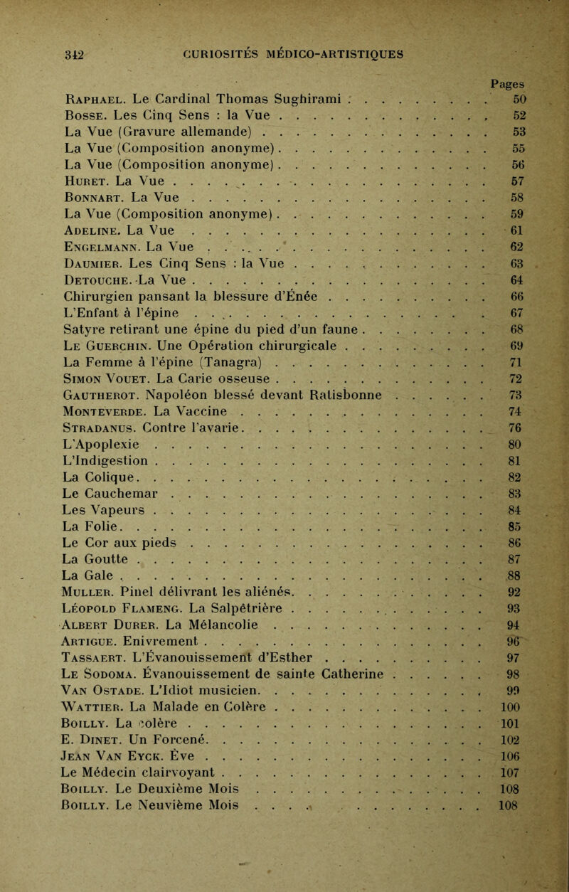 Pages Raphaël. Le Cardinal Thomas Sughirami 50 Bosse. Les Cinq Sens : la Vue 52 La Vue (Gravure allemande) 53 La Vue (Composition anonyme) 55 La Vue (Composition anonyme) 55 Huret. La Vue 57 Bonnart. La Vue 58 La Vue (Composition anonyme) . 59 Adeline. La Vue 61 Engelmann. La Vue 62 Daumier. Les Cinq Sens : la Vue 63 Detouche. La Vue 64 Chirurgien pansant la blessure d’Énée 66 L’Enfant à l’épine 67 Satyre retirant une épine du pied d’un faune 68 Le Guerchin. Une Opération chirurgicale . 69 La Femme à l’épine (Tanagra) 71 Simon Vouet. La Carie osseuse 72 Gaütherot. Napoléon blessé devant Ratisbonne 73 Monteverde. La Vaccine 74 Stradanus. Contre l’avarie 76 L’Apoplexie 80 L’Indigestion 81 La Colique 82 Le Cauchemar 83 Les Vapeurs 84 La Folie 85 Le Cor aux pieds 86 La Goutte 87 La Gale 88 Muller. Pinel délivrant les aliénés 92 Léopold Flameng. La Salpêtrière 93 Albert Durer. La Mélancolie 94 Artigue. Enivrement 96 Tassaert. L’Évanouissement d’Esther 97 Le Sodoma. Évanouissement de sainte Catherine 98 Van Ostade. LTdiot musicien 99 Wattier. La Malade en Colère 100 Boilly. La colère 101 E. Dinet. Un Forcené 102 Jean Van Eyck. Éve 106 Le Médecin clairvoyant 107 Boilly. Le Deuxième Mois 108 Boilly. Le Neuvième Mois .... 108